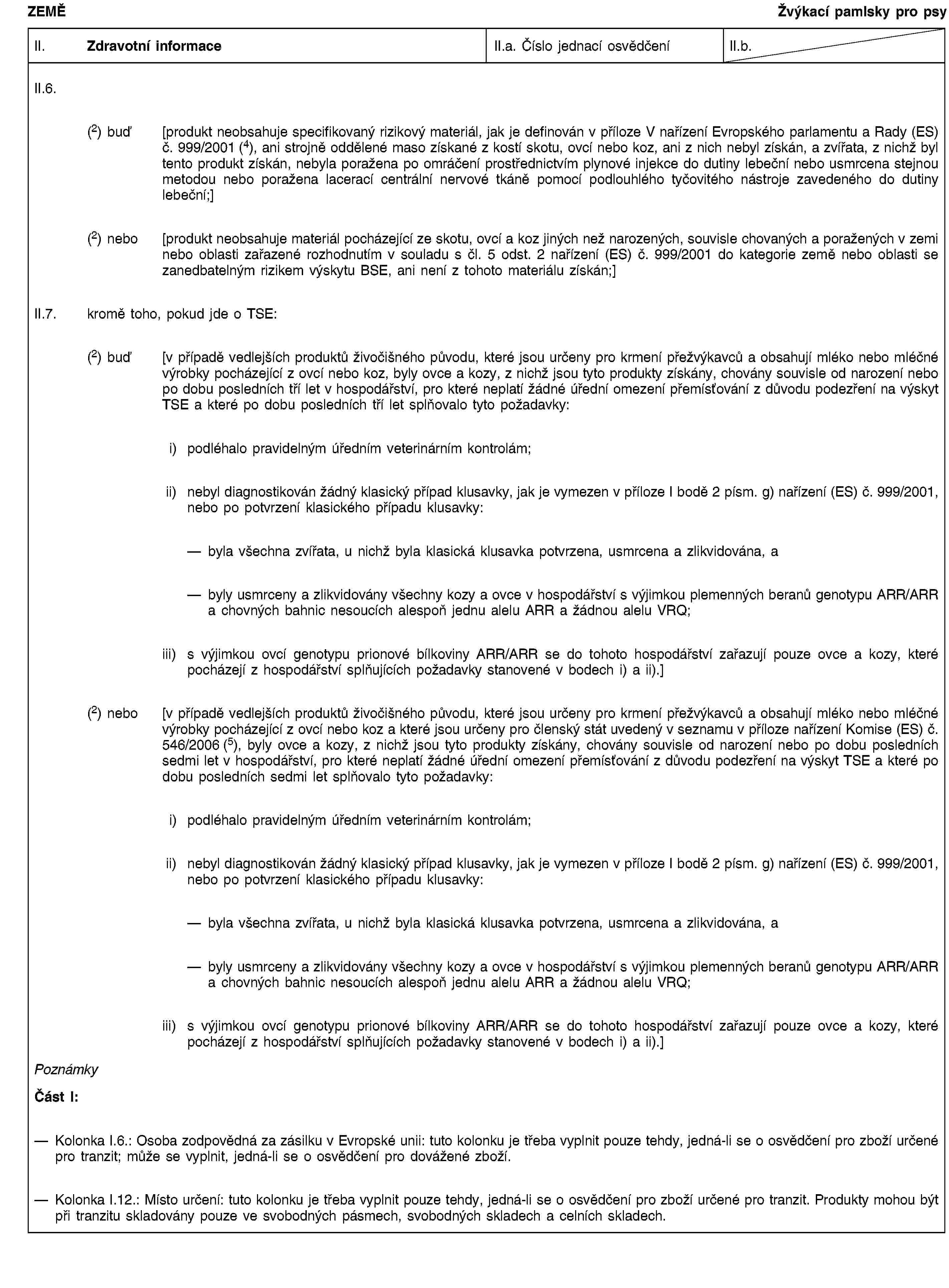 ZEMĚŽvýkací pamlsky pro psyII. Zdravotní informaceII.a. Číslo jednací osvědčeníII.b.II.6.(2) buď [produkt neobsahuje specifikovaný rizikový materiál, jak je definován v příloze V nařízení Evropského parlamentu a Rady (ES) č. 999/2001 (4), ani strojně oddělené maso získané z kostí skotu, ovcí nebo koz, ani z nich nebyl získán, a zvířata, z nichž byl tento produkt získán, nebyla poražena po omráčení prostřednictvím plynové injekce do dutiny lebeční nebo usmrcena stejnou metodou nebo poražena lacerací centrální nervové tkáně pomocí podlouhlého tyčovitého nástroje zavedeného do dutiny lebeční;](2) nebo [produkt neobsahuje materiál pocházející ze skotu, ovcí a koz jiných než narozených, souvisle chovaných a poražených v zemi nebo oblasti zařazené rozhodnutím v souladu s čl. 5 odst. 2 nařízení (ES) č. 999/2001 do kategorie země nebo oblasti se zanedbatelným rizikem výskytu BSE, ani není z tohoto materiálu získán;]II.7. kromě toho, pokud jde o TSE:(2) buď [v případě vedlejších produktů živočišného původu, které jsou určeny pro krmení přežvýkavců a obsahují mléko nebo mléčné výrobky pocházející z ovcí nebo koz, byly ovce a kozy, z nichž jsou tyto produkty získány, chovány souvisle od narození nebo po dobu posledních tří let v hospodářství, pro které neplatí žádné úřední omezení přemísťování z důvodu podezření na výskyt TSE a které po dobu posledních tří let splňovalo tyto požadavky:i) podléhalo pravidelným úředním veterinárním kontrolám;ii) nebyl diagnostikován žádný klasický případ klusavky, jak je vymezen v příloze I bodě 2 písm. g) nařízení (ES) č. 999/2001, nebo po potvrzení klasického případu klusavky:byla všechna zvířata, u nichž byla klasická klusavka potvrzena, usmrcena a zlikvidována, abyly usmrceny a zlikvidovány všechny kozy a ovce v hospodářství s výjimkou plemenných beranů genotypu ARR/ARR a chovných bahnic nesoucích alespoň jednu alelu ARR a žádnou alelu VRQ;iii) s výjimkou ovcí genotypu prionové bílkoviny ARR/ARR se do tohoto hospodářství zařazují pouze ovce a kozy, které pocházejí z hospodářství splňujících požadavky stanovené v bodech i) a ii).](2) nebo [v případě vedlejších produktů živočišného původu, které jsou určeny pro krmení přežvýkavců a obsahují mléko nebo mléčné výrobky pocházející z ovcí nebo koz a které jsou určeny pro členský stát uvedený v seznamu v příloze nařízení Komise (ES) č. 546/2006 (5), byly ovce a kozy, z nichž jsou tyto produkty získány, chovány souvisle od narození nebo po dobu posledních sedmi let v hospodářství, pro které neplatí žádné úřední omezení přemísťování z důvodu podezření na výskyt TSE a které po dobu posledních sedmi let splňovalo tyto požadavky:i) podléhalo pravidelným úředním veterinárním kontrolám;ii) nebyl diagnostikován žádný klasický případ klusavky, jak je vymezen v příloze I bodě 2 písm. g) nařízení (ES) č. 999/2001, nebo po potvrzení klasického případu klusavky:byla všechna zvířata, u nichž byla klasická klusavka potvrzena, usmrcena a zlikvidována, abyly usmrceny a zlikvidovány všechny kozy a ovce v hospodářství s výjimkou plemenných beranů genotypu ARR/ARR a chovných bahnic nesoucích alespoň jednu alelu ARR a žádnou alelu VRQ;iii) s výjimkou ovcí genotypu prionové bílkoviny ARR/ARR se do tohoto hospodářství zařazují pouze ovce a kozy, které pocházejí z hospodářství splňujících požadavky stanovené v bodech i) a ii).]PoznámkyČást I:Kolonka I.6.: Osoba zodpovědná za zásilku v Evropské unii: tuto kolonku je třeba vyplnit pouze tehdy, jedná-li se o osvědčení pro zboží určené pro tranzit; může se vyplnit, jedná-li se o osvědčení pro dovážené zboží.Kolonka I.12.: Místo určení: tuto kolonku je třeba vyplnit pouze tehdy, jedná-li se o osvědčení pro zboží určené pro tranzit. Produkty mohou být při tranzitu skladovány pouze ve svobodných pásmech, svobodných skladech a celních skladech.