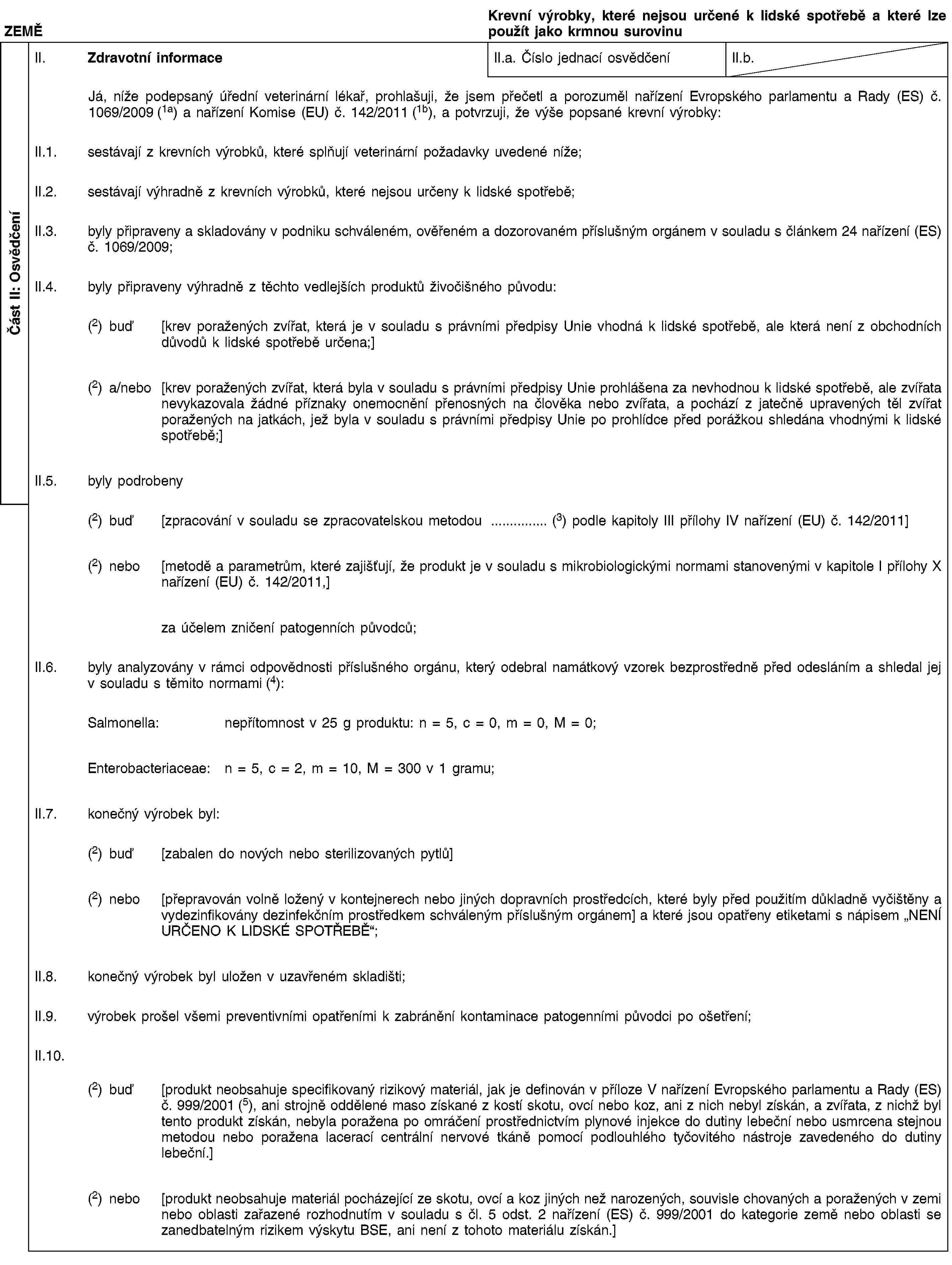 Část II: OsvědčeníZEMĚKrevní výrobky, které nejsou určené k lidské spotřebě a které lze použít jako krmnou surovinuII. Zdravotní informaceII.a. Číslo jednací osvědčeníII.b.Já, níže podepsaný úřední veterinární lékař, prohlašuji, že jsem přečetl a porozuměl nařízení Evropského parlamentu a Rady (ES) č. 1069/2009 (1a) a nařízení Komise (EU) č. 142/2011 (1b), a potvrzuji, že výše popsané krevní výrobky:II.1. sestávají z krevních výrobků, které splňují veterinární požadavky uvedené níže;II.2. sestávají výhradně z krevních výrobků, které nejsou určeny k lidské spotřebě;II.3. byly připraveny a skladovány v podniku schváleném, ověřeném a dozorovaném příslušným orgánem v souladu s článkem 24 nařízení (ES) č. 1069/2009;II.4. byly připraveny výhradně z těchto vedlejších produktů živočišného původu:(2) buď [krev poražených zvířat, která je v souladu s právními předpisy Unie vhodná k lidské spotřebě, ale která není z obchodních důvodů k lidské spotřebě určena;](2) a/nebo [krev poražených zvířat, která byla v souladu s právními předpisy Unie prohlášena za nevhodnou k lidské spotřebě, ale zvířata nevykazovala žádné příznaky onemocnění přenosných na člověka nebo zvířata, a pochází z jatečně upravených těl zvířat poražených na jatkách, jež byla v souladu s právními předpisy Unie po prohlídce před porážkou shledána vhodnými k lidské spotřebě;]II.5. byly podrobeny(2) buď [zpracování v souladu se zpracovatelskou metodou … (3) podle kapitoly III přílohy IV nařízení (EU) č. 142/2011](2) nebo [metodě a parametrům, které zajišťují, že produkt je v souladu s mikrobiologickými normami stanovenými v kapitole I přílohy X nařízení (EU) č. 142/2011,]za účelem zničení patogenních původců;II.6. byly analyzovány v rámci odpovědnosti příslušného orgánu, který odebral namátkový vzorek bezprostředně před odesláním a shledal jej v souladu s těmito normami (4):Salmonella: nepřítomnost v 25 g produktu: n = 5, c = 0, m = 0, M = 0;Enterobacteriaceae: n = 5, c = 2, m = 10, M = 300 v 1 gramu;II.7. konečný výrobek byl:(2) buď [zabalen do nových nebo sterilizovaných pytlů](2) nebo [přepravován volně ložený v kontejnerech nebo jiných dopravních prostředcích, které byly před použitím důkladně vyčištěny a vydezinfikovány dezinfekčním prostředkem schváleným příslušným orgánem] a které jsou opatřeny etiketami s nápisem „NENÍ URČENO K LIDSKÉ SPOTŘEBĚ“;II.8. konečný výrobek byl uložen v uzavřeném skladišti;II.9. výrobek prošel všemi preventivními opatřeními k zabránění kontaminace patogenními původci po ošetření;II.10.(2) buď [produkt neobsahuje specifikovaný rizikový materiál, jak je definován v příloze V nařízení Evropského parlamentu a Rady (ES) č. 999/2001 (5), ani strojně oddělené maso získané z kostí skotu, ovcí nebo koz, ani z nich nebyl získán, a zvířata, z nichž byl tento produkt získán, nebyla poražena po omráčení prostřednictvím plynové injekce do dutiny lebeční nebo usmrcena stejnou metodou nebo poražena lacerací centrální nervové tkáně pomocí podlouhlého tyčovitého nástroje zavedeného do dutiny lebeční.](2) nebo [produkt neobsahuje materiál pocházející ze skotu, ovcí a koz jiných než narozených, souvisle chovaných a poražených v zemi nebo oblasti zařazené rozhodnutím v souladu s čl. 5 odst. 2 nařízení (ES) č. 999/2001 do kategorie země nebo oblasti se zanedbatelným rizikem výskytu BSE, ani není z tohoto materiálu získán.]
