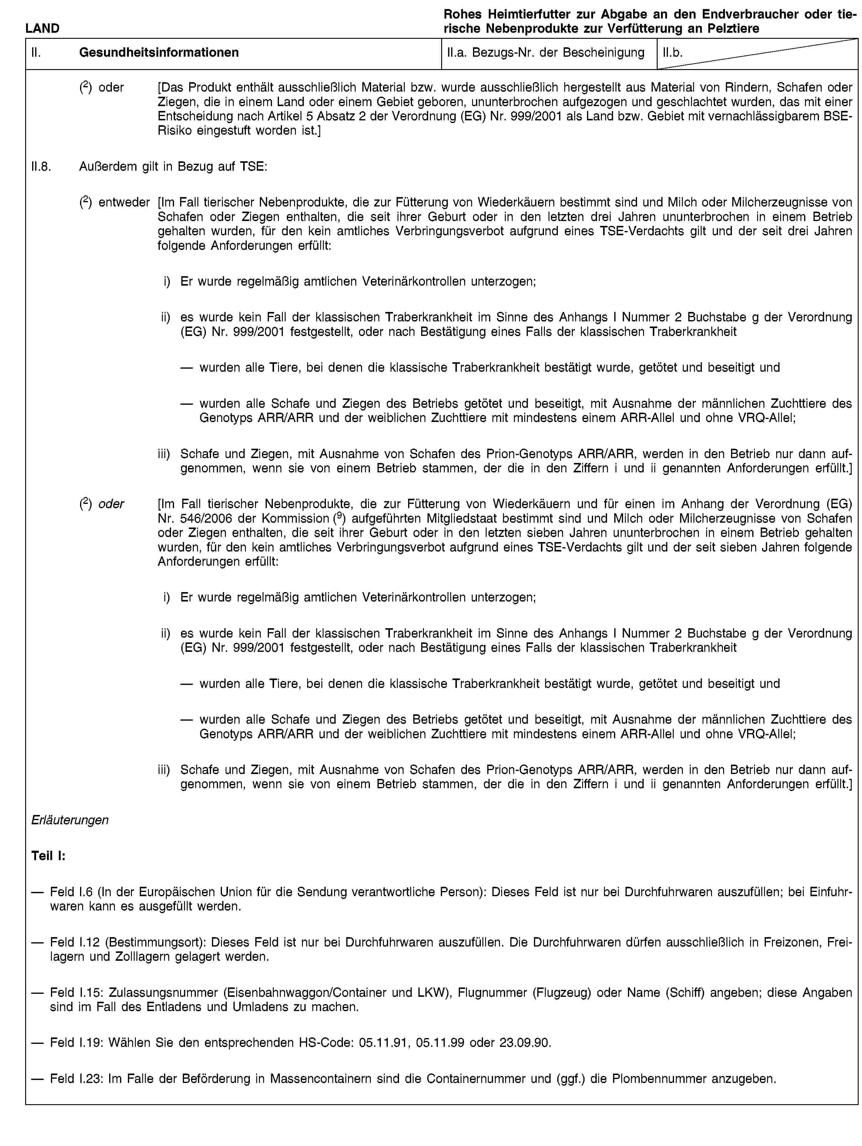 LANDRohes Heimtierfutter zur Abgabe an den Endverbraucher oder tierische Nebenprodukte zur Verfütterung an PelztiereII. GesundheitsinformationenII.a. Bezugs-Nr. der BescheinigungII.b.(2) oder [Das Produkt enthält ausschließlich Material bzw. wurde ausschließlich hergestellt aus Material von Rindern, Schafen oder Ziegen, die in einem Land oder einem Gebiet geboren, ununterbrochen aufgezogen und geschlachtet wurden, das mit einer Entscheidung nach Artikel 5 Absatz 2 der Verordnung (EG) Nr. 999/2001 als Land bzw. Gebiet mit vernachlässigbarem BSE-Risiko eingestuft worden ist.]II.8. Außerdem gilt in Bezug auf TSE:(2) entweder [Im Fall tierischer Nebenprodukte, die zur Fütterung von Wiederkäuern bestimmt sind und Milch oder Milcherzeugnisse von Schafen oder Ziegen enthalten, die seit ihrer Geburt oder in den letzten drei Jahren ununterbrochen in einem Betrieb gehalten wurden, für den kein amtliches Verbringungsverbot aufgrund eines TSE-Verdachts gilt und der seit drei Jahren folgende Anforderungen erfüllt:i) Er wurde regelmäßig amtlichen Veterinärkontrollen unterzogen;ii) es wurde kein Fall der klassischen Traberkrankheit im Sinne des Anhangs I Nummer 2 Buchstabe g der Verordnung (EG) Nr. 999/2001 festgestellt, oder nach Bestätigung eines Falls der klassischen Traberkrankheitwurden alle Tiere, bei denen die klassische Traberkrankheit bestätigt wurde, getötet und beseitigt undwurden alle Schafe und Ziegen des Betriebs getötet und beseitigt, mit Ausnahme der männlichen Zuchttiere des Genotyps ARR/ARR und der weiblichen Zuchttiere mit mindestens einem ARR-Allel und ohne VRQ-Allel;iii) Schafe und Ziegen, mit Ausnahme von Schafen des Prion-Genotyps ARR/ARR, werden in den Betrieb nur dann aufgenommen, wenn sie von einem Betrieb stammen, der die in den Ziffern i und ii genannten Anforderungen erfüllt.](2) oder [Im Fall tierischer Nebenprodukte, die zur Fütterung von Wiederkäuern und für einen im Anhang der Verordnung (EG) Nr. 546/2006 der Kommission (9) aufgeführten Mitgliedstaat bestimmt sind und Milch oder Milcherzeugnisse von Schafen oder Ziegen enthalten, die seit ihrer Geburt oder in den letzten sieben Jahren ununterbrochen in einem Betrieb gehalten wurden, für den kein amtliches Verbringungsverbot aufgrund eines TSE-Verdachts gilt und der seit sieben Jahren folgende Anforderungen erfüllt:i) Er wurde regelmäßig amtlichen Veterinärkontrollen unterzogen;ii) es wurde kein Fall der klassischen Traberkrankheit im Sinne des Anhangs I Nummer 2 Buchstabe g der Verordnung (EG) Nr. 999/2001 festgestellt, oder nach Bestätigung eines Falls der klassischen Traberkrankheitwurden alle Tiere, bei denen die klassische Traberkrankheit bestätigt wurde, getötet und beseitigt undwurden alle Schafe und Ziegen des Betriebs getötet und beseitigt, mit Ausnahme der männlichen Zuchttiere des Genotyps ARR/ARR und der weiblichen Zuchttiere mit mindestens einem ARR-Allel und ohne VRQ-Allel;iii) Schafe und Ziegen, mit Ausnahme von Schafen des Prion-Genotyps ARR/ARR, werden in den Betrieb nur dann aufgenommen, wenn sie von einem Betrieb stammen, der die in den Ziffern i und ii genannten Anforderungen erfüllt.]ErläuterungenTeil I:Feld I.6 (In der Europäischen Union für die Sendung verantwortliche Person): Dieses Feld ist nur bei Durchfuhrwaren auszufüllen; bei Einfuhrwaren kann es ausgefüllt werden.Feld I.12 (Bestimmungsort): Dieses Feld ist nur bei Durchfuhrwaren auszufüllen. Die Durchfuhrwaren dürfen ausschließlich in Freizonen, Freilagern und Zolllagern gelagert werden.Feld I.15: Zulassungsnummer (Eisenbahnwaggon/Container und LKW), Flugnummer (Flugzeug) oder Name (Schiff) angeben; diese Angaben sind im Fall des Entladens und Umladens zu machen.Feld I.19: Wählen Sie den entsprechenden HS-Code: 05.11.91, 05.11.99 oder 23.09.90.Feld I.23: Im Falle der Beförderung in Massencontainern sind die Containernummer und (ggf.) die Plombennummer anzugeben.