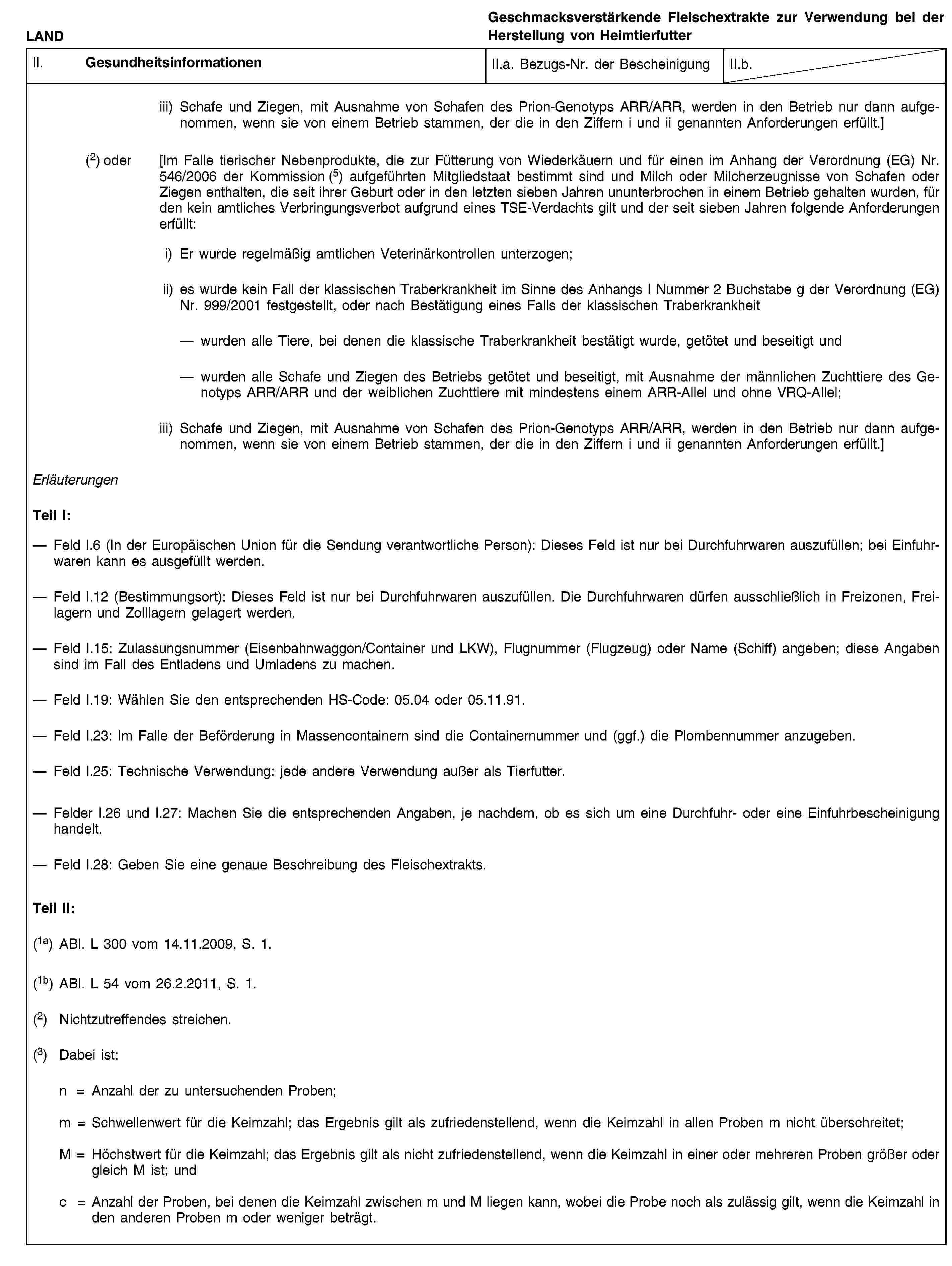 LANDGeschmacksverstärkende Fleischextrakte zur Verwendung bei der Herstellung von HeimtierfutterII. GesundheitsinformationenII.a. Bezugs-Nr. der BescheinigungII.b.iii) Schafe und Ziegen, mit Ausnahme von Schafen des Prion-Genotyps ARR/ARR, werden in den Betrieb nur dann aufgenommen, wenn sie von einem Betrieb stammen, der die in den Ziffern i und ii genannten Anforderungen erfüllt.](2) oder [Im Falle tierischer Nebenprodukte, die zur Fütterung von Wiederkäuern und für einen im Anhang der Verordnung (EG) Nr. 546/2006 der Kommission (5) aufgeführten Mitgliedstaat bestimmt sind und Milch oder Milcherzeugnisse von Schafen oder Ziegen enthalten, die seit ihrer Geburt oder in den letzten sieben Jahren ununterbrochen in einem Betrieb gehalten wurden, für den kein amtliches Verbringungsverbot aufgrund eines TSE-Verdachts gilt und der seit sieben Jahren folgende Anforderungen erfüllt:i) Er wurde regelmäßig amtlichen Veterinärkontrollen unterzogen;ii) es wurde kein Fall der klassischen Traberkrankheit im Sinne des Anhangs I Nummer 2 Buchstabe g der Verordnung (EG) Nr. 999/2001 festgestellt, oder nach Bestätigung eines Falls der klassischen Traberkrankheitwurden alle Tiere, bei denen die klassische Traberkrankheit bestätigt wurde, getötet und beseitigt undwurden alle Schafe und Ziegen des Betriebs getötet und beseitigt, mit Ausnahme der männlichen Zuchttiere des Genotyps ARR/ARR und der weiblichen Zuchttiere mit mindestens einem ARR-Allel und ohne VRQ-Allel;iii) Schafe und Ziegen, mit Ausnahme von Schafen des Prion-Genotyps ARR/ARR, werden in den Betrieb nur dann aufgenommen, wenn sie von einem Betrieb stammen, der die in den Ziffern i und ii genannten Anforderungen erfüllt.]ErläuterungenTeil I:Feld I.6 (In der Europäischen Union für die Sendung verantwortliche Person): Dieses Feld ist nur bei Durchfuhrwaren auszufüllen; bei Einfuhrwaren kann es ausgefüllt werden.Feld I.12 (Bestimmungsort): Dieses Feld ist nur bei Durchfuhrwaren auszufüllen. Die Durchfuhrwaren dürfen ausschließlich in Freizonen, Freilagern und Zolllagern gelagert werden.Feld I.15: Zulassungsnummer (Eisenbahnwaggon/Container und LKW), Flugnummer (Flugzeug) oder Name (Schiff) angeben; diese Angaben sind im Fall des Entladens und Umladens zu machen.Feld I.19: Wählen Sie den entsprechenden HS-Code: 05.04 oder 05.11.91.Feld I.23: Im Falle der Beförderung in Massencontainern sind die Containernummer und (ggf.) die Plombennummer anzugeben.Feld I.25: Technische Verwendung: jede andere Verwendung außer als Tierfutter.Felder I.26 und I.27: Machen Sie die entsprechenden Angaben, je nachdem, ob es sich um eine Durchfuhr- oder eine Einfuhrbescheinigung handelt.Feld I.28: Geben Sie eine genaue Beschreibung des Fleischextrakts.Teil II:(1a) ABl. L 300 vom 14.11.2009, S. 1.(1b) ABl. L 54 vom 26.2.2011, S. 1.(2) Nichtzutreffendes streichen.(3) Dabei ist:n = Anzahl der zu untersuchenden Proben;m = Schwellenwert für die Keimzahl; das Ergebnis gilt als zufriedenstellend, wenn die Keimzahl in allen Proben m nicht überschreitet;M = Höchstwert für die Keimzahl; das Ergebnis gilt als nicht zufriedenstellend, wenn die Keimzahl in einer oder mehreren Proben größer oder gleich M ist; undc = Anzahl der Proben, bei denen die Keimzahl zwischen m und M liegen kann, wobei die Probe noch als zulässig gilt, wenn die Keimzahl in den anderen Proben m oder weniger beträgt.