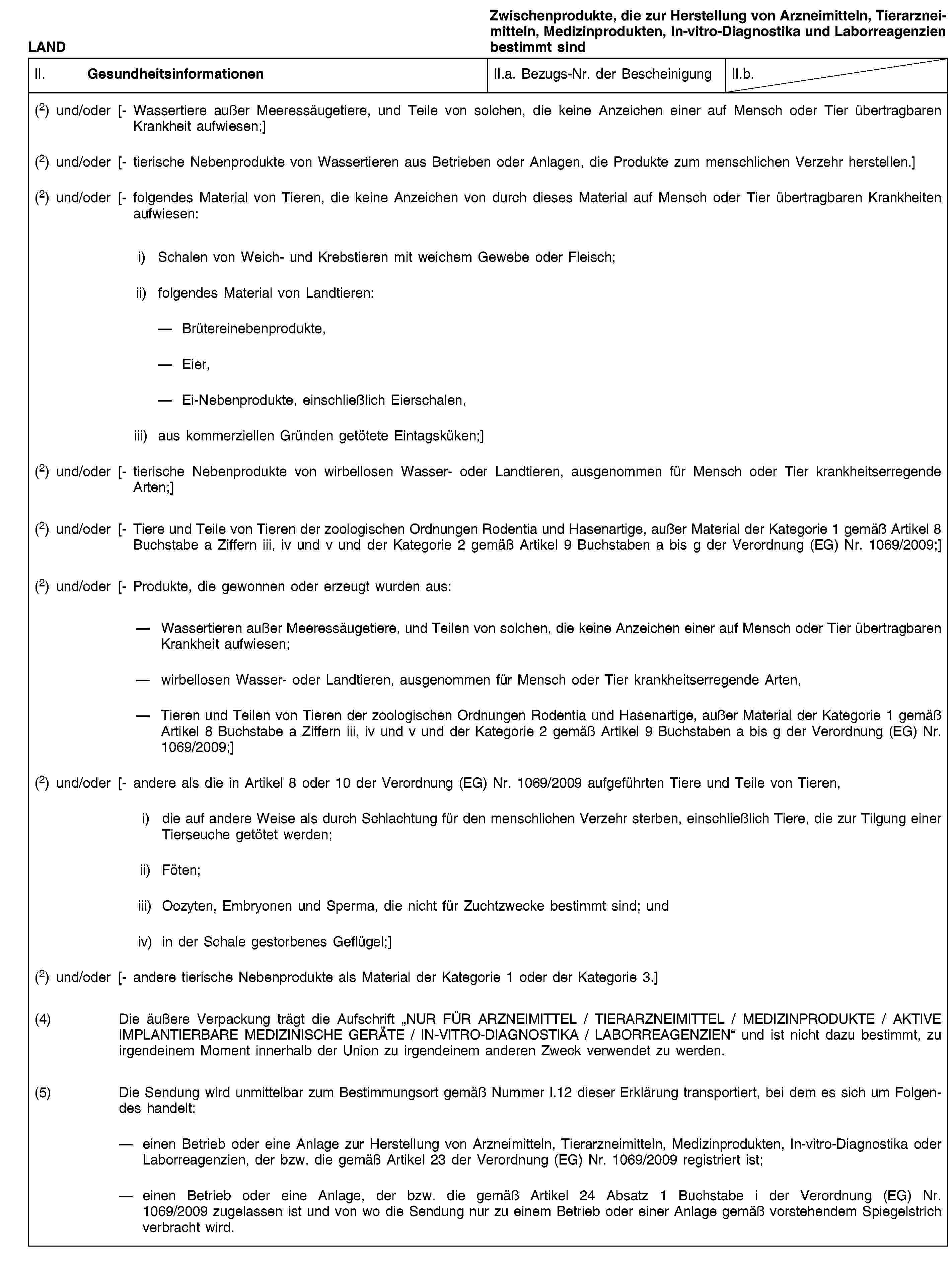 LANDZwischenprodukte, die zur Herstellung von Arzneimitteln, Tierarzneimitteln, Medizinprodukten, In-vitro-Diagnostika und Laborreagenzien bestimmt sindII. GesundheitsinformationenII.a. Bezugs-Nr. der BescheinigungII.b.(2) und/oder [- Wassertiere außer Meeressäugetiere, und Teile von solchen, die keine Anzeichen einer auf Mensch oder Tier übertragbaren Krankheit aufwiesen;](2) und/oder [- tierische Nebenprodukte von Wassertieren aus Betrieben oder Anlagen, die Produkte zum menschlichen Verzehr herstellen.](2) und/oder [- folgendes Material von Tieren, die keine Anzeichen von durch dieses Material auf Mensch oder Tier übertragbaren Krankheiten aufwiesen:i) Schalen von Weich- und Krebstieren mit weichem Gewebe oder Fleisch;ii) folgendes Material von Landtieren:Brütereinebenprodukte,Eier,Ei-Nebenprodukte, einschließlich Eierschalen,iii) aus kommerziellen Gründen getötete Eintagsküken;](2) und/oder [- tierische Nebenprodukte von wirbellosen Wasser- oder Landtieren, ausgenommen für Mensch oder Tier krankheitserregende Arten;](2) und/oder [- Tiere und Teile von Tieren der zoologischen Ordnungen Rodentia und Hasenartige, außer Material der Kategorie 1 gemäß Artikel 8 Buchstabe a Ziffern iii, iv und v und der Kategorie 2 gemäß Artikel 9 Buchstaben a bis g der Verordnung (EG) Nr. 1069/2009;](2) und/oder [- Produkte, die gewonnen oder erzeugt wurden aus:Wassertieren außer Meeressäugetiere, und Teilen von solchen, die keine Anzeichen einer auf Mensch oder Tier übertragbaren Krankheit aufwiesen;wirbellosen Wasser- oder Landtieren, ausgenommen für Mensch oder Tier krankheitserregende Arten,Tieren und Teilen von Tieren der zoologischen Ordnungen Rodentia und Hasenartige, außer Material der Kategorie 1 gemäß Artikel 8 Buchstabe a Ziffern iii, iv und v und der Kategorie 2 gemäß Artikel 9 Buchstaben a bis g der Verordnung (EG) Nr. 1069/2009;](2) und/oder [- andere als die in Artikel 8 oder 10 der Verordnung (EG) Nr. 1069/2009 aufgeführten Tiere und Teile von Tieren,i) die auf andere Weise als durch Schlachtung für den menschlichen Verzehr sterben, einschließlich Tiere, die zur Tilgung einer Tierseuche getötet werden;ii) Föten;iii) Oozyten, Embryonen und Sperma, die nicht für Zuchtzwecke bestimmt sind; undiv) in der Schale gestorbenes Geflügel;](2) und/oder [- andere tierische Nebenprodukte als Material der Kategorie 1 oder der Kategorie 3.](4) Die äußere Verpackung trägt die Aufschrift „NUR FÜR ARZNEIMITTEL / TIERARZNEIMITTEL / MEDIZINPRODUKTE / AKTIVE IMPLANTIERBARE MEDIZINISCHE GERÄTE / IN-VITRO-DIAGNOSTIKA / LABORREAGENZIEN“ und ist nicht dazu bestimmt, zu irgendeinem Moment innerhalb der Union zu irgendeinem anderen Zweck verwendet zu werden.(5) Die Sendung wird unmittelbar zum Bestimmungsort gemäß Nummer I.12 dieser Erklärung transportiert, bei dem es sich um Folgendes handelt:einen Betrieb oder eine Anlage zur Herstellung von Arzneimitteln, Tierarzneimitteln, Medizinprodukten, In-vitro-Diagnostika oder Laborreagenzien, der bzw. die gemäß Artikel 23 der Verordnung (EG) Nr. 1069/2009 registriert ist;einen Betrieb oder eine Anlage, der bzw. die gemäß Artikel 24 Absatz 1 Buchstabe i der Verordnung (EG) Nr. 1069/2009 zugelassen ist und von wo die Sendung nur zu einem Betrieb oder einer Anlage gemäß vorstehendem Spiegelstrich verbracht wird.