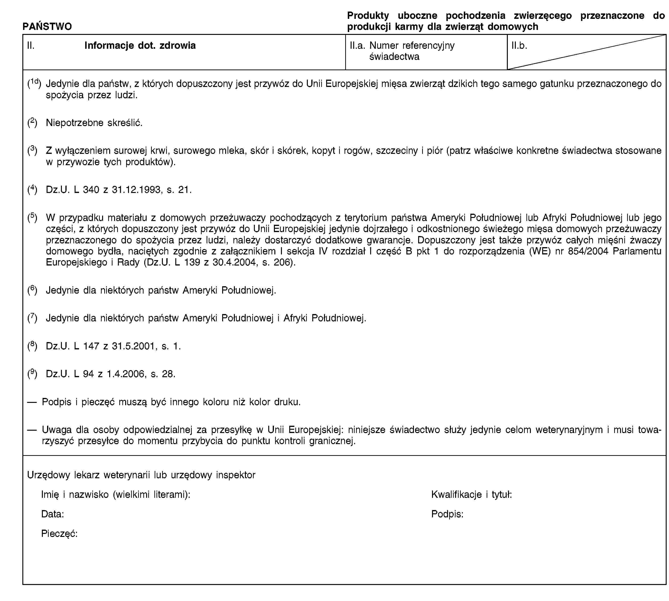 PAŃSTWOProdukty uboczne pochodzenia zwierzęcego przeznaczone do produkcji karmy dla zwierząt domowychII. Informacje dot. zdrowiaII.a. Numer referencyjny świadectwaII.b.(1d) Jedynie dla państw, z których dopuszczony jest przywóz do Unii Europejskiej mięsa zwierząt dzikich tego samego gatunku przeznaczonego do spożycia przez ludzi.(2) Niepotrzebne skreślić.(3) Z wyłączeniem surowej krwi, surowego mleka, skór i skórek, kopyt i rogów, szczeciny i piór (patrz właściwe konkretne świadectwa stosowane w przywozie tych produktów).(4) Dz.U. L 340 z 31.12.1993, s. 21.(5) W przypadku materiału z domowych przeżuwaczy pochodzących z terytorium państwa Ameryki Południowej lub Afryki Południowej lub jego części, z których dopuszczony jest przywóz do Unii Europejskiej jedynie dojrzałego i odkostnionego świeżego mięsa domowych przeżuwaczy przeznaczonego do spożycia przez ludzi, należy dostarczyć dodatkowe gwarancje. Dopuszczony jest także przywóz całych mięśni żwaczy domowego bydła, naciętych zgodnie z załącznikiem I sekcja IV rozdział I część B pkt 1 do rozporządzenia (WE) nr 854/2004 Parlamentu Europejskiego i Rady (Dz.U. L 139 z 30.4.2004, s. 206).(6) Jedynie dla niektórych państw Ameryki Południowej.(7) Jedynie dla niektórych państw Ameryki Południowej i Afryki Południowej.(8) Dz.U. L 147 z 31.5.2001, s. 1.(9) Dz.U. L 94 z 1.4.2006, s. 28.Podpis i pieczęć muszą być innego koloru niż kolor druku.Uwaga dla osoby odpowiedzialnej za przesyłkę w Unii Europejskiej: niniejsze świadectwo służy jedynie celom weterynaryjnym i musi towarzyszyć przesyłce do momentu przybycia do punktu kontroli granicznej.Urzędowy lekarz weterynarii lub urzędowy inspektorImię i nazwisko (wielkimi literami):Kwalifikacje i tytuł:Data:Podpis:Pieczęć: