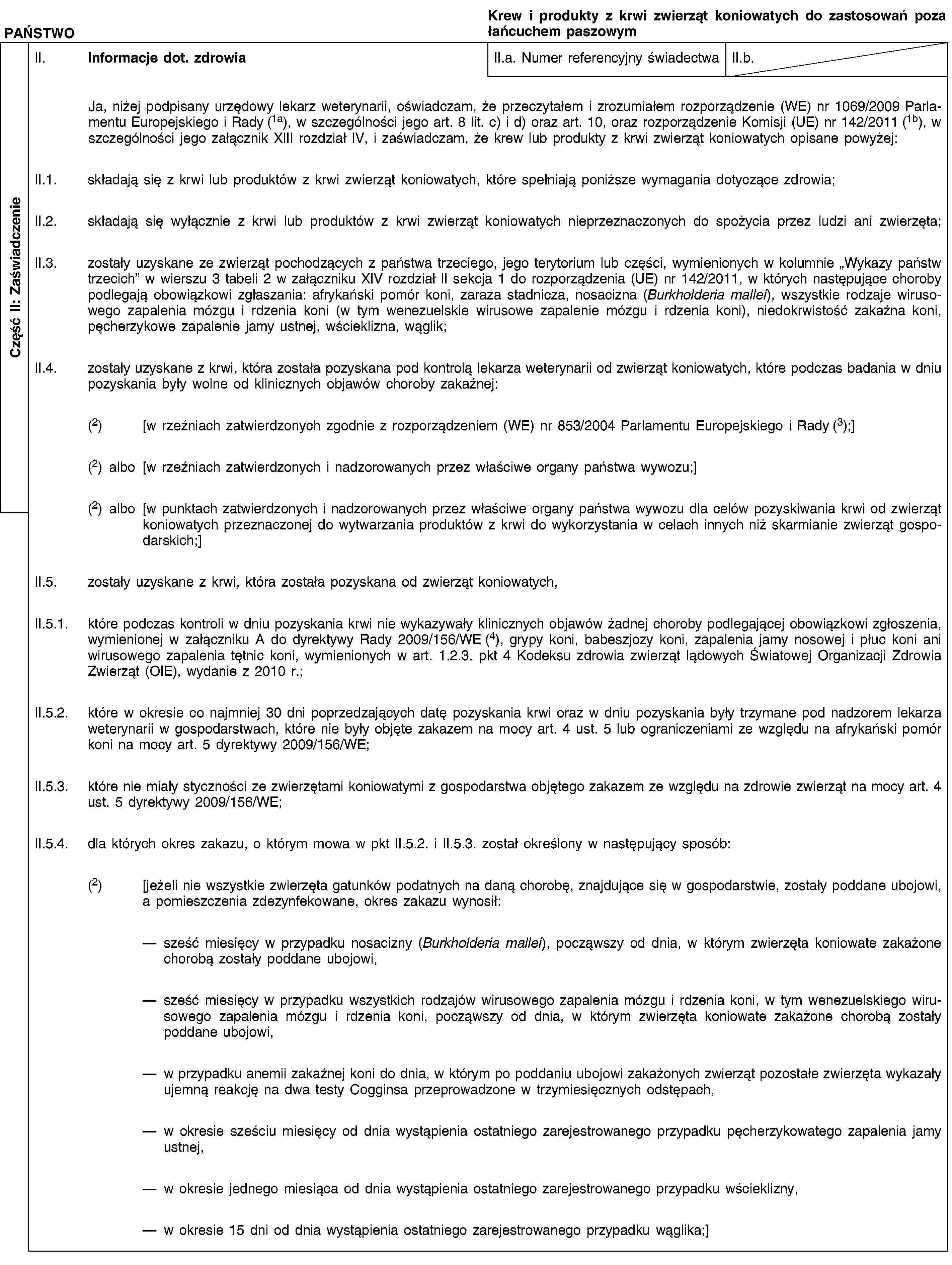 Część II: ZaświadczeniePAŃSTWOKrew i produkty z krwi zwierząt koniowatych do zastosowań poza łańcuchem paszowymII. Informacje dot. zdrowiaII.a. Numer referencyjny świadectwaII.b.Ja, niżej podpisany urzędowy lekarz weterynarii, oświadczam, że przeczytałem i zrozumiałem rozporządzenie (WE) nr 1069/2009 Parlamentu Europejskiego i Rady (1a), w szczególności jego art. 8 lit. c) i d) oraz art. 10, oraz rozporządzenie Komisji (UE) nr 142/2011 (1b), w szczególności jego załącznik XIII rozdział IV, i zaświadczam, że krew lub produkty z krwi zwierząt koniowatych opisane powyżej:II.1. składają się z krwi lub produktów z krwi zwierząt koniowatych, które spełniają poniższe wymagania dotyczące zdrowia;II.2. składają się wyłącznie z krwi lub produktów z krwi zwierząt koniowatych nieprzeznaczonych do spożycia przez ludzi ani zwierzęta;II.3. zostały uzyskane ze zwierząt pochodzących z państwa trzeciego, jego terytorium lub części, wymienionych w kolumnie „Wykazy państw trzecich” w wierszu 3 tabeli 2 w załączniku XIV rozdział II sekcja 1 do rozporządzenia (UE) nr 142/2011, w których następujące choroby podlegają obowiązkowi zgłaszania: afrykański pomór koni, zaraza stadnicza, nosacizna (Burkholderia mallei), wszystkie rodzaje wirusowego zapalenia mózgu i rdzenia koni (w tym wenezuelskie wirusowe zapalenie mózgu i rdzenia koni), niedokrwistość zakaźna koni, pęcherzykowe zapalenie jamy ustnej, wścieklizna, wąglik;II.4. zostały uzyskane z krwi, która została pozyskana pod kontrolą lekarza weterynarii od zwierząt koniowatych, które podczas badania w dniu pozyskania były wolne od klinicznych objawów choroby zakaźnej:(2) [w rzeźniach zatwierdzonych zgodnie z rozporządzeniem (WE) nr 853/2004 Parlamentu Europejskiego i Rady (3);](2) albo [w rzeźniach zatwierdzonych i nadzorowanych przez właściwe organy państwa wywozu;](2) albo [w punktach zatwierdzonych i nadzorowanych przez właściwe organy państwa wywozu dla celów pozyskiwania krwi od zwierząt koniowatych przeznaczonej do wytwarzania produktów z krwi do wykorzystania w celach innych niż skarmianie zwierząt gospodarskich;]II.5. zostały uzyskane z krwi, która została pozyskana od zwierząt koniowatych,II.5.1. które podczas kontroli w dniu pozyskania krwi nie wykazywały klinicznych objawów żadnej choroby podlegającej obowiązkowi zgłoszenia, wymienionej w załączniku A do dyrektywy Rady 2009/156/WE (4), grypy koni, babeszjozy koni, zapalenia jamy nosowej i płuc koni ani wirusowego zapalenia tętnic koni, wymienionych w art. 1.2.3. pkt 4 Kodeksu zdrowia zwierząt lądowych Światowej Organizacji Zdrowia Zwierząt (OIE), wydanie z 2010 r.;II.5.2. które w okresie co najmniej 30 dni poprzedzających datę pozyskania krwi oraz w dniu pozyskania były trzymane pod nadzorem lekarza weterynarii w gospodarstwach, które nie były objęte zakazem na mocy art. 4 ust. 5 lub ograniczeniami ze względu na afrykański pomór koni na mocy art. 5 dyrektywy 2009/156/WE;II.5.3. które nie miały styczności ze zwierzętami koniowatymi z gospodarstwa objętego zakazem ze względu na zdrowie zwierząt na mocy art. 4 ust. 5 dyrektywy 2009/156/WE;II.5.4. dla których okres zakazu, o którym mowa w pkt II.5.2. i II.5.3. został określony w następujący sposób:(2) [jeżeli nie wszystkie zwierzęta gatunków podatnych na daną chorobę, znajdujące się w gospodarstwie, zostały poddane ubojowi, a pomieszczenia zdezynfekowane, okres zakazu wynosił:sześć miesięcy w przypadku nosacizny (Burkholderia mallei), począwszy od dnia, w którym zwierzęta koniowate zakażone chorobą zostały poddane ubojowi,sześć miesięcy w przypadku wszystkich rodzajów wirusowego zapalenia mózgu i rdzenia koni, w tym wenezuelskiego wirusowego zapalenia mózgu i rdzenia koni, począwszy od dnia, w którym zwierzęta koniowate zakażone chorobą zostały poddane ubojowi,w przypadku anemii zakaźnej koni do dnia, w którym po poddaniu ubojowi zakażonych zwierząt pozostałe zwierzęta wykazały ujemną reakcję na dwa testy Cogginsa przeprowadzone w trzymiesięcznych odstępach,w okresie sześciu miesięcy od dnia wystąpienia ostatniego zarejestrowanego przypadku pęcherzykowatego zapalenia jamy ustnej,w okresie jednego miesiąca od dnia wystąpienia ostatniego zarejestrowanego przypadku wścieklizny,w okresie 15 dni od dnia wystąpienia ostatniego zarejestrowanego przypadku wąglika;]
