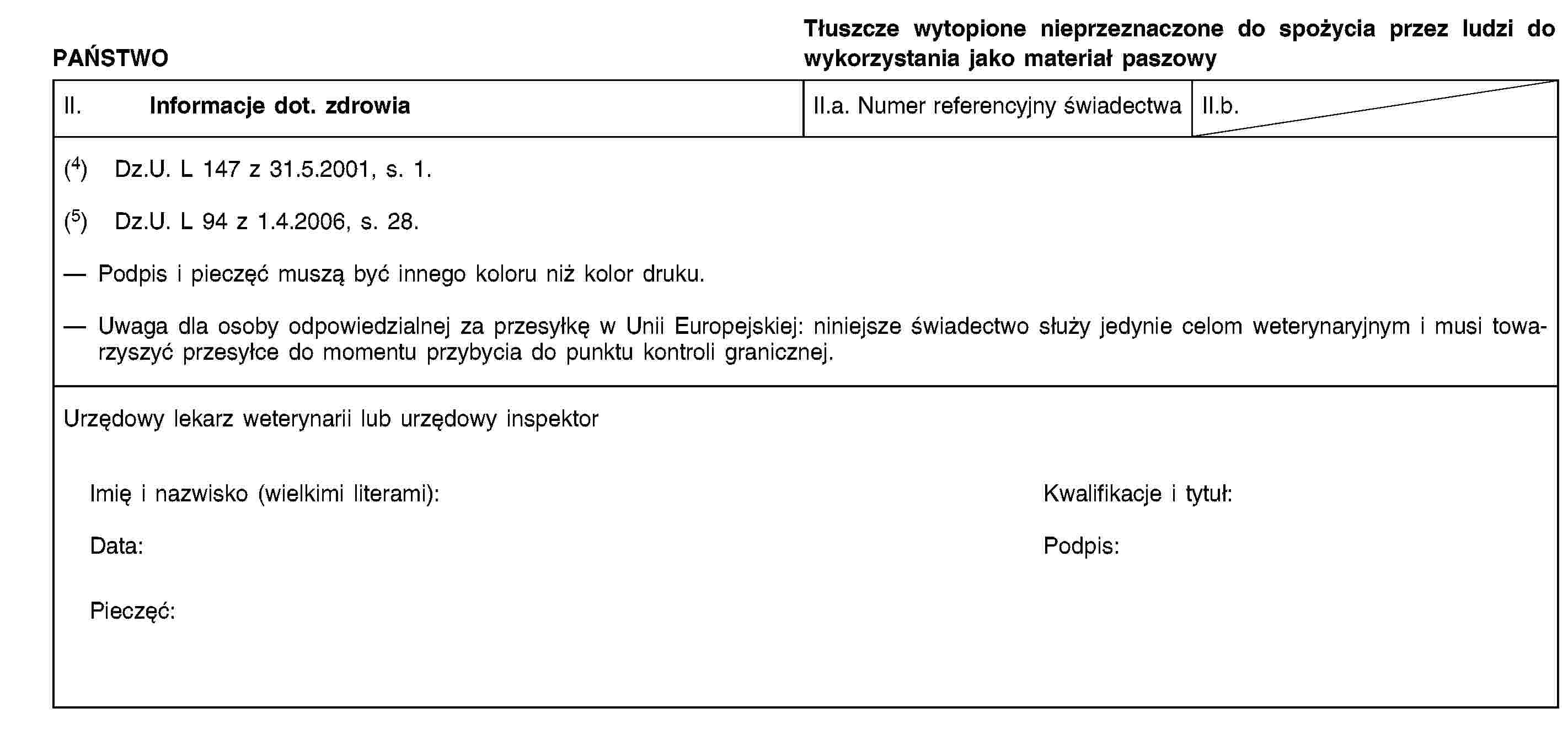 PAŃSTWOTłuszcze wytopione nieprzeznaczone do spożycia przez ludzi do wykorzystania jako materiał paszowyII. Informacje dot. zdrowiaII.a. Numer referencyjny świadectwaII.b.(4) Dz.U. L 147 z 31.5.2001, s. 1.(5) Dz.U. L 94 z 1.4.2006, s. 28.Podpis i pieczęć muszą być innego koloru niż kolor druku.Uwaga dla osoby odpowiedzialnej za przesyłkę w Unii Europejskiej: niniejsze świadectwo służy jedynie celom weterynaryjnym i musi towarzyszyć przesyłce do momentu przybycia do punktu kontroli granicznej.Urzędowy lekarz weterynarii lub urzędowy inspektorImię i nazwisko (wielkimi literami):Kwalifikacje i tytuł:Data:Podpis:Pieczęć: