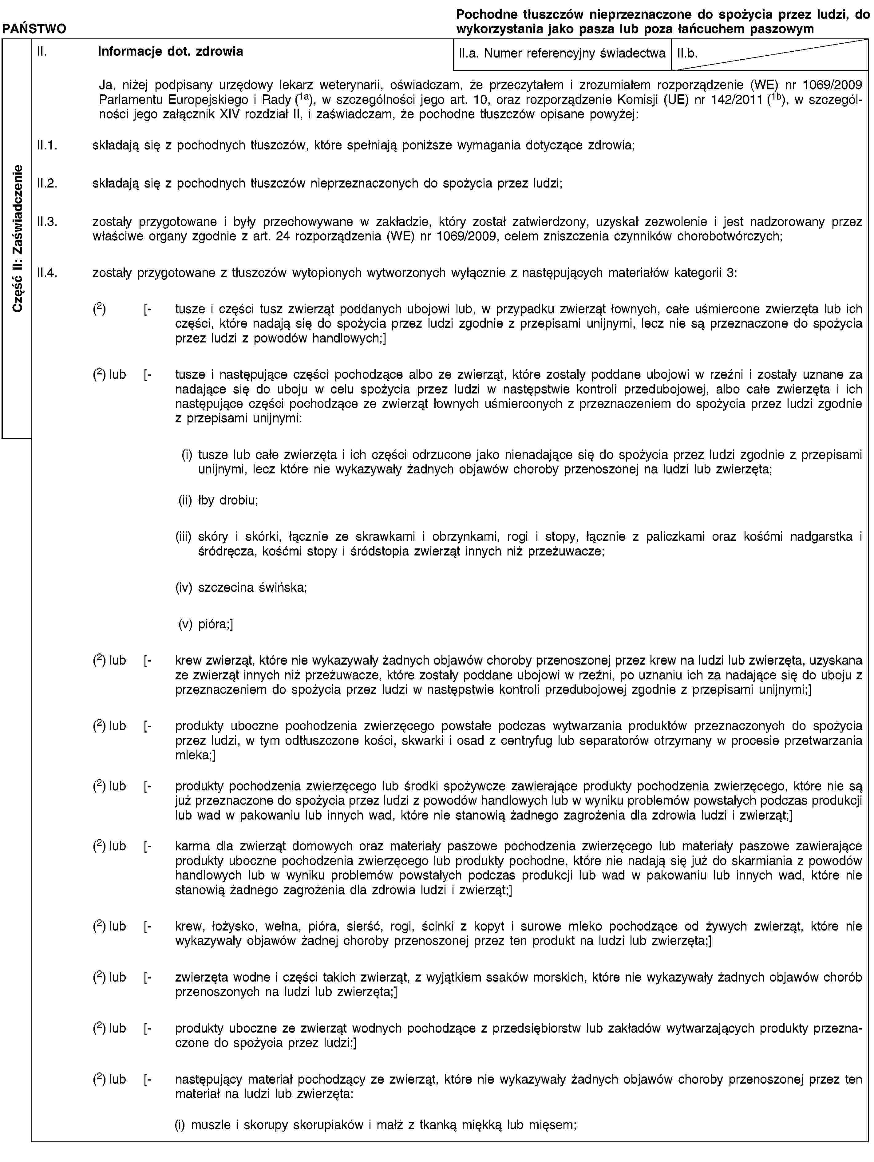 Część II: ZaświadczeniePAŃSTWOPochodne tłuszczów nieprzeznaczone do spożycia przez ludzi, do wykorzystania jako pasza lub poza łańcuchem paszowymII. Informacje dot. zdrowiaII.a. Numer referencyjny świadectwaII.b.Ja, niżej podpisany urzędowy lekarz weterynarii, oświadczam, że przeczytałem i zrozumiałem rozporządzenie (WE) nr 1069/2009 Parlamentu Europejskiego i Rady (1a), w szczególności jego art. 10, oraz rozporządzenie Komisji (UE) nr 142/2011 (1b), w szczególności jego załącznik XIV rozdział II, i zaświadczam, że pochodne tłuszczów opisane powyżej:II.1. składają się z pochodnych tłuszczów, które spełniają poniższe wymagania dotyczące zdrowia;II.2. składają się z pochodnych tłuszczów nieprzeznaczonych do spożycia przez ludzi;II.3. zostały przygotowane i były przechowywane w zakładzie, który został zatwierdzony, uzyskał zezwolenie i jest nadzorowany przez właściwe organy zgodnie z art. 24 rozporządzenia (WE) nr 1069/2009, celem zniszczenia czynników chorobotwórczych;II.4. zostały przygotowane z tłuszczów wytopionych wytworzonych wyłącznie z następujących materiałów kategorii 3:(2) [- tusze i części tusz zwierząt poddanych ubojowi lub, w przypadku zwierząt łownych, całe uśmiercone zwierzęta lub ich części, które nadają się do spożycia przez ludzi zgodnie z przepisami unijnymi, lecz nie są przeznaczone do spożycia przez ludzi z powodów handlowych;](2) lub [- tusze i następujące części pochodzące albo ze zwierząt, które zostały poddane ubojowi w rzeźni i zostały uznane za nadające się do uboju w celu spożycia przez ludzi w następstwie kontroli przedubojowej, albo całe zwierzęta i ich następujące części pochodzące ze zwierząt łownych uśmierconych z przeznaczeniem do spożycia przez ludzi zgodnie z przepisami unijnymi:(i) tusze lub całe zwierzęta i ich części odrzucone jako nienadające się do spożycia przez ludzi zgodnie z przepisami unijnymi, lecz które nie wykazywały żadnych objawów choroby przenoszonej na ludzi lub zwierzęta;(ii) łby drobiu;(iii) skóry i skórki, łącznie ze skrawkami i obrzynkami, rogi i stopy, łącznie z paliczkami oraz kośćmi nadgarstka i śródręcza, kośćmi stopy i śródstopia zwierząt innych niż przeżuwacze;(iv) szczecina świńska;(v) pióra;](2) lub [- krew zwierząt, które nie wykazywały żadnych objawów choroby przenoszonej przez krew na ludzi lub zwierzęta, uzyskana ze zwierząt innych niż przeżuwacze, które zostały poddane ubojowi w rzeźni, po uznaniu ich za nadające się do uboju z przeznaczeniem do spożycia przez ludzi w następstwie kontroli przedubojowej zgodnie z przepisami unijnymi;](2) lub [- produkty uboczne pochodzenia zwierzęcego powstałe podczas wytwarzania produktów przeznaczonych do spożycia przez ludzi, w tym odtłuszczone kości, skwarki i osad z centryfug lub separatorów otrzymany w procesie przetwarzania mleka;](2) lub [- produkty pochodzenia zwierzęcego lub środki spożywcze zawierające produkty pochodzenia zwierzęcego, które nie są już przeznaczone do spożycia przez ludzi z powodów handlowych lub w wyniku problemów powstałych podczas produkcji lub wad w pakowaniu lub innych wad, które nie stanowią żadnego zagrożenia dla zdrowia ludzi i zwierząt;](2) lub [- karma dla zwierząt domowych oraz materiały paszowe pochodzenia zwierzęcego lub materiały paszowe zawierające produkty uboczne pochodzenia zwierzęcego lub produkty pochodne, które nie nadają się już do skarmiania z powodów handlowych lub w wyniku problemów powstałych podczas produkcji lub wad w pakowaniu lub innych wad, które nie stanowią żadnego zagrożenia dla zdrowia ludzi i zwierząt;](2) lub [- krew, łożysko, wełna, pióra, sierść, rogi, ścinki z kopyt i surowe mleko pochodzące od żywych zwierząt, które nie wykazywały objawów żadnej choroby przenoszonej przez ten produkt na ludzi lub zwierzęta;](2) lub [- zwierzęta wodne i części takich zwierząt, z wyjątkiem ssaków morskich, które nie wykazywały żadnych objawów chorób przenoszonych na ludzi lub zwierzęta;](2) lub [- produkty uboczne ze zwierząt wodnych pochodzące z przedsiębiorstw lub zakładów wytwarzających produkty przeznaczone do spożycia przez ludzi;](2) lub [- następujący materiał pochodzący ze zwierząt, które nie wykazywały żadnych objawów choroby przenoszonej przez ten materiał na ludzi lub zwierzęta:(i) muszle i skorupy skorupiaków i małż z tkanką miękką lub mięsem;