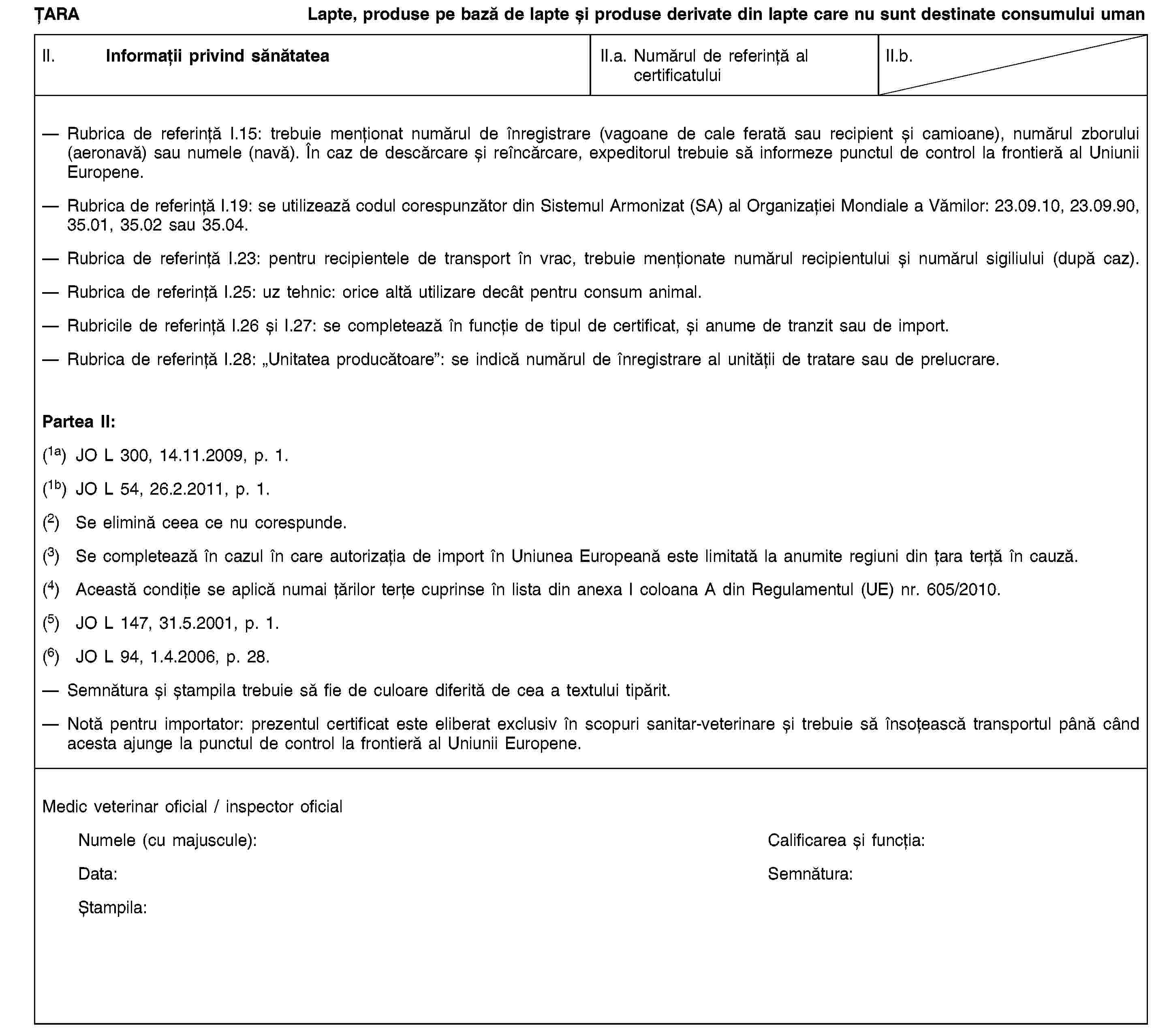 ȚARALapte, produse pe bază de lapte și produse derivate din lapte care nu sunt destinate consumului umanII. Informații privind sănătateaII.a. Numărul de referință al certificatuluiII.b.Rubrica de referință I.15: trebuie menționat numărul de înregistrare (vagoane de cale ferată sau recipient și camioane), numărul zborului (aeronavă) sau numele (navă). În caz de descărcare și reîncărcare, expeditorul trebuie să informeze punctul de control la frontieră al Uniunii Europene.Rubrica de referință I.19: se utilizează codul corespunzător din Sistemul Armonizat (SA) al Organizației Mondiale a Vămilor: 23.09.10, 23.09.90, 35.01, 35.02 sau 35.04.Rubrica de referință I.23: pentru recipientele de transport în vrac, trebuie menționate numărul recipientului și numărul sigiliului (după caz).Rubrica de referință I.25: uz tehnic: orice altă utilizare decât pentru consum animal.Rubricile de referință I.26 și I.27: se completează în funcție de tipul de certificat, și anume de tranzit sau de import.Rubrica de referință I.28: „Unitatea producătoare”: se indică numărul de înregistrare al unității de tratare sau de prelucrare.Partea II:(1a) JO L 300, 14.11.2009, p. 1.(1b) JO L 54, 26.2.2011, p. 1.(2) Se elimină ceea ce nu corespunde.(3) Se completează în cazul în care autorizația de import în Uniunea Europeană este limitată la anumite regiuni din țara terță în cauză.(4) Această condiție se aplică numai țărilor terțe cuprinse în lista din anexa I coloana A din Regulamentul (UE) nr. 605/2010.(5) JO L 147, 31.5.2001, p. 1.(6) JO L 94, 1.4.2006, p. 28.Semnătura și ștampila trebuie să fie de culoare diferită de cea a textului tipărit.Notă pentru importator: prezentul certificat este eliberat exclusiv în scopuri sanitar-veterinare și trebuie să însoțească transportul până când acesta ajunge la punctul de control la frontieră al Uniunii Europene.Medic veterinar oficial / inspector oficialNumele (cu majuscule):Calificarea și funcția:Data:Semnătura:Ștampila: