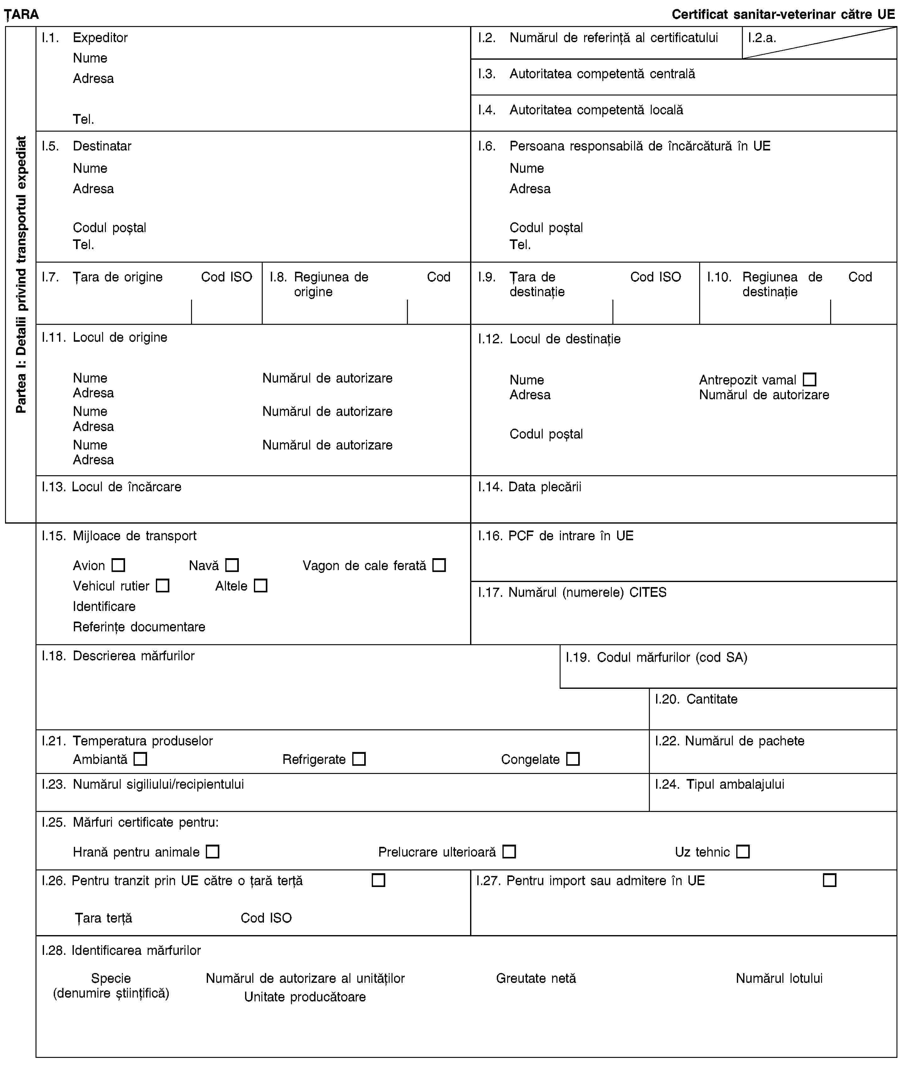 Partea I: Detalii privind transportul expediatȚARACertificat sanitar-veterinar către UEI.1. ExpeditorNumeAdresaTel.I.2. Numărul de referință al certificatuluiI.2.a.I.3. Autoritatea competentă centralăI.4. Autoritatea competentă localăI.5. DestinatarNumeAdresaCodul poștalTel.I.6. Persoana responsabilă de încărcătură în UENumeAdresaCodul poștalTel.I.7. Țara de origineCod ISOI.8. Regiunea de origineCodI.9. Țara de destinațieCod ISOI.10. Regiunea de destinațieCodI.11. Locul de origineNumeNumărul de autorizareAdresaNumeNumărul de autorizareAdresaNumeNumărul de autorizareAdresaI.12. Locul de destinațieNumeAntrepozit vamalAdresaNumărul de autorizareCodul poștalI.13. Locul de încărcareI.14. Data plecăriiI.15. Mijloace de transportAvionNavăVagon de cale feratăVehicul rutierAlteleIdentificareReferințe documentareI.16. PCF de intrare în UEI.17. Numărul (numerele) CITESI.18. Descrierea mărfurilorI.19. Codul mărfurilor (cod SA)I.20. CantitateI.21. Temperatura produselorAmbiantăRefrigerateCongelateI.22. Numărul de pacheteI.23. Numărul sigiliului/recipientuluiI.24. Tipul ambalajuluiI.25. Mărfuri certificate pentru:Hrană pentru animalePrelucrare ulterioarăUz tehnicI.26. Pentru tranzit prin UE către o țară terțăȚara terțăCod ISOI.27. Pentru import sau admitere în UEI.28. Identificarea mărfurilorSpecie(denumire științifică)Numărul de autorizare al unitățilorUnitate producătoareGreutate netăNumărul lotului