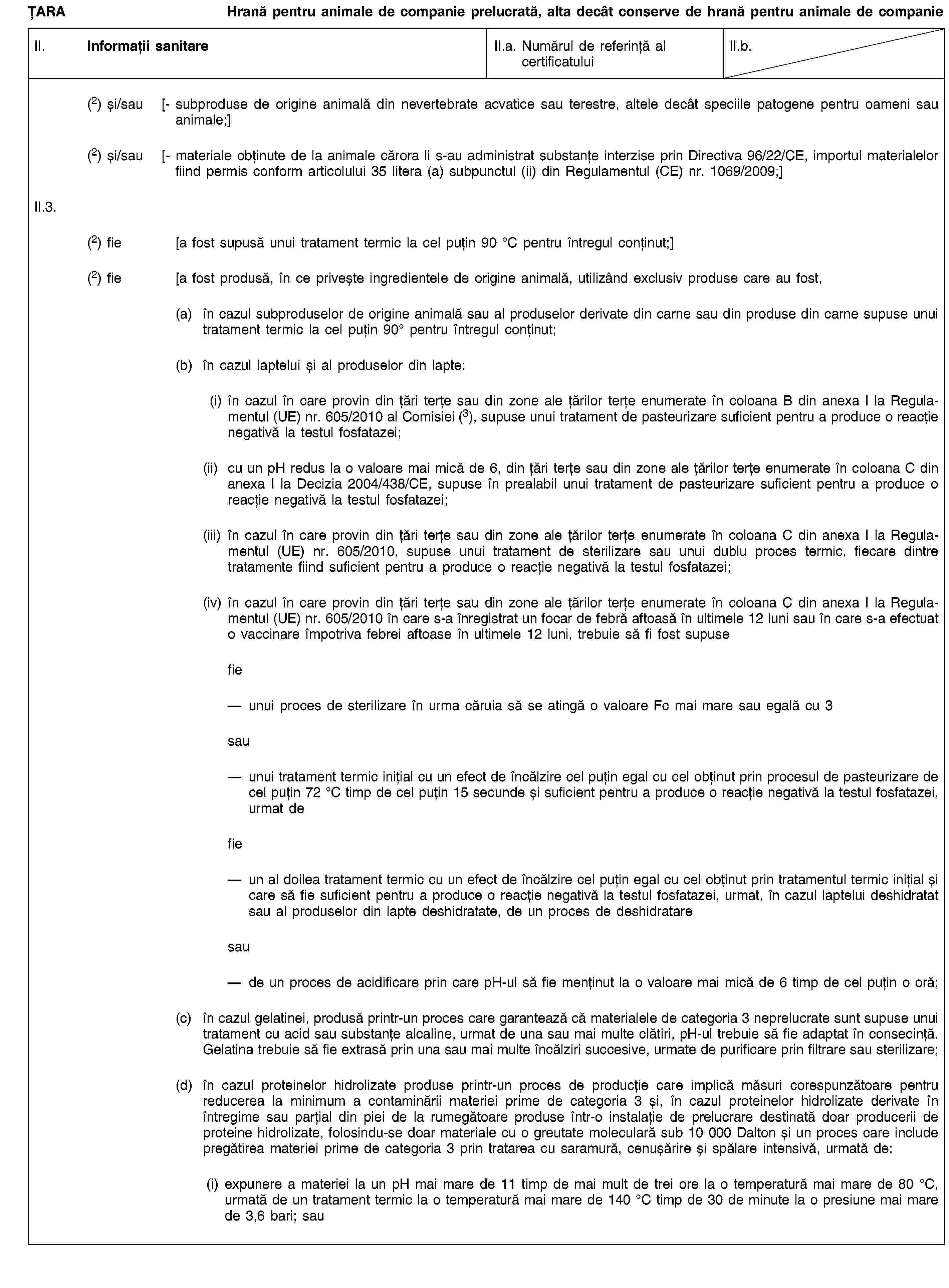 ȚARAHrană pentru animale de companie prelucrată, alta decât conserve de hrană pentru animale de companieII. Informații sanitareII.a. Numărul de referință al certificatuluiII.b.(2) și/sau [- subproduse de origine animală din nevertebrate acvatice sau terestre, altele decât speciile patogene pentru oameni sau animale;](2) și/sau [- materiale obținute de la animale cărora li s-au administrat substanțe interzise prin Directiva 96/22/CE, importul materialelor fiind permis conform articolului 35 litera (a) subpunctul (ii) din Regulamentul (CE) nr. 1069/2009;]II.3.(2) fie [a fost supusă unui tratament termic la cel puțin 90 °C pentru întregul conținut;](2) fie [a fost produsă, în ce privește ingredientele de origine animală, utilizând exclusiv produse care au fost,(a) în cazul subproduselor de origine animală sau al produselor derivate din carne sau din produse din carne supuse unui tratament termic la cel puțin 90° pentru întregul conținut;(b) în cazul laptelui și al produselor din lapte:(i) în cazul în care provin din țări terțe sau din zone ale țărilor terțe enumerate în coloana B din anexa I la Regulamentul (UE) nr. 605/2010 al Comisiei (3), supuse unui tratament de pasteurizare suficient pentru a produce o reacție negativă la testul fosfatazei;(ii) cu un pH redus la o valoare mai mică de 6, din țări terțe sau din zone ale țărilor terțe enumerate în coloana C din anexa I la Decizia 2004/438/CE, supuse în prealabil unui tratament de pasteurizare suficient pentru a produce o reacție negativă la testul fosfatazei;(iii) în cazul în care provin din țări terțe sau din zone ale țărilor terțe enumerate în coloana C din anexa I la Regulamentul (UE) nr. 605/2010, supuse unui tratament de sterilizare sau unui dublu proces termic, fiecare dintre tratamente fiind suficient pentru a produce o reacție negativă la testul fosfatazei;(iv) în cazul în care provin din țări terțe sau din zone ale țărilor terțe enumerate în coloana C din anexa I la Regulamentul (UE) nr. 605/2010 în care s-a înregistrat un focar de febră aftoasă în ultimele 12 luni sau în care s-a efectuat o vaccinare împotriva febrei aftoase în ultimele 12 luni, trebuie să fi fost supusefieunui proces de sterilizare în urma căruia să se atingă o valoare Fc mai mare sau egală cu 3sauunui tratament termic inițial cu un efect de încălzire cel puțin egal cu cel obținut prin procesul de pasteurizare de cel puțin 72 °C timp de cel puțin 15 secunde și suficient pentru a produce o reacție negativă la testul fosfatazei, urmat defieun al doilea tratament termic cu un efect de încălzire cel puțin egal cu cel obținut prin tratamentul termic inițial și care să fie suficient pentru a produce o reacție negativă la testul fosfatazei, urmat, în cazul laptelui deshidratat sau al produselor din lapte deshidratate, de un proces de deshidrataresaude un proces de acidificare prin care pH-ul să fie menținut la o valoare mai mică de 6 timp de cel puțin o oră;(c) în cazul gelatinei, produsă printr-un proces care garantează că materialele de categoria 3 neprelucrate sunt supuse unui tratament cu acid sau substanțe alcaline, urmat de una sau mai multe clătiri, pH-ul trebuie să fie adaptat în consecință. Gelatina trebuie să fie extrasă prin una sau mai multe încălziri succesive, urmate de purificare prin filtrare sau sterilizare;(d) în cazul proteinelor hidrolizate produse printr-un proces de producție care implică măsuri corespunzătoare pentru reducerea la minimum a contaminării materiei prime de categoria 3 și, în cazul proteinelor hidrolizate derivate în întregime sau parțial din piei de la rumegătoare produse într-o instalație de prelucrare destinată doar producerii de proteine hidrolizate, folosindu-se doar materiale cu o greutate moleculară sub 10 000 Dalton și un proces care include pregătirea materiei prime de categoria 3 prin tratarea cu saramură, cenușărire și spălare intensivă, urmată de:(i) expunere a materiei la un pH mai mare de 11 timp de mai mult de trei ore la o temperatură mai mare de 80 °C, urmată de un tratament termic la o temperatură mai mare de 140 °C timp de 30 de minute la o presiune mai mare de 3,6 bari; sau