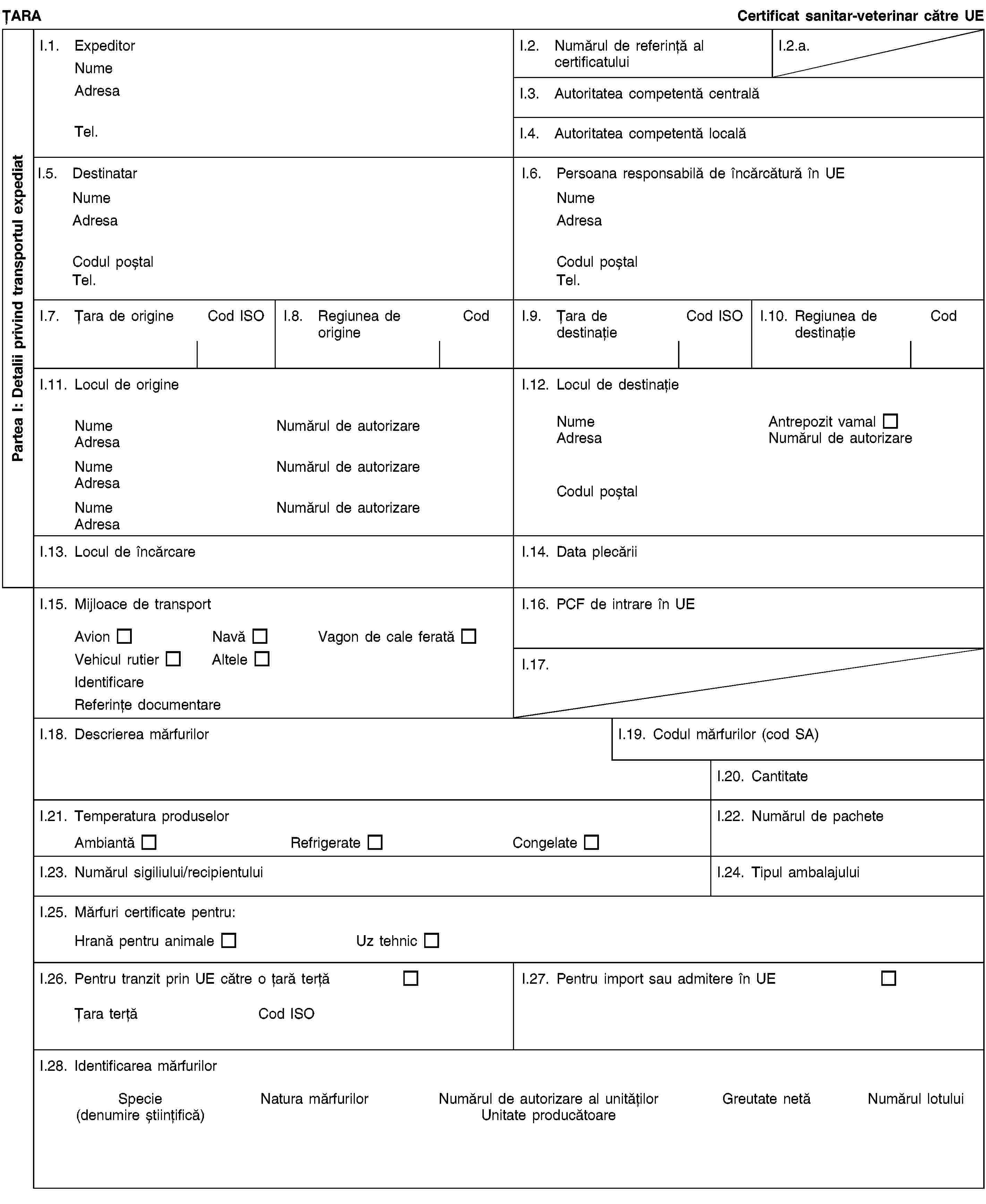 Partea I: Detalii privind transportul expediatȚARACertificat sanitar-veterinar către UEI.1. ExpeditorNumeAdresaTel.I.2. Numărul de referință al certificatuluiI.2.a.I.3. Autoritatea competentă centralăI.4. Autoritatea competentă localăI.5. DestinatarNumeAdresaCodul poștalTel.I.6. Persoana responsabilă de încărcătură în UENumeAdresaCodul poștalTel.I.7. Țara de origineCod ISOI.8. Regiunea de origineCodI.9. Țara de destinațieCod ISOI.10. Regiunea de destinațieCodI.11. Locul de origineNumeNumărul de autorizareAdresaNumeNumărul de autorizareAdresaNumeNumărul de autorizareAdresaI.12. Locul de destinațieNumeAntrepozit vamalAdresaNumărul de autorizareCodul poștalI.13. Locul de încărcareI.14. Data plecăriiI.15. Mijloace de transportAvionNavăVagon de cale feratăVehicul rutierAlteleIdentificareReferințe documentareI.16. PCF de intrare în UEI.17.I.18. Descrierea mărfurilorI.19. Codul mărfurilor (cod SA)I.20. CantitateI.21. Temperatura produselorAmbiantăRefrigerateCongelateI.22. Numărul de pacheteI.23. Numărul sigiliului/recipientuluiI.24. Tipul ambalajuluiI.25. Mărfuri certificate pentru:Hrană pentru animaleUz tehnicI.26. Pentru tranzit prin UE către o țară terțăȚara terțăCod ISOI.27. Pentru import sau admitere în UEI.28. Identificarea mărfurilorSpecie(denumire științifică)Natura mărfurilorNumărul de autorizare al unitățilorUnitate producătoareGreutate netăNumărul lotului