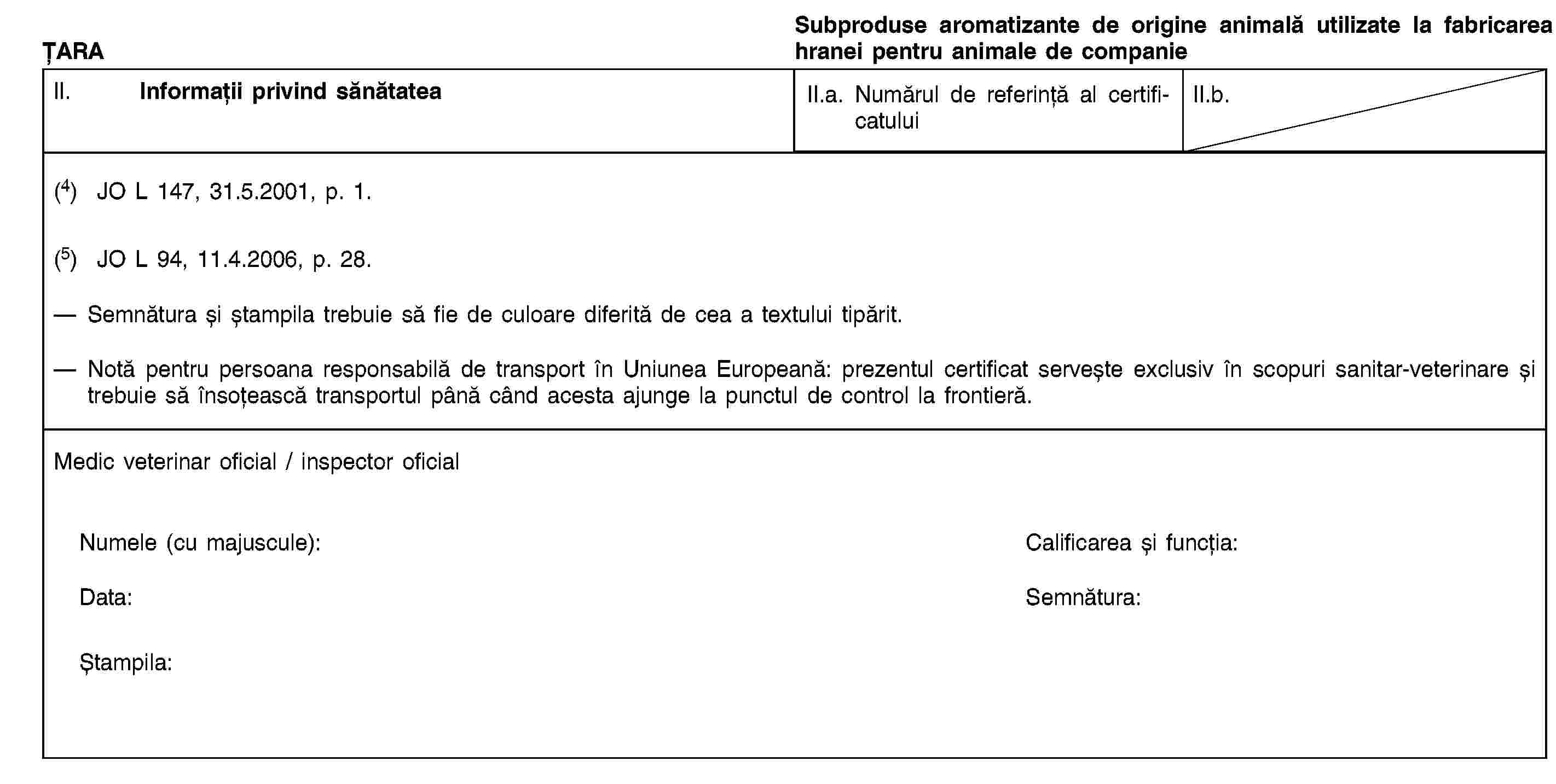 ȚARASubproduse aromatizante de origine animală utilizate la fabricarea hranei pentru animale de companieII. Informații privind sănătateaII.a. Numărul de referință al certificatuluiII.b.(4) JO L 147, 31.5.2001, p. 1.(5) JO L 94, 11.4.2006, p. 28.Semnătura și ștampila trebuie să fie de culoare diferită de cea a textului tipărit.Notă pentru persoana responsabilă de transport în Uniunea Europeană: prezentul certificat servește exclusiv în scopuri sanitar-veterinare și trebuie să însoțească transportul până când acesta ajunge la punctul de control la frontieră.Medic veterinar oficial / inspector oficialNumele (cu majuscule):Calificarea și funcția:Data:Semnătura:Ștampila: