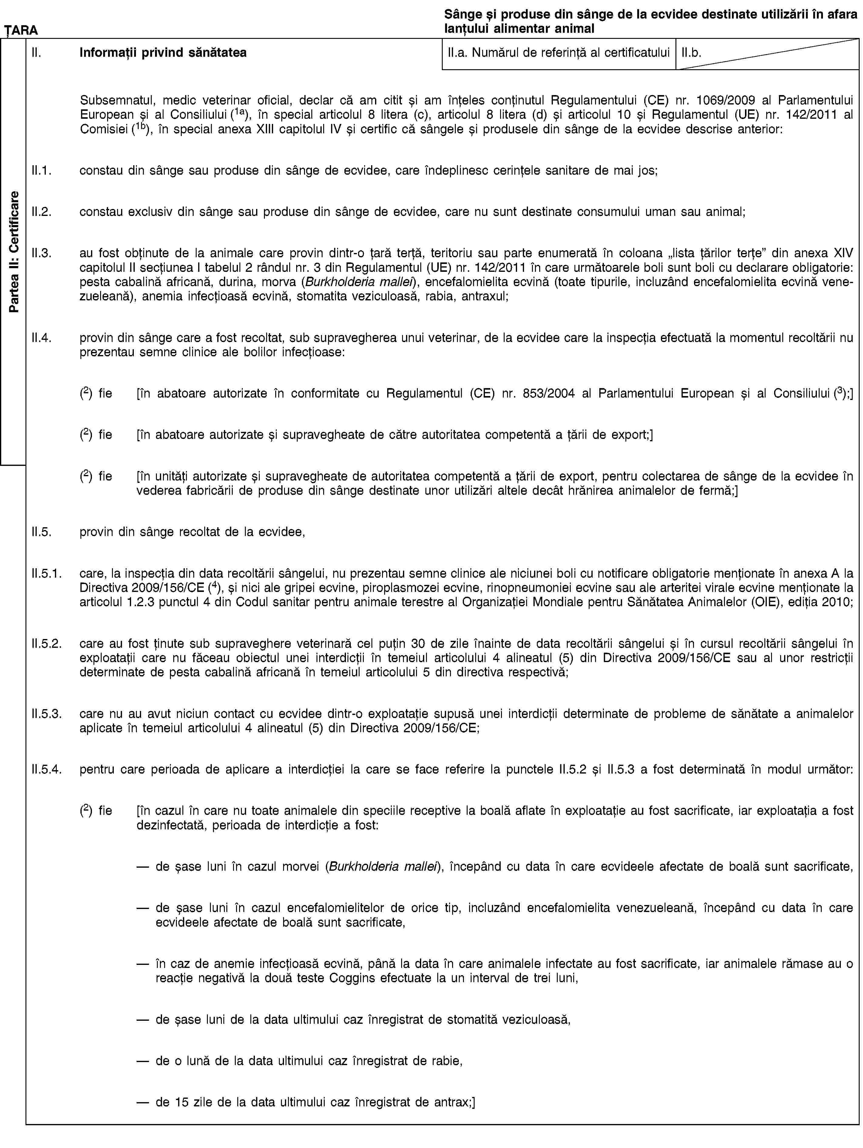 Partea II: CertificareȚARASânge și produse din sânge de la ecvidee destinate utilizării în afara lanțului alimentar animalII. Informații privind sănătateaII.a. Numărul de referință al certificatuluiII.b.Subsemnatul, medic veterinar oficial, declar că am citit și am înțeles conținutul Regulamentului (CE) nr. 1069/2009 al Parlamentului European și al Consiliului (1a), în special articolul 8 litera (c), articolul 8 litera (d) și articolul 10 și Regulamentul (UE) nr. 142/2011 al Comisiei (1b), în special anexa XIII capitolul IV și certific că sângele și produsele din sânge de la ecvidee descrise anterior:II.1. constau din sânge sau produse din sânge de ecvidee, care îndeplinesc cerințele sanitare de mai jos;II.2. constau exclusiv din sânge sau produse din sânge de ecvidee, care nu sunt destinate consumului uman sau animal;II.3. au fost obținute de la animale care provin dintr-o țară terță, teritoriu sau parte enumerată în coloana „lista țărilor terțe” din anexa XIV capitolul II secțiunea I tabelul 2 rândul nr. 3 din Regulamentul (UE) nr. 142/2011 în care următoarele boli sunt boli cu declarare obligatorie: pesta cabalină africană, durina, morva (Burkholderia mallei), encefalomielita ecvină (toate tipurile, incluzând encefalomielita ecvină venezueleană), anemia infecțioasă ecvină, stomatita veziculoasă, rabia, antraxul;II.4. provin din sânge care a fost recoltat, sub supravegherea unui veterinar, de la ecvidee care la inspecția efectuată la momentul recoltării nu prezentau semne clinice ale bolilor infecțioase:(2) fie [în abatoare autorizate în conformitate cu Regulamentul (CE) nr. 853/2004 al Parlamentului European și al Consiliului (3);](2) fie [în abatoare autorizate și supravegheate de către autoritatea competentă a țării de export;](2) fie [în unități autorizate și supravegheate de autoritatea competentă a țării de export, pentru colectarea de sânge de la ecvidee în vederea fabricării de produse din sânge destinate unor utilizări altele decât hrănirea animalelor de fermă;]II.5. provin din sânge recoltat de la ecvidee,II.5.1. care, la inspecția din data recoltării sângelui, nu prezentau semne clinice ale niciunei boli cu notificare obligatorie menționate în anexa A la Directiva 2009/156/CE (4), și nici ale gripei ecvine, piroplasmozei ecvine, rinopneumoniei ecvine sau ale arteritei virale ecvine menționate la articolul 1.2.3 punctul 4 din Codul sanitar pentru animale terestre al Organizației Mondiale pentru Sănătatea Animalelor (OIE), ediția 2010;II.5.2. care au fost ținute sub supraveghere veterinară cel puțin 30 de zile înainte de data recoltării sângelui și în cursul recoltării sângelui în exploatații care nu făceau obiectul unei interdicții în temeiul articolului 4 alineatul (5) din Directiva 2009/156/CE sau al unor restricții determinate de pesta cabalină africană în temeiul articolului 5 din directiva respectivă;II.5.3. care nu au avut niciun contact cu ecvidee dintr-o exploatație supusă unei interdicții determinate de probleme de sănătate a animalelor aplicate în temeiul articolului 4 alineatul (5) din Directiva 2009/156/CE;II.5.4. pentru care perioada de aplicare a interdicției la care se face referire la punctele II.5.2 și II.5.3 a fost determinată în modul următor:(2) fie [în cazul în care nu toate animalele din speciile receptive la boală aflate în exploatație au fost sacrificate, iar exploatația a fost dezinfectată, perioada de interdicție a fost:de șase luni în cazul morvei (Burkholderia mallei), începând cu data în care ecvideele afectate de boală sunt sacrificate,de șase luni în cazul encefalomielitelor de orice tip, incluzând encefalomielita venezueleană, începând cu data în care ecvideele afectate de boală sunt sacrificate,în caz de anemie infecțioasă ecvină, până la data în care animalele infectate au fost sacrificate, iar animalele rămase au o reacție negativă la două teste Coggins efectuate la un interval de trei luni,de șase luni de la data ultimului caz înregistrat de stomatită veziculoasă,de o lună de la data ultimului caz înregistrat de rabie,de 15 zile de la data ultimului caz înregistrat de antrax;]