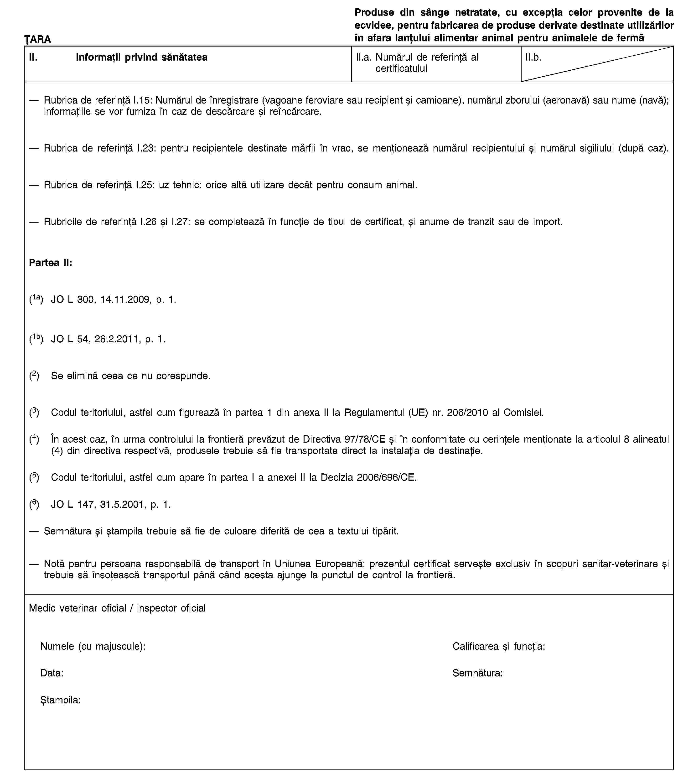 ȚARAProduse din sânge netratate, cu excepția celor provenite de la ecvidee, pentru fabricarea de produse derivate destinate utilizărilor în afara lanțului alimentar animal pentru animalele de fermăII. Informații privind sănătateaII.a. Numărul de referință al certificatuluiII.b.Rubrica de referință I.15: Numărul de înregistrare (vagoane feroviare sau recipient și camioane), numărul zborului (aeronavă) sau nume (navă); informațiile se vor furniza în caz de descărcare și reîncărcare.Rubrica de referință I.23: pentru recipientele destinate mărfii în vrac, se menționează numărul recipientului și numărul sigiliului (după caz).Rubrica de referință I.25: uz tehnic: orice altă utilizare decât pentru consum animal.Rubricile de referință I.26 și I.27: se completează în funcție de tipul de certificat, și anume de tranzit sau de import.Partea II:(1a) JO L 300, 14.11.2009, p. 1.(1b) JO L 54, 26.2.2011, p. 1.(2) Se elimină ceea ce nu corespunde.(3) Codul teritoriului, astfel cum figurează în partea 1 din anexa II la Regulamentul (UE) nr. 206/2010 al Comisiei.(4) În acest caz, în urma controlului la frontieră prevăzut de Directiva 97/78/CE și în conformitate cu cerințele menționate la articolul 8 alineatul (4) din directiva respectivă, produsele trebuie să fie transportate direct la instalația de destinație.(5) Codul teritoriului, astfel cum apare în partea I a anexei II la Decizia 2006/696/CE.(6) JO L 147, 31.5.2001, p. 1.Semnătura și ștampila trebuie să fie de culoare diferită de cea a textului tipărit.Notă pentru persoana responsabilă de transport în Uniunea Europeană: prezentul certificat servește exclusiv în scopuri sanitar-veterinare și trebuie să însoțească transportul până când acesta ajunge la punctul de control la frontieră.Medic veterinar oficial / inspector oficialNumele (cu majuscule):Calificarea și funcția:Data:Semnătura:Ștampila: