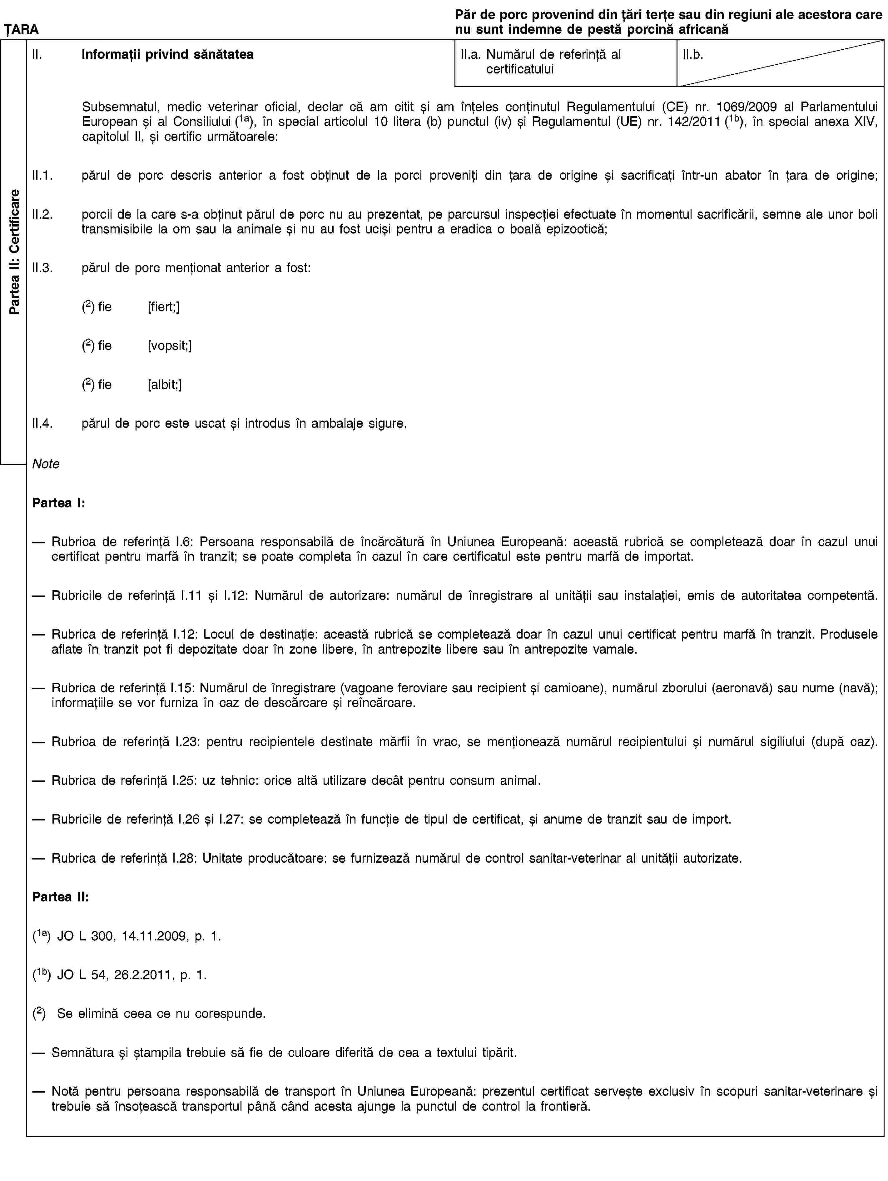 Partea II: CertificareȚARAPăr de porc provenind din țări terțe sau din regiuni ale acestora care nu sunt indemne de pestă porcină africanăII. Informații privind sănătateaII.a. Numărul de referință al certificatuluiII.b.Subsemnatul, medic veterinar oficial, declar că am citit și am înțeles conținutul Regulamentului (CE) nr. 1069/2009 al Parlamentului European și al Consiliului (1a), în special articolul 10 litera (b) punctul (iv) și Regulamentul (UE) nr. 142/2011 (1b), în special anexa XIV, capitolul II, și certific următoarele:II.1. părul de porc descris anterior a fost obținut de la porci proveniți din țara de origine și sacrificați într-un abator în țara de origine;II.2. porcii de la care s-a obținut părul de porc nu au prezentat, pe parcursul inspecției efectuate în momentul sacrificării, semne ale unor boli transmisibile la om sau la animale și nu au fost uciși pentru a eradica o boală epizootică;II.3. părul de porc menționat anterior a fost:(2) fie [fiert;](2) fie [vopsit;](2) fie [albit;]II.4. părul de porc este uscat și introdus în ambalaje sigure.NotePartea I:Rubrica de referință I.6: Persoana responsabilă de încărcătură în Uniunea Europeană: această rubrică se completează doar în cazul unui certificat pentru marfă în tranzit; se poate completa în cazul în care certificatul este pentru marfă de importat.Rubricile de referință I.11 și I.12: Numărul de autorizare: numărul de înregistrare al unității sau instalației, emis de autoritatea competentă.Rubrica de referință I.12: Locul de destinație: această rubrică se completează doar în cazul unui certificat pentru marfă în tranzit. Produsele aflate în tranzit pot fi depozitate doar în zone libere, în antrepozite libere sau în antrepozite vamale.Rubrica de referință I.15: Numărul de înregistrare (vagoane feroviare sau recipient și camioane), numărul zborului (aeronavă) sau nume (navă); informațiile se vor furniza în caz de descărcare și reîncărcare.Rubrica de referință I.23: pentru recipientele destinate mărfii în vrac, se menționează numărul recipientului și numărul sigiliului (după caz).Rubrica de referință I.25: uz tehnic: orice altă utilizare decât pentru consum animal.Rubricile de referință I.26 și I.27: se completează în funcție de tipul de certificat, și anume de tranzit sau de import.Rubrica de referință I.28: Unitate producătoare: se furnizează numărul de control sanitar-veterinar al unității autorizate.Partea II:(1a) JO L 300, 14.11.2009, p. 1.(1b) JO L 54, 26.2.2011, p. 1.(2) Se elimină ceea ce nu corespunde.Semnătura și ștampila trebuie să fie de culoare diferită de cea a textului tipărit.Notă pentru persoana responsabilă de transport în Uniunea Europeană: prezentul certificat servește exclusiv în scopuri sanitar-veterinare și trebuie să însoțească transportul până când acesta ajunge la punctul de control la frontieră.