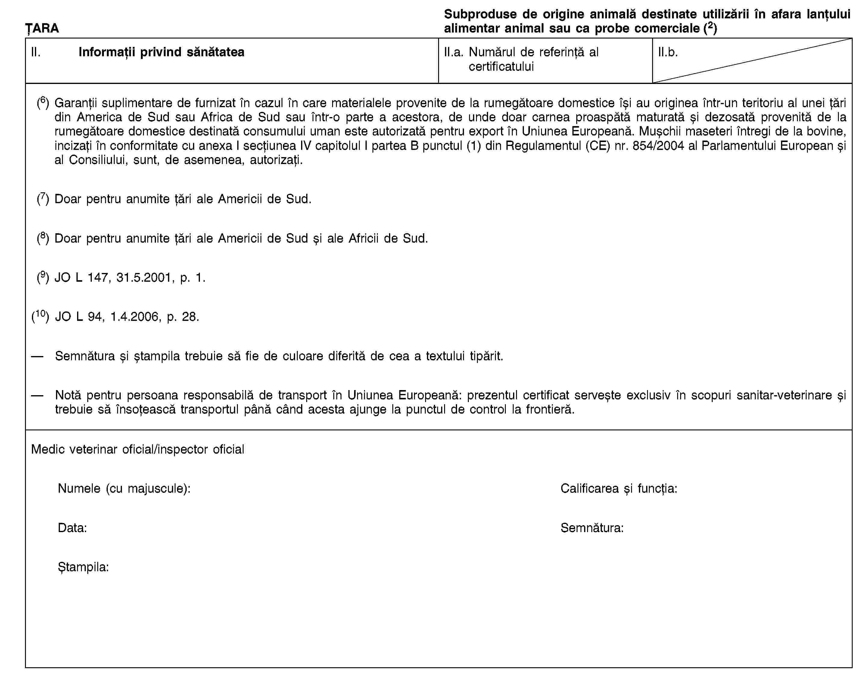 ȚARASubproduse de origine animală destinate utilizării în afara lanțului alimentar animal sau ca probe comerciale (2)II. Informații privind sănătateaII.a. Numărul de referință al certificatuluiII.b.(6) Garanții suplimentare de furnizat în cazul în care materialele provenite de la rumegătoare domestice își au originea într-un teritoriu al unei țări din America de Sud sau Africa de Sud sau într-o parte a acestora, de unde doar carnea proaspătă maturată și dezosată provenită de la rumegătoare domestice destinată consumului uman este autorizată pentru export în Uniunea Europeană. Mușchii maseteri întregi de la bovine, incizați în conformitate cu anexa I secțiunea IV capitolul I partea B punctul (1) din Regulamentul (CE) nr. 854/2004 al Parlamentului European și al Consiliului, sunt, de asemenea, autorizați.(7) Doar pentru anumite țări ale Americii de Sud.(8) Doar pentru anumite țări ale Americii de Sud și ale Africii de Sud.(9) JO L 147, 31.5.2001, p. 1.(10) JO L 94, 1.4.2006, p. 28.Semnătura și ștampila trebuie să fie de culoare diferită de cea a textului tipărit.Notă pentru persoana responsabilă de transport în Uniunea Europeană: prezentul certificat servește exclusiv în scopuri sanitar-veterinare și trebuie să însoțească transportul până când acesta ajunge la punctul de control la frontieră.Medic veterinar oficial/inspector oficialNumele (cu majuscule):Calificarea și funcția:Data:Semnătura:Ștampila: