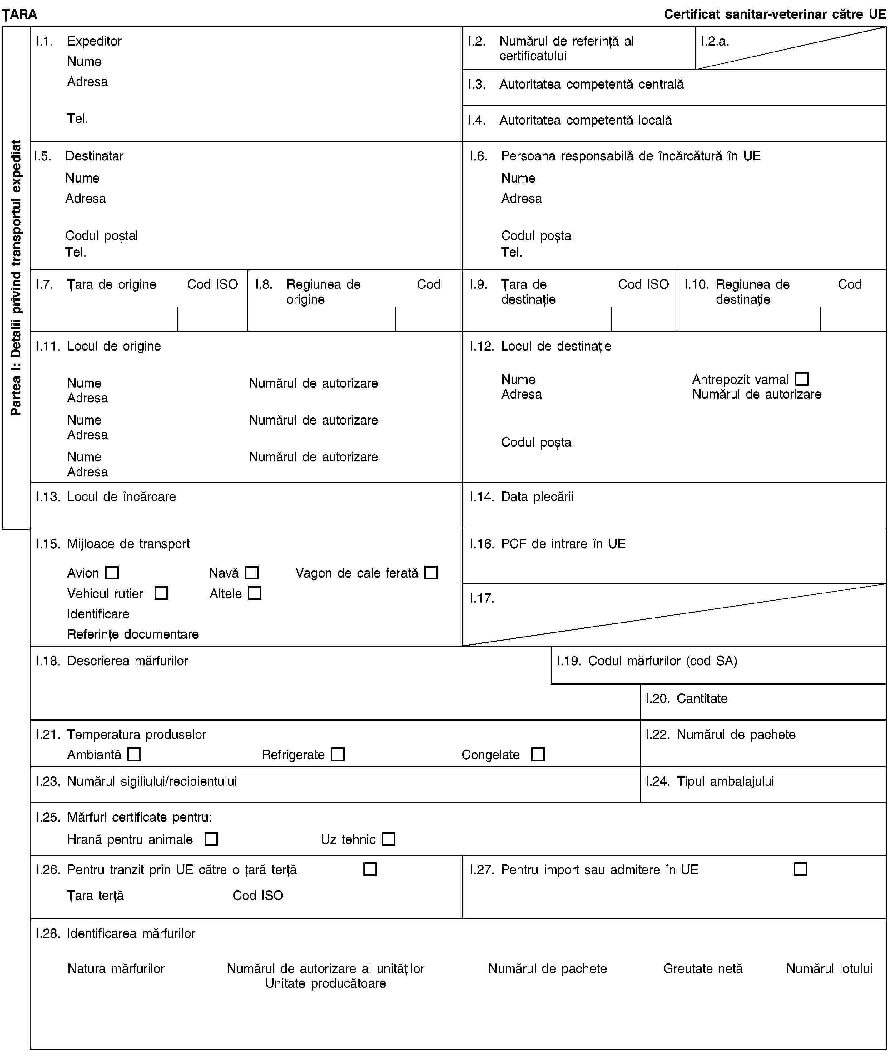 Partea I: Detalii privind transportul expediatȚARACertificat sanitar-veterinar către UEI.1. ExpeditorNumeAdresaTel.I.2. Numărul de referință al certificatuluiI.2.a.I.3. Autoritatea competentă centralăI.4. Autoritatea competentă localăI.5. DestinatarNumeAdresaCodul poștalTel.I.6. Persoana responsabilă de încărcătură în UENumeAdresaCodul poștalTel.I.7. Țara de origineCod ISOI.8. Regiunea de origineCodI.9. Țara de destinațieCod ISOI.10. Regiunea de destinațieCodI.11. Locul de origineNumeNumărul de autorizareAdresaNumeNumărul de autorizareAdresaNumeNumărul de autorizareAdresaI.12. Locul de destinațieNumeAntrepozit vamalAdresaNumărul de autorizareCodul poștalI.13. Locul de încărcareI.14. Data plecăriiI.15. Mijloace de transportAvionNavăVagon de cale feratăVehicul rutierAlteleIdentificareReferințe documentareI.16. PCF de intrare în UEI.17.I.18. Descrierea mărfurilorI.19. Codul mărfurilor (cod SA)I.20. CantitateI.21. Temperatura produselorAmbiantăRefrigerateCongelateI.22. Numărul de pacheteI.23. Numărul sigiliului/recipientuluiI.24. Tipul ambalajuluiI.25. Mărfuri certificate pentru:Hrană pentru animaleUz tehnicI.26. Pentru tranzit prin UE către o țară terțăȚara terțăCod ISOI.27. Pentru import sau admitere în UEI.28. Identificarea mărfurilorNatura mărfurilorNumărul de autorizare al unitățilorUnitate producătoareNumărul de pacheteGreutate netăNumărul lotului