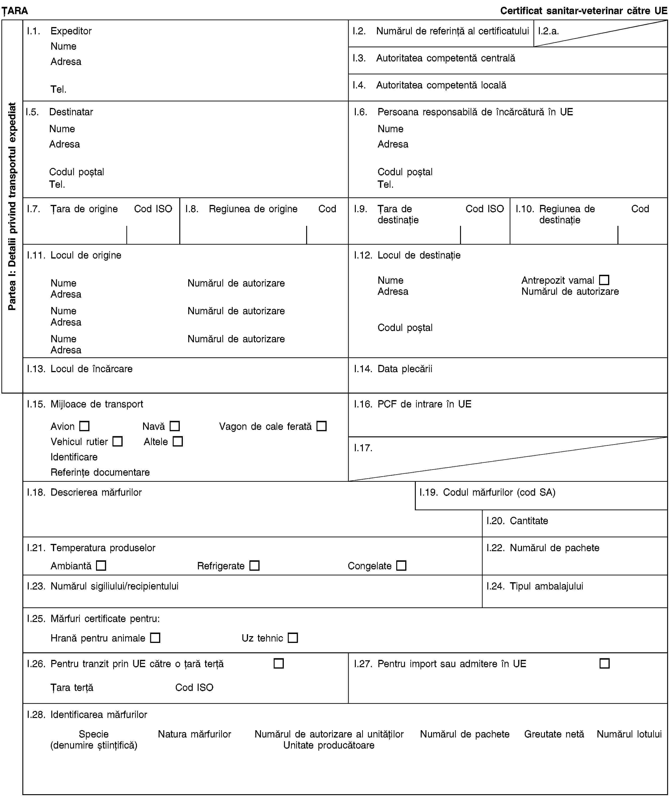 Partea I: Detalii privind transportul expediatȚARACertificat sanitar-veterinar către UEI.1. ExpeditorNumeAdresaTel.I.2. Numărul de referință al certificatuluiI.2.a.I.3. Autoritatea competentă centralăI.4. Autoritatea competentă localăI.5. DestinatarNumeAdresaCodul poștalTel.I.6. Persoana responsabilă de încărcătură în UENumeAdresaCodul poștalTel.I.7. Țara de origineCod ISOI.8. Regiunea de origineCodI.9. Țara de destinațieCod ISOI.10. Regiunea de destinațieCodI.11. Locul de origineNumeNumărul de autorizareAdresaNumeNumărul de autorizareAdresaNumeNumărul de autorizareAdresaI.12. Locul de destinațieNumeAntrepozit vamalAdresaNumărul de autorizareCodul poștalI.13. Locul de încărcareI.14. Data plecăriiI.15. Mijloace de transportAvionNavăVagon de cale feratăVehicul rutierAlteleIdentificareReferințe documentareI.16. PCF de intrare în UEI.17.I.18. Descrierea mărfurilorI.19. Codul mărfurilor (cod SA)I.20. CantitateI.21. Temperatura produselorAmbiantăRefrigerateCongelateI.22. Numărul de pacheteI.23. Numărul sigiliului/recipientuluiI.24. Tipul ambalajuluiI.25. Mărfuri certificate pentru:Hrană pentru animaleUz tehnicI.26. Pentru tranzit prin UE către o țară terțăȚara terțăCod ISOI.27. Pentru import sau admitere în UEI.28. Identificarea mărfurilorSpecie(denumire științifică)Natura mărfurilorNumărul de autorizare al unitățilorUnitate producătoareNumărul de pacheteGreutate netăNumărul lotului