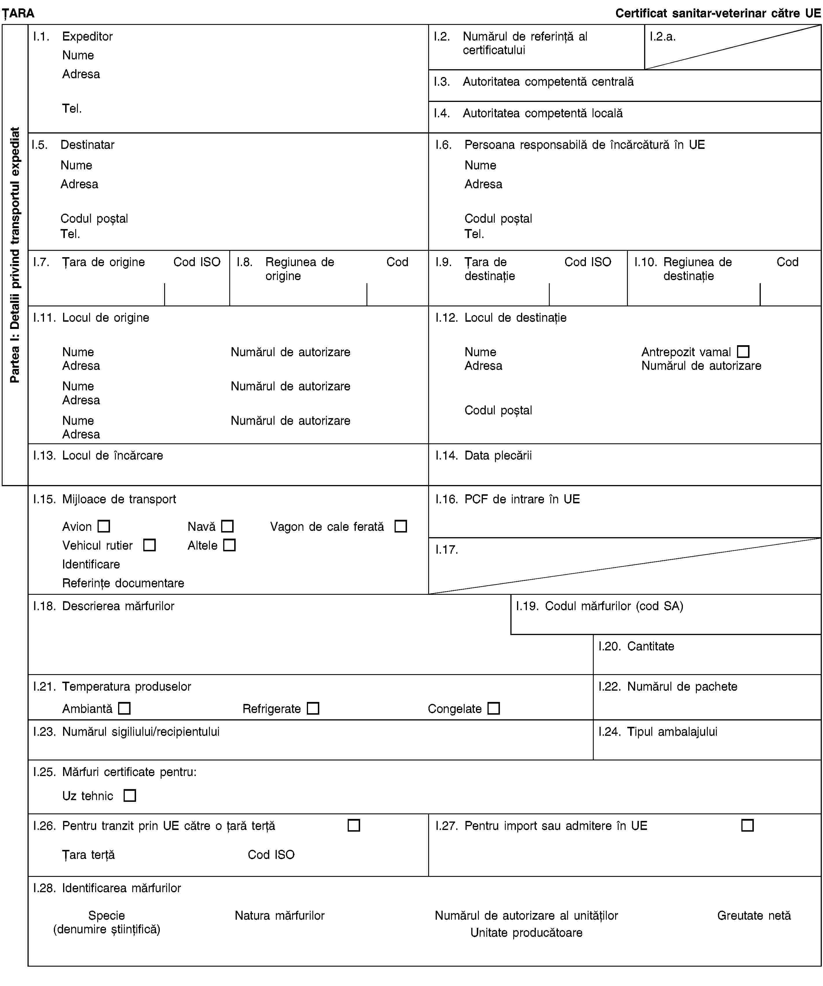 Partea I: Detalii privind transportul expediatȚARACertificat sanitar-veterinar către UEI.1. ExpeditorNumeAdresaTel.I.2. Numărul de referință al certificatuluiI.2.a.I.3. Autoritatea competentă centralăI.4. Autoritatea competentă localăI.5. DestinatarNumeAdresaCodul poștalTel.I.6. Persoana responsabilă de încărcătură în UENumeAdresaCodul poștalTel.I.7. Țara de origineCod ISOI.8. Regiunea de origineCodI.9. Țara de destinațieCod ISOI.10. Regiunea de destinațieCodI.11. Locul de origineNumeNumărul de autorizareAdresaNumeNumărul de autorizareAdresaNumeNumărul de autorizareAdresaI.12. Locul de destinațieNumeAntrepozit vamalAdresaNumărul de autorizareCodul poștalI.13. Locul de încărcareI.14. Data plecăriiI.15. Mijloace de transportAvionNavăVagon de cale feratăVehicul rutierAlteleIdentificareReferințe documentareI.16. PCF de intrare în UEI.17.I.18. Descrierea mărfurilorI.19. Codul mărfurilor (cod SA)I.20. CantitateI.21. Temperatura produselorAmbiantăRefrigerateCongelateI.22. Numărul de pacheteI.23. Numărul sigiliului/recipientuluiI.24. Tipul ambalajuluiI.25. Mărfuri certificate pentru:Uz tehnicI.26. Pentru tranzit prin UE către o țară terțăȚara terțăCod ISOI.27. Pentru import sau admitere în UEI.28. Identificarea mărfurilorSpecie(denumire științifică)Natura mărfurilorNumărul de autorizare al unitățilorUnitate producătoareGreutate netă