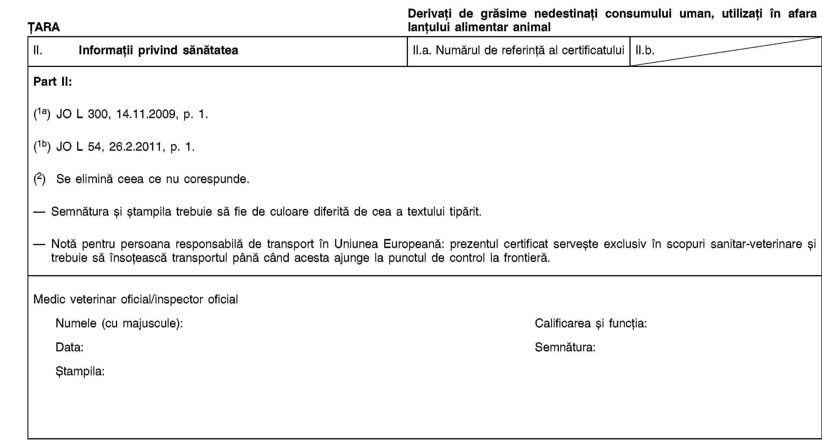 ȚARADerivați de grăsime nedestinați consumului uman, utilizați în afara lanțului alimentar animalII. Informații privind sănătateaII.a. Numărul de referință al certificatuluiII.b.Part II:(1a) JO L 300, 14.11.2009, p. 1.(1b) JO L 54, 26.2.2011, p. 1.(2) Se elimină ceea ce nu corespunde.Semnătura și ștampila trebuie să fie de culoare diferită de cea a textului tipărit.Notă pentru persoana responsabilă de transport în Uniunea Europeană: prezentul certificat servește exclusiv în scopuri sanitar-veterinare și trebuie să însoțească transportul până când acesta ajunge la punctul de control la frontieră.Medic veterinar oficial/inspector oficialNumele (cu majuscule):Calificarea și funcția:Data:Semnătura:Ștampila: