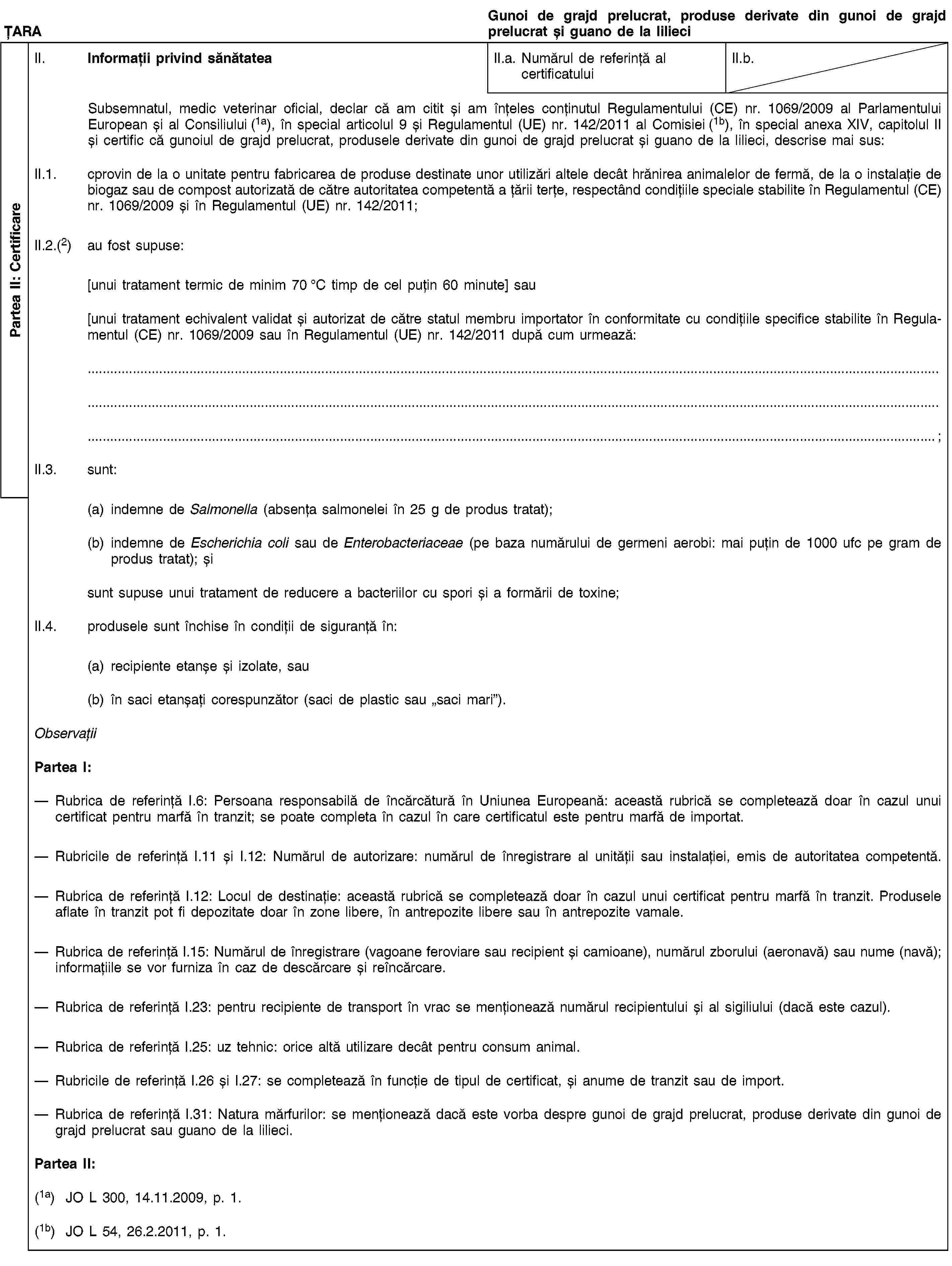 Partea II: CertificareȚARAGunoi de grajd prelucrat, produse derivate din gunoi de grajd prelucrat și guano de la lilieciII. Informații privind sănătateaII.a. Numărul de referință al certificatuluiII.b.Subsemnatul, medic veterinar oficial, declar că am citit și am înțeles conținutul Regulamentului (CE) nr. 1069/2009 al Parlamentului European și al Consiliului (1a), în special articolul 9 și Regulamentul (UE) nr. 142/2011 al Comisiei (1b), în special anexa XIV, capitolul II și certific că gunoiul de grajd prelucrat, produsele derivate din gunoi de grajd prelucrat și guano de la lilieci, descrise mai sus:II.1. cprovin de la o unitate pentru fabricarea de produse destinate unor utilizări altele decât hrănirea animalelor de fermă, de la o instalație de biogaz sau de compost autorizată de către autoritatea competentă a țării terțe, respectând condițiile speciale stabilite în Regulamentul (CE) nr. 1069/2009 și în Regulamentul (UE) nr. 142/2011;II.2.(2) au fost supuse:[unui tratament termic de minim 70 °C timp de cel puțin 60 minute] sau[unui tratament echivalent validat și autorizat de către statul membru importator în conformitate cu condițiile specifice stabilite în Regulamentul (CE) nr. 1069/2009 sau în Regulamentul (UE) nr. 142/2011 după cum urmează:…;II.3. sunt:(a) indemne de Salmonella (absența salmonelei în 25 g de produs tratat);(b) indemne de Escherichia coli sau de Enterobacteriaceae (pe baza numărului de germeni aerobi: mai puțin de 1000 ufc pe gram de produs tratat); șisunt supuse unui tratament de reducere a bacteriilor cu spori și a formării de toxine;II.4. produsele sunt închise în condiții de siguranță în:(a) recipiente etanșe și izolate, sau(b) în saci etanșați corespunzător (saci de plastic sau „saci mari”).ObservațiiPartea I:Rubrica de referință I.6: Persoana responsabilă de încărcătură în Uniunea Europeană: această rubrică se completează doar în cazul unui certificat pentru marfă în tranzit; se poate completa în cazul în care certificatul este pentru marfă de importat.Rubricile de referință I.11 și I.12: Numărul de autorizare: numărul de înregistrare al unității sau instalației, emis de autoritatea competentă.Rubrica de referință I.12: Locul de destinație: această rubrică se completează doar în cazul unui certificat pentru marfă în tranzit. Produsele aflate în tranzit pot fi depozitate doar în zone libere, în antrepozite libere sau în antrepozite vamale.Rubrica de referință I.15: Numărul de înregistrare (vagoane feroviare sau recipient și camioane), numărul zborului (aeronavă) sau nume (navă); informațiile se vor furniza în caz de descărcare și reîncărcare.Rubrica de referință I.23: pentru recipiente de transport în vrac se menționează numărul recipientului și al sigiliului (dacă este cazul).Rubrica de referință I.25: uz tehnic: orice altă utilizare decât pentru consum animal.Rubricile de referință I.26 și I.27: se completează în funcție de tipul de certificat, și anume de tranzit sau de import.Rubrica de referință I.31: Natura mărfurilor: se menționează dacă este vorba despre gunoi de grajd prelucrat, produse derivate din gunoi de grajd prelucrat sau guano de la lilieci.Partea II:(1a) JO L 300, 14.11.2009, p. 1.(1b) JO L 54, 26.2.2011, p. 1.