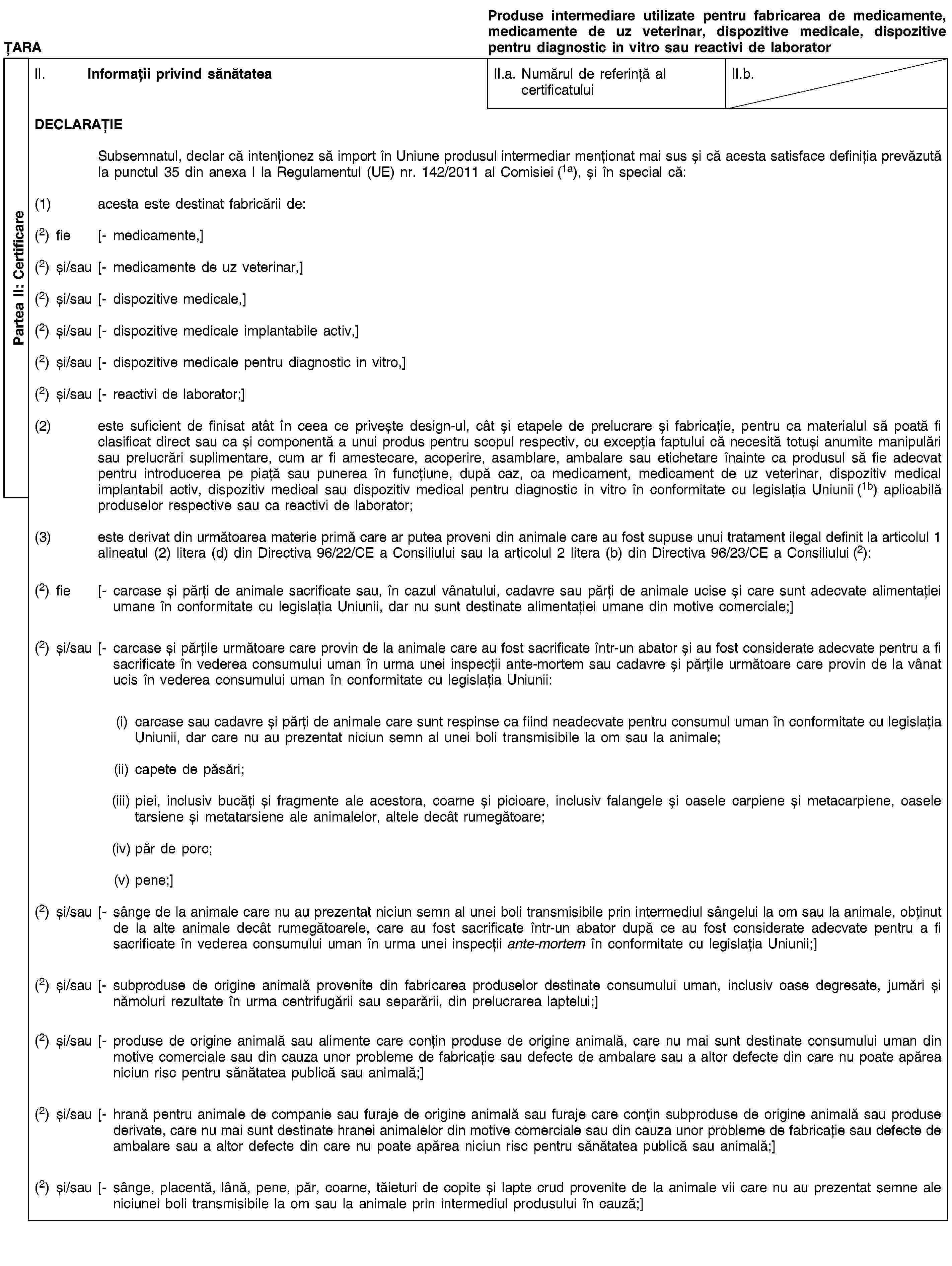 Partea II: CertificareȚARAProduse intermediare utilizate pentru fabricarea de medicamente, medicamente de uz veterinar, dispozitive medicale, dispozitive pentru diagnostic in vitro sau reactivi de laboratorII. Informații privind sănătateaII.a. Numărul de referință al certificatuluiII.b.DECLARAȚIESubsemnatul, declar că intenționez să import în Uniune produsul intermediar menționat mai sus și că acesta satisface definiția prevăzută la punctul 35 din anexa I la Regulamentul (UE) nr. 142/2011 al Comisiei (1a), și în special că:(1) acesta este destinat fabricării de:(2) fie [- medicamente,](2) și/sau [- medicamente de uz veterinar,](2) și/sau [- dispozitive medicale,](2) și/sau [- dispozitive medicale implantabile activ,](2) și/sau [- dispozitive medicale pentru diagnostic in vitro,](2) și/sau [- reactivi de laborator;](2) este suficient de finisat atât în ceea ce privește design-ul, cât și etapele de prelucrare și fabricație, pentru ca materialul să poată fi clasificat direct sau ca și componentă a unui produs pentru scopul respectiv, cu excepția faptului că necesită totuși anumite manipulări sau prelucrări suplimentare, cum ar fi amestecare, acoperire, asamblare, ambalare sau etichetare înainte ca produsul să fie adecvat pentru introducerea pe piață sau punerea în funcțiune, după caz, ca medicament, medicament de uz veterinar, dispozitiv medical implantabil activ, dispozitiv medical sau dispozitiv medical pentru diagnostic in vitro în conformitate cu legislația Uniunii (1b) aplicabilă produselor respective sau ca reactivi de laborator;(3) este derivat din următoarea materie primă care ar putea proveni din animale care au fost supuse unui tratament ilegal definit la articolul 1 alineatul (2) litera (d) din Directiva 96/22/CE a Consiliului sau la articolul 2 litera (b) din Directiva 96/23/CE a Consiliului (2):(2) fie [- carcase și părți de animale sacrificate sau, în cazul vânatului, cadavre sau părți de animale ucise și care sunt adecvate alimentației umane în conformitate cu legislația Uniunii, dar nu sunt destinate alimentației umane din motive comerciale;](2) și/sau [- carcase și părțile următoare care provin de la animale care au fost sacrificate într-un abator și au fost considerate adecvate pentru a fi sacrificate în vederea consumului uman în urma unei inspecții ante-mortem sau cadavre și părțile următoare care provin de la vânat ucis în vederea consumului uman în conformitate cu legislația Uniunii:(i) carcase sau cadavre și părți de animale care sunt respinse ca fiind neadecvate pentru consumul uman în conformitate cu legislația Uniunii, dar care nu au prezentat niciun semn al unei boli transmisibile la om sau la animale;(ii) capete de păsări;(iii) piei, inclusiv bucăți și fragmente ale acestora, coarne și picioare, inclusiv falangele și oasele carpiene și metacarpiene, oasele tarsiene și metatarsiene ale animalelor, altele decât rumegătoare;(iv) păr de porc;(v) pene;](2) și/sau [- sânge de la animale care nu au prezentat niciun semn al unei boli transmisibile prin intermediul sângelui la om sau la animale, obținut de la alte animale decât rumegătoarele, care au fost sacrificate într-un abator după ce au fost considerate adecvate pentru a fi sacrificate în vederea consumului uman în urma unei inspecții ante-mortem în conformitate cu legislația Uniunii;](2) și/sau [- subproduse de origine animală provenite din fabricarea produselor destinate consumului uman, inclusiv oase degresate, jumări și nămoluri rezultate în urma centrifugării sau separării, din prelucrarea laptelui;](2) și/sau [- produse de origine animală sau alimente care conțin produse de origine animală, care nu mai sunt destinate consumului uman din motive comerciale sau din cauza unor probleme de fabricație sau defecte de ambalare sau a altor defecte din care nu poate apărea niciun risc pentru sănătatea publică sau animală;](2) și/sau [- hrană pentru animale de companie sau furaje de origine animală sau furaje care conțin subproduse de origine animală sau produse derivate, care nu mai sunt destinate hranei animalelor din motive comerciale sau din cauza unor probleme de fabricație sau defecte de ambalare sau a altor defecte din care nu poate apărea niciun risc pentru sănătatea publică sau animală;](2) și/sau [- sânge, placentă, lână, pene, păr, coarne, tăieturi de copite și lapte crud provenite de la animale vii care nu au prezentat semne ale niciunei boli transmisibile la om sau la animale prin intermediul produsului în cauză;]