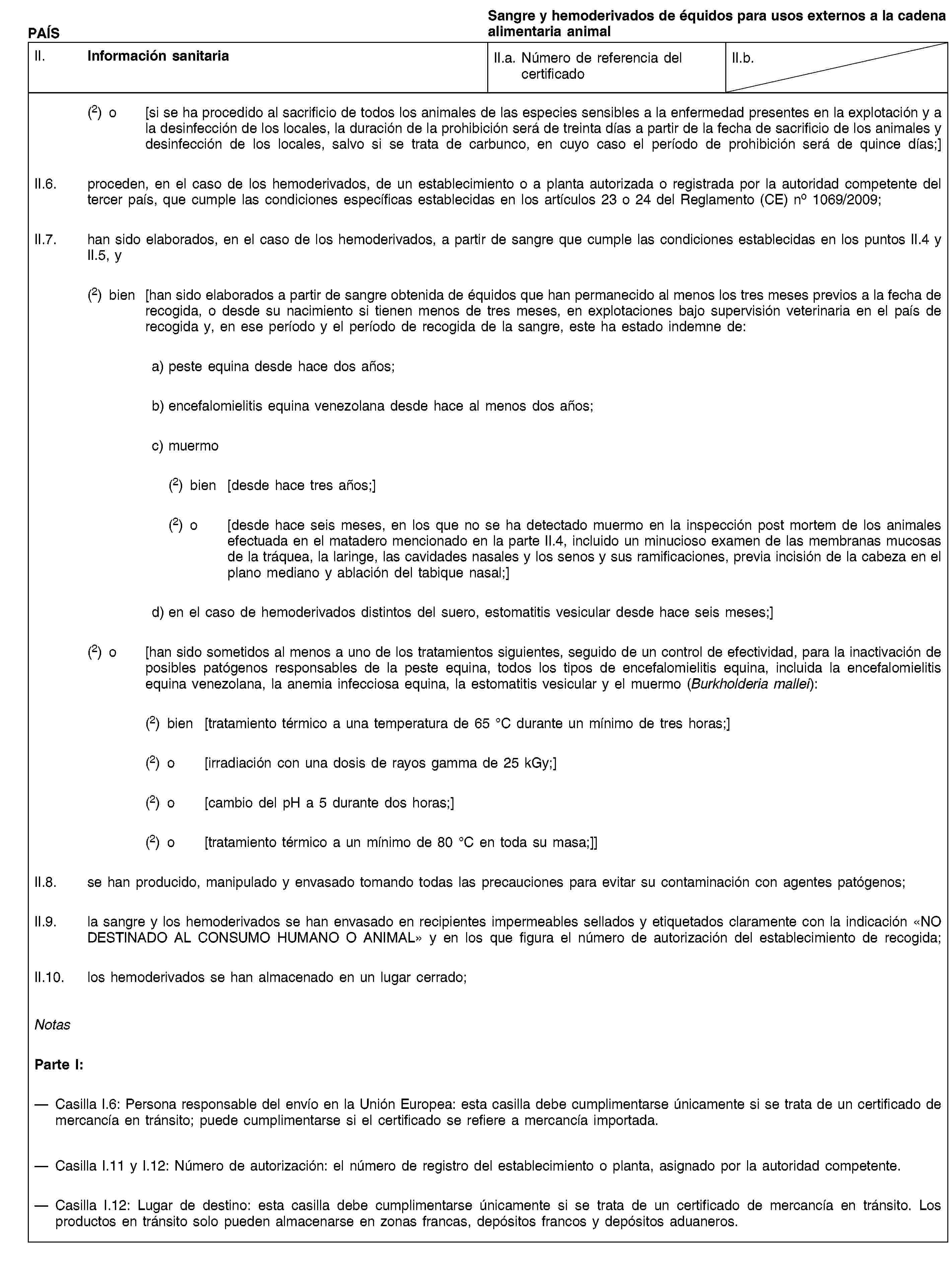 PAÍSSangre y hemoderivados de équidos para usos externos a la cadena alimentaria animalII. Información sanitariaII.a. Número de referencia del certificadoII.b.(2) o [si se ha procedido al sacrificio de todos los animales de las especies sensibles a la enfermedad presentes en la explotación y a la desinfección de los locales, la duración de la prohibición será de treinta días a partir de la fecha de sacrificio de los animales y desinfección de los locales, salvo si se trata de carbunco, en cuyo caso el período de prohibición será de quince días;]II.6. proceden, en el caso de los hemoderivados, de un establecimiento o a planta autorizada o registrada por la autoridad competente del tercer país, que cumple las condiciones específicas establecidas en los artículos 23 o 24 del Reglamento (CE) no 1069/2009;II.7. han sido elaborados, en el caso de los hemoderivados, a partir de sangre que cumple las condiciones establecidas en los puntos II.4 y II.5, y(2) bien [han sido elaborados a partir de sangre obtenida de équidos que han permanecido al menos los tres meses previos a la fecha de recogida, o desde su nacimiento si tienen menos de tres meses, en explotaciones bajo supervisión veterinaria en el país de recogida y, en ese período y el período de recogida de la sangre, este ha estado indemne de:a) peste equina desde hace dos años;b) encefalomielitis equina venezolana desde hace al menos dos años;c) muermo(2) bien [desde hace tres años;](2) o [desde hace seis meses, en los que no se ha detectado muermo en la inspección post mortem de los animales efectuada en el matadero mencionado en la parte II.4, incluido un minucioso examen de las membranas mucosas de la tráquea, la laringe, las cavidades nasales y los senos y sus ramificaciones, previa incisión de la cabeza en el plano mediano y ablación del tabique nasal;]d) en el caso de hemoderivados distintos del suero, estomatitis vesicular desde hace seis meses;](2) o [han sido sometidos al menos a uno de los tratamientos siguientes, seguido de un control de efectividad, para la inactivación de posibles patógenos responsables de la peste equina, todos los tipos de encefalomielitis equina, incluida la encefalomielitis equina venezolana, la anemia infecciosa equina, la estomatitis vesicular y el muermo (Burkholderia mallei):(2) bien [tratamiento térmico a una temperatura de 65 °C durante un mínimo de tres horas;](2) o [irradiación con una dosis de rayos gamma de 25 kGy;](2) o [cambio del pH a 5 durante dos horas;](2) o [tratamiento térmico a un mínimo de 80 °C en toda su masa;]]II.8. se han producido, manipulado y envasado tomando todas las precauciones para evitar su contaminación con agentes patógenos;II.9. la sangre y los hemoderivados se han envasado en recipientes impermeables sellados y etiquetados claramente con la indicación «NO DESTINADO AL CONSUMO HUMANO O ANIMAL» y en los que figura el número de autorización del establecimiento de recogida;II.10. los hemoderivados se han almacenado en un lugar cerrado;NotasParte I:Casilla I.6: Persona responsable del envío en la Unión Europea: esta casilla debe cumplimentarse únicamente si se trata de un certificado de mercancía en tránsito; puede cumplimentarse si el certificado se refiere a mercancía importada.Casilla I.11 y I.12: Número de autorización: el número de registro del establecimiento o planta, asignado por la autoridad competente.Casilla I.12: Lugar de destino: esta casilla debe cumplimentarse únicamente si se trata de un certificado de mercancía en tránsito. Los productos en tránsito solo pueden almacenarse en zonas francas, depósitos francos y depósitos aduaneros.