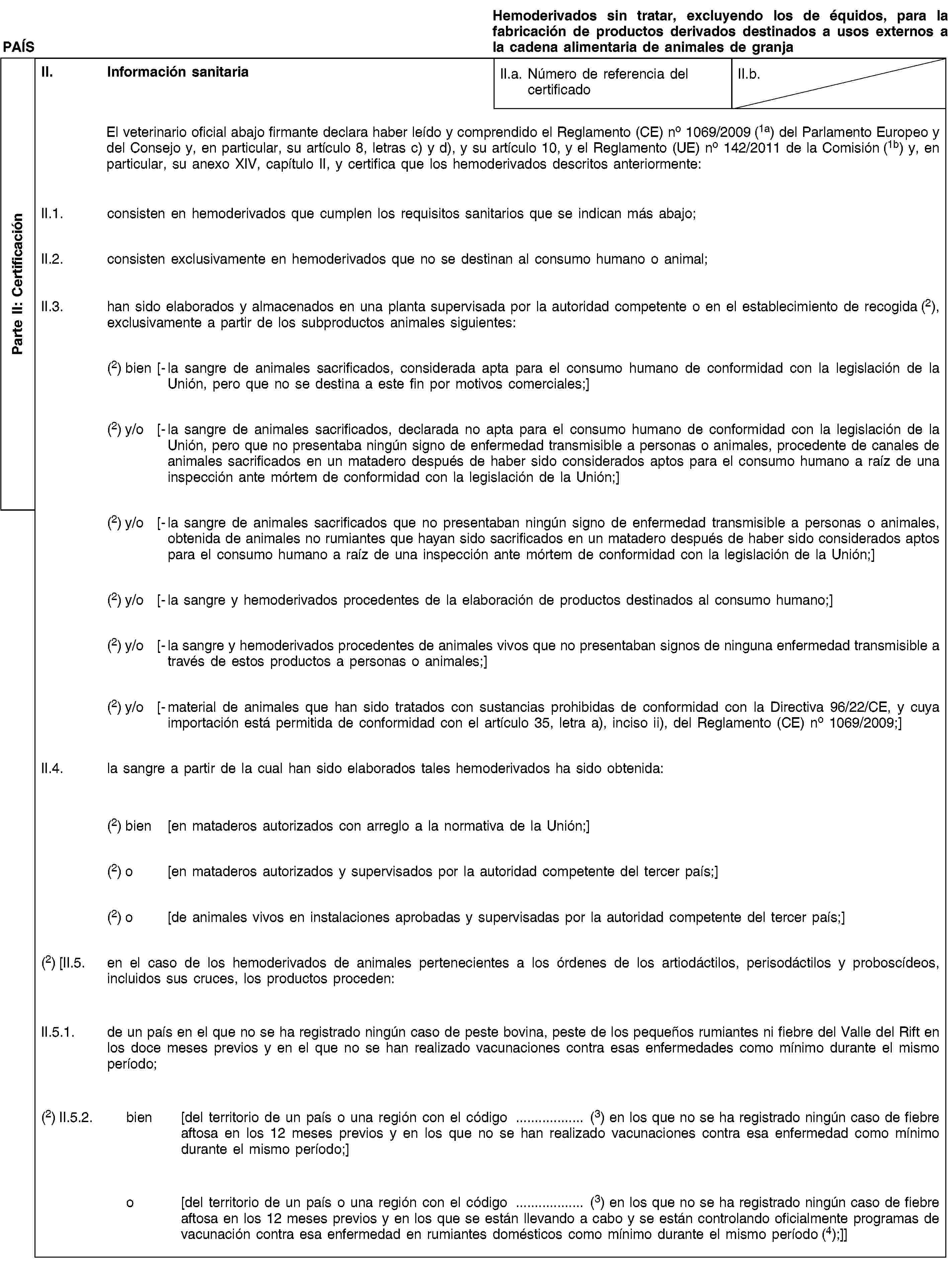 Parte II: CertificaciónPAÍSHemoderivados sin tratar, excluyendo los de équidos, para la fabricación de productos derivados destinados a usos externos a la cadena alimentaria de animales de granjaII. Información sanitariaII.a. Número de referencia del certificadoII.b.El veterinario oficial abajo firmante declara haber leído y comprendido el Reglamento (CE) no 1069/2009 (1a) del Parlamento Europeo y del Consejo y, en particular, su artículo 8, letras c) y d), y su artículo 10, y el Reglamento (UE) no 142/2011 de la Comisión (1b) y, en particular, su anexo XIV, capítulo II, y certifica que los hemoderivados descritos anteriormente:II.1. consisten en hemoderivados que cumplen los requisitos sanitarios que se indican más abajo;II.2. consisten exclusivamente en hemoderivados que no se destinan al consumo humano o animal;II.3. han sido elaborados y almacenados en una planta supervisada por la autoridad competente o en el establecimiento de recogida (2), exclusivamente a partir de los subproductos animales siguientes:(2) bien [- la sangre de animales sacrificados, considerada apta para el consumo humano de conformidad con la legislación de la Unión, pero que no se destina a este fin por motivos comerciales;](2) y/o [- la sangre de animales sacrificados, declarada no apta para el consumo humano de conformidad con la legislación de la Unión, pero que no presentaba ningún signo de enfermedad transmisible a personas o animales, procedente de canales de animales sacrificados en un matadero después de haber sido considerados aptos para el consumo humano a raíz de una inspección ante mórtem de conformidad con la legislación de la Unión;](2) y/o [- la sangre de animales sacrificados que no presentaban ningún signo de enfermedad transmisible a personas o animales, obtenida de animales no rumiantes que hayan sido sacrificados en un matadero después de haber sido considerados aptos para el consumo humano a raíz de una inspección ante mórtem de conformidad con la legislación de la Unión;](2) y/o [- la sangre y hemoderivados procedentes de la elaboración de productos destinados al consumo humano;](2) y/o [- la sangre y hemoderivados procedentes de animales vivos que no presentaban signos de ninguna enfermedad transmisible a través de estos productos a personas o animales;](2) y/o [- material de animales que han sido tratados con sustancias prohibidas de conformidad con la Directiva 96/22/CE, y cuya importación está permitida de conformidad con el artículo 35, letra a), inciso ii), del Reglamento (CE) no 1069/2009;]II.4. la sangre a partir de la cual han sido elaborados tales hemoderivados ha sido obtenida:(2) bien [en mataderos autorizados con arreglo a la normativa de la Unión;](2) o [en mataderos autorizados y supervisados por la autoridad competente del tercer país;](2) o [de animales vivos en instalaciones aprobadas y supervisadas por la autoridad competente del tercer país;](2) [II.5. en el caso de los hemoderivados de animales pertenecientes a los órdenes de los artiodáctilos, perisodáctilos y proboscídeos, incluidos sus cruces, los productos proceden:II.5.1. de un país en el que no se ha registrado ningún caso de peste bovina, peste de los pequeños rumiantes ni fiebre del Valle del Rift en los doce meses previos y en el que no se han realizado vacunaciones contra esas enfermedades como mínimo durante el mismo período;(2) II.5.2. bien [del territorio de un país o una región con el código … (3) en los que no se ha registrado ningún caso de fiebre aftosa en los 12 meses previos y en los que no se han realizado vacunaciones contra esa enfermedad como mínimo durante el mismo período;]o [del territorio de un país o una región con el código … (3) en los que no se ha registrado ningún caso de fiebre aftosa en los 12 meses previos y en los que se están llevando a cabo y se están controlando oficialmente programas de vacunación contra esa enfermedad en rumiantes domésticos como mínimo durante el mismo período (4);]]