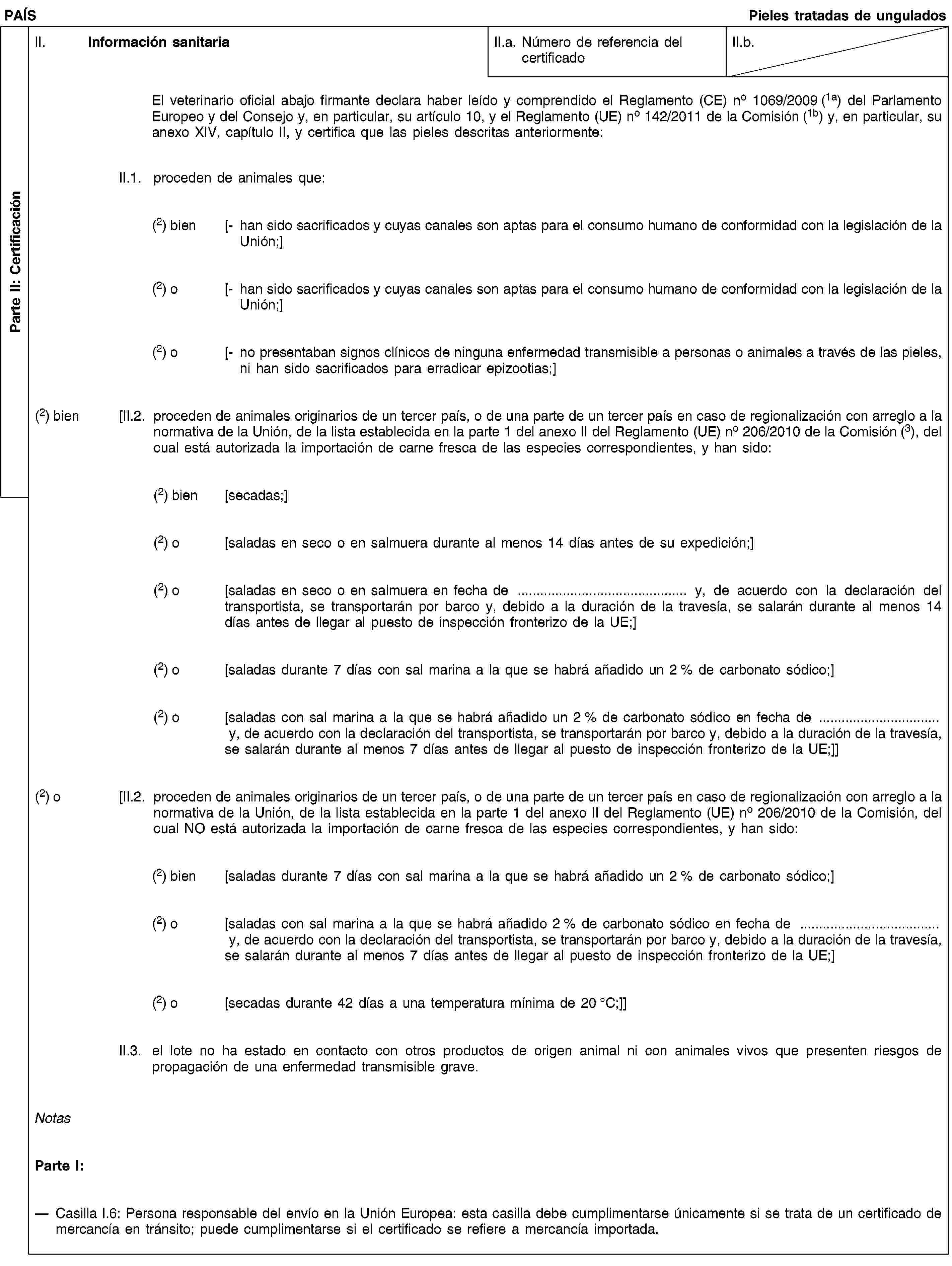 Parte II: CertificaciónPAÍSPieles tratadas de unguladosII. Información sanitariaII.a. Número de referencia del certificadoII.b.El veterinario oficial abajo firmante declara haber leído y comprendido el Reglamento (CE) no 1069/2009 (1a) del Parlamento Europeo y del Consejo y, en particular, su artículo 10, y el Reglamento (UE) no 142/2011 de la Comisión (1b) y, en particular, su anexo XIV, capítulo II, y certifica que las pieles descritas anteriormente:II.1. proceden de animales que:(2) bien [- han sido sacrificados y cuyas canales son aptas para el consumo humano de conformidad con la legislación de la Unión;](2) o [- han sido sacrificados y cuyas canales son aptas para el consumo humano de conformidad con la legislación de la Unión;](2) o [- no presentaban signos clínicos de ninguna enfermedad transmisible a personas o animales a través de las pieles, ni han sido sacrificados para erradicar epizootias;](2) bien [II.2. proceden de animales originarios de un tercer país, o de una parte de un tercer país en caso de regionalización con arreglo a la normativa de la Unión, de la lista establecida en la parte 1 del anexo II del Reglamento (UE) no 206/2010 de la Comisión (3), del cual está autorizada la importación de carne fresca de las especies correspondientes, y han sido:(2) bien [secadas;](2) o [saladas en seco o en salmuera durante al menos 14 días antes de su expedición;](2) o [saladas en seco o en salmuera en fecha de … y, de acuerdo con la declaración del transportista, se transportarán por barco y, debido a la duración de la travesía, se salarán durante al menos 14 días antes de llegar al puesto de inspección fronterizo de la UE;](2) o [saladas durante 7 días con sal marina a la que se habrá añadido un 2 % de carbonato sódico;](2) o [saladas con sal marina a la que se habrá añadido un 2 % de carbonato sódico en fecha de … y, de acuerdo con la declaración del transportista, se transportarán por barco y, debido a la duración de la travesía, se salarán durante al menos 7 días antes de llegar al puesto de inspección fronterizo de la UE;]](2) o [II.2. proceden de animales originarios de un tercer país, o de una parte de un tercer país en caso de regionalización con arreglo a la normativa de la Unión, de la lista establecida en la parte 1 del anexo II del Reglamento (UE) no 206/2010 de la Comisión, del cual NO está autorizada la importación de carne fresca de las especies correspondientes, y han sido:(2) bien [saladas durante 7 días con sal marina a la que se habrá añadido un 2 % de carbonato sódico;](2) o [saladas con sal marina a la que se habrá añadido 2 % de carbonato sódico en fecha de … y, de acuerdo con la declaración del transportista, se transportarán por barco y, debido a la duración de la travesía, se salarán durante al menos 7 días antes de llegar al puesto de inspección fronterizo de la UE;](2) o [secadas durante 42 días a una temperatura mínima de 20 °C;]]II.3. el lote no ha estado en contacto con otros productos de origen animal ni con animales vivos que presenten riesgos de propagación de una enfermedad transmisible grave.NotasParte I:Casilla I.6: Persona responsable del envío en la Unión Europea: esta casilla debe cumplimentarse únicamente si se trata de un certificado de mercancía en tránsito; puede cumplimentarse si el certificado se refiere a mercancía importada.
