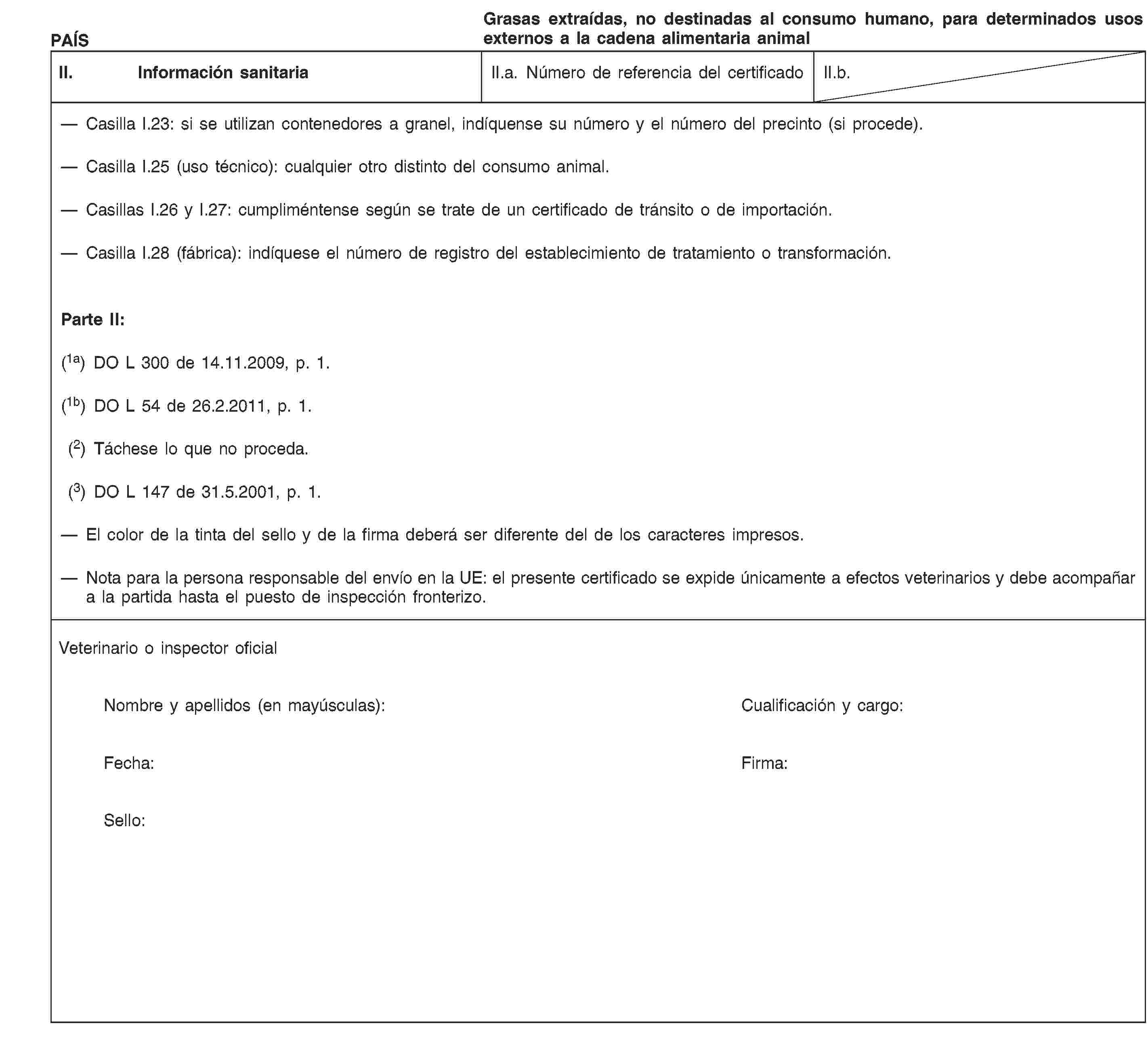 PAÍSGrasas extraídas, no destinadas al consumo humano, para determinados usos externos a la cadena alimentaria animalII. Información sanitariaII.a. Número de referencia del certificadoII.b.Casilla I.23: si se utilizan contenedores a granel, indíquense su número y el número del precinto (si procede).Casilla I.25 (uso técnico): cualquier otro distinto del consumo animal.Casillas I.26 y I.27: cumpliméntense según se trate de un certificado de tránsito o de importación.Casilla I.28 (fábrica): indíquese el número de registro del establecimiento de tratamiento o transformación.Parte II:(1a) DO L 300 de 14.11.2009, p. 1.(1b) DO L 54 de 26.2.2011, p. 1.(2) Táchese lo que no proceda.(3) DO L 147 de 31.5.2001, p. 1.El color de la tinta del sello y de la firma deberá ser diferente del de los caracteres impresos.Nota para la persona responsable del envío en la UE: el presente certificado se expide únicamente a efectos veterinarios y debe acompañar a la partida hasta el puesto de inspección fronterizo.Veterinario o inspector oficialNombre y apellidos (en mayúsculas):Cualificación y cargo:Fecha:Firma:Sello: