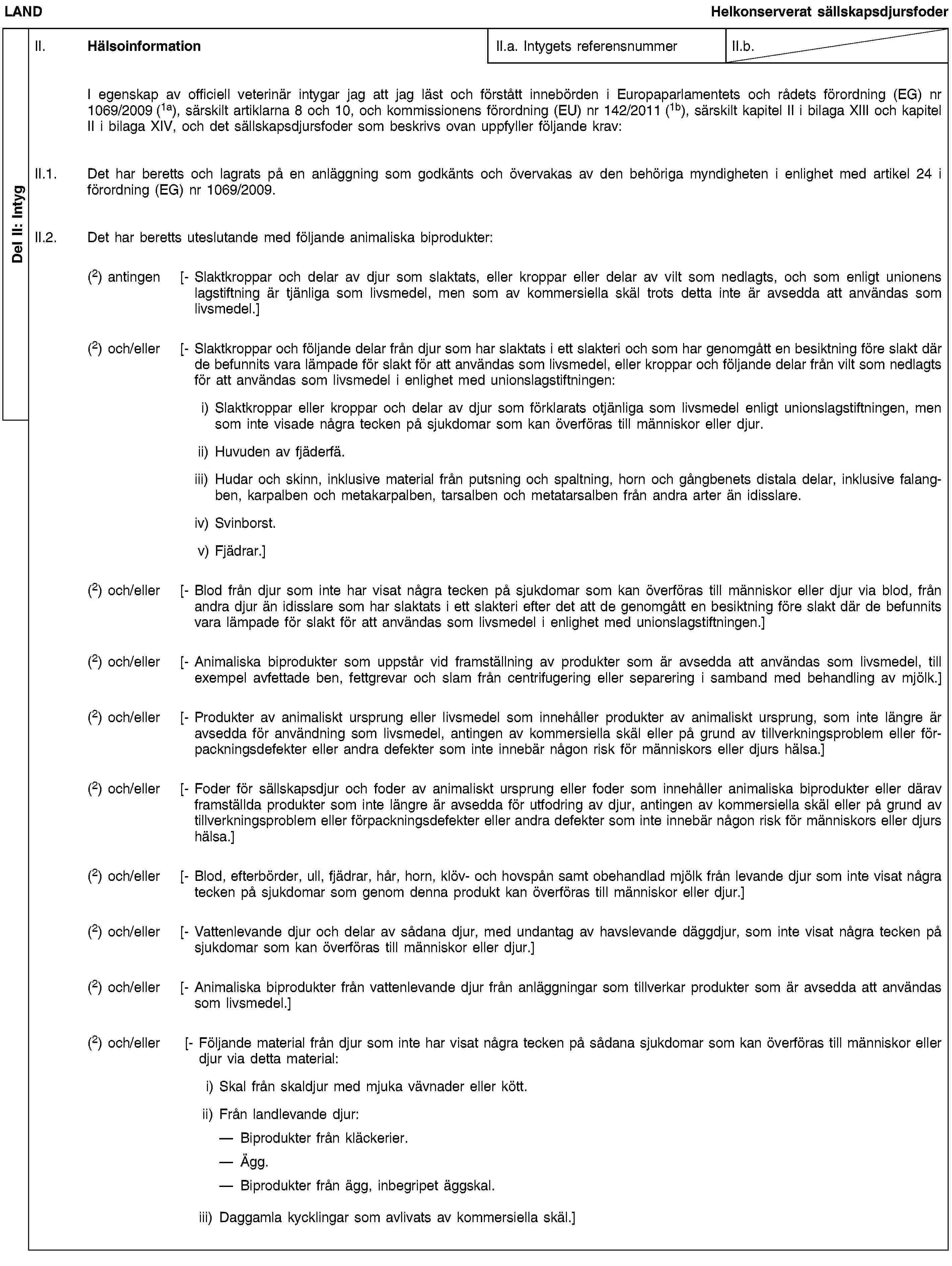 Del II: IntygLANDHelkonserverat sällskapsdjursfoderII. HälsoinformationII.a. Intygets referensnummerII.b.I egenskap av officiell veterinär intygar jag att jag läst och förstått innebörden i Europaparlamentets och rådets förordning (EG) nr 1069/2009 (1a), särskilt artiklarna 8 och 10, och kommissionens förordning (EU) nr 142/2011 (1b), särskilt kapitel II i bilaga XIII och kapitel II i bilaga XIV, och det sällskapsdjursfoder som beskrivs ovan uppfyller följande krav:II.1. Det har beretts och lagrats på en anläggning som godkänts och övervakas av den behöriga myndigheten i enlighet med artikel 24 i förordning (EG) nr 1069/2009.II.2. Det har beretts uteslutande med följande animaliska biprodukter:(2) antingen [- Slaktkroppar och delar av djur som slaktats, eller kroppar eller delar av vilt som nedlagts, och som enligt unionens lagstiftning är tjänliga som livsmedel, men som av kommersiella skäl trots detta inte är avsedda att användas som livsmedel.](2) och/eller [- Slaktkroppar och följande delar från djur som har slaktats i ett slakteri och som har genomgått en besiktning före slakt där de befunnits vara lämpade för slakt för att användas som livsmedel, eller kroppar och följande delar från vilt som nedlagts för att användas som livsmedel i enlighet med unionslagstiftningen:i) Slaktkroppar eller kroppar och delar av djur som förklarats otjänliga som livsmedel enligt unionslagstiftningen, men som inte visade några tecken på sjukdomar som kan överföras till människor eller djur.ii) Huvuden av fjäderfä.iii) Hudar och skinn, inklusive material från putsning och spaltning, horn och gångbenets distala delar, inklusive falangben, karpalben och metakarpalben, tarsalben och metatarsalben från andra arter än idisslare.iv) Svinborst.v) Fjädrar.](2) och/eller [- Blod från djur som inte har visat några tecken på sjukdomar som kan överföras till människor eller djur via blod, från andra djur än idisslare som har slaktats i ett slakteri efter det att de genomgått en besiktning före slakt där de befunnits vara lämpade för slakt för att användas som livsmedel i enlighet med unionslagstiftningen.](2) och/eller [- Animaliska biprodukter som uppstår vid framställning av produkter som är avsedda att användas som livsmedel, till exempel avfettade ben, fettgrevar och slam från centrifugering eller separering i samband med behandling av mjölk.](2) och/eller [- Produkter av animaliskt ursprung eller livsmedel som innehåller produkter av animaliskt ursprung, som inte längre är avsedda för användning som livsmedel, antingen av kommersiella skäl eller på grund av tillverkningsproblem eller förpackningsdefekter eller andra defekter som inte innebär någon risk för människors eller djurs hälsa.](2) och/eller [- Foder för sällskapsdjur och foder av animaliskt ursprung eller foder som innehåller animaliska biprodukter eller därav framställda produkter som inte längre är avsedda för utfodring av djur, antingen av kommersiella skäl eller på grund av tillverkningsproblem eller förpackningsdefekter eller andra defekter som inte innebär någon risk för människors eller djurs hälsa.](2) och/eller [- Blod, efterbörder, ull, fjädrar, hår, horn, klöv- och hovspån samt obehandlad mjölk från levande djur som inte visat några tecken på sjukdomar som genom denna produkt kan överföras till människor eller djur.](2) och/eller [- Vattenlevande djur och delar av sådana djur, med undantag av havslevande däggdjur, som inte visat några tecken på sjukdomar som kan överföras till människor eller djur.](2) och/eller [- Animaliska biprodukter från vattenlevande djur från anläggningar som tillverkar produkter som är avsedda att användas som livsmedel.](2) och/eller [- Följande material från djur som inte har visat några tecken på sådana sjukdomar som kan överföras till människor eller djur via detta material:i) Skal från skaldjur med mjuka vävnader eller kött.ii) Från landlevande djur:Biprodukter från kläckerier.Ägg.Biprodukter från ägg, inbegripet äggskal.iii) Daggamla kycklingar som avlivats av kommersiella skäl.]