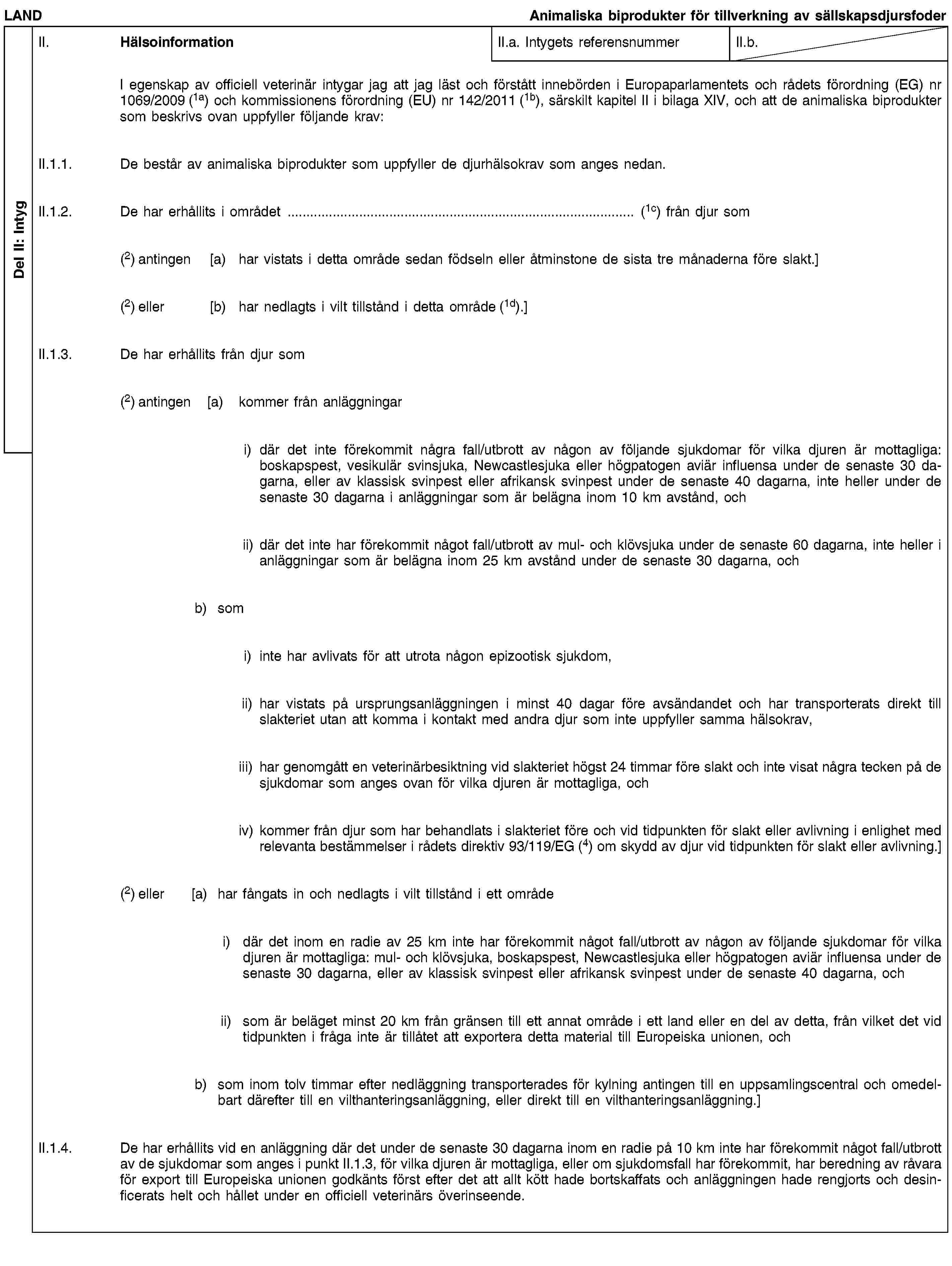 Del II: IntygLANDAnimaliska biprodukter för tillverkning av sällskapsdjursfoderII. HälsoinformationII.a. Intygets referensnummerII.b.I egenskap av officiell veterinär intygar jag att jag läst och förstått innebörden i Europaparlamentets och rådets förordning (EG) nr 1069/2009 (1a) och kommissionens förordning (EU) nr 142/2011 (1b), särskilt kapitel II i bilaga XIV, och att de animaliska biprodukter som beskrivs ovan uppfyller följande krav:II.1.1. De består av animaliska biprodukter som uppfyller de djurhälsokrav som anges nedan.II.1.2. De har erhållits i området … (1c) från djur som(2) antingen [a) har vistats i detta område sedan födseln eller åtminstone de sista tre månaderna före slakt.](2) eller [b) har nedlagts i vilt tillstånd i detta område (1d).]II.1.3. De har erhållits från djur som(2) antingen [a) kommer från anläggningari) där det inte förekommit några fall/utbrott av någon av följande sjukdomar för vilka djuren är mottagliga: boskapspest, vesikulär svinsjuka, Newcastlesjuka eller högpatogen aviär influensa under de senaste 30 dagarna, eller av klassisk svinpest eller afrikansk svinpest under de senaste 40 dagarna, inte heller under de senaste 30 dagarna i anläggningar som är belägna inom 10 km avstånd, ochii) där det inte har förekommit något fall/utbrott av mul- och klövsjuka under de senaste 60 dagarna, inte heller i anläggningar som är belägna inom 25 km avstånd under de senaste 30 dagarna, ochb) somi) inte har avlivats för att utrota någon epizootisk sjukdom,ii) har vistats på ursprungsanläggningen i minst 40 dagar före avsändandet och har transporterats direkt till slakteriet utan att komma i kontakt med andra djur som inte uppfyller samma hälsokrav,iii) har genomgått en veterinärbesiktning vid slakteriet högst 24 timmar före slakt och inte visat några tecken på de sjukdomar som anges ovan för vilka djuren är mottagliga, ochiv) kommer från djur som har behandlats i slakteriet före och vid tidpunkten för slakt eller avlivning i enlighet med relevanta bestämmelser i rådets direktiv 93/119/EG (4) om skydd av djur vid tidpunkten för slakt eller avlivning.](2) eller [a) har fångats in och nedlagts i vilt tillstånd i ett områdei) där det inom en radie av 25 km inte har förekommit något fall/utbrott av någon av följande sjukdomar för vilka djuren är mottagliga: mul- och klövsjuka, boskapspest, Newcastlesjuka eller högpatogen aviär influensa under de senaste 30 dagarna, eller av klassisk svinpest eller afrikansk svinpest under de senaste 40 dagarna, ochii) som är beläget minst 20 km från gränsen till ett annat område i ett land eller en del av detta, från vilket det vid tidpunkten i fråga inte är tillåtet att exportera detta material till Europeiska unionen, ochb) som inom tolv timmar efter nedläggning transporterades för kylning antingen till en uppsamlingscentral och omedelbart därefter till en vilthanteringsanläggning, eller direkt till en vilthanteringsanläggning.]II.1.4. De har erhållits vid en anläggning där det under de senaste 30 dagarna inom en radie på 10 km inte har förekommit något fall/utbrott av de sjukdomar som anges i punkt II.1.3, för vilka djuren är mottagliga, eller om sjukdomsfall har förekommit, har beredning av råvara för export till Europeiska unionen godkänts först efter det att allt kött hade bortskaffats och anläggningen hade rengjorts och desinficerats helt och hållet under en officiell veterinärs överinseende.