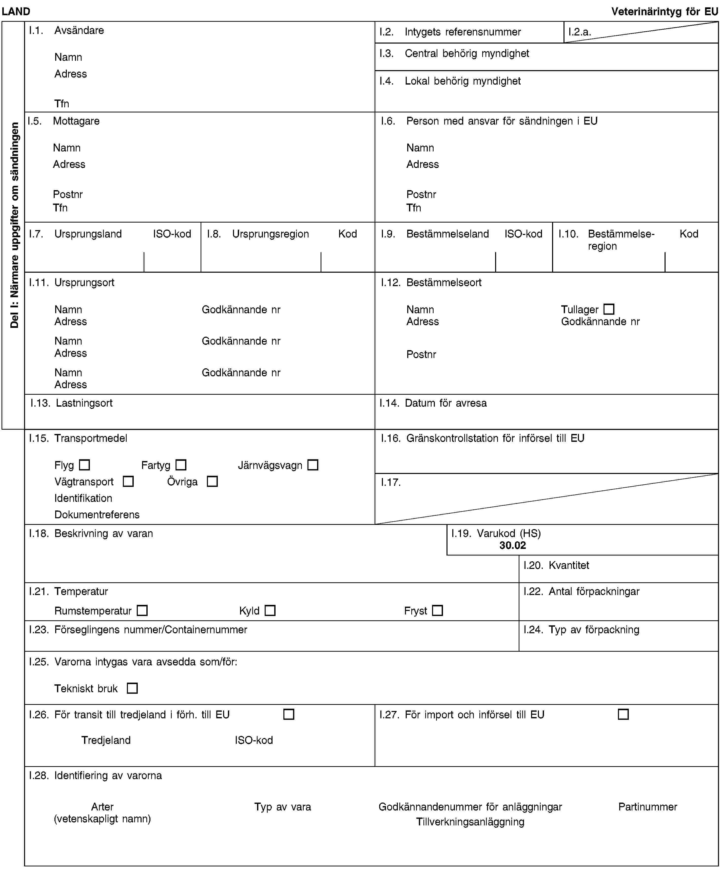 Del I: Närmare uppgifter om sändningenLANDVeterinärintyg för EUI.1. AvsändareNamnAdressTfnI.2. Intygets referensnummerI.2.a.I.3. Central behörig myndighetI.4. Lokal behörig myndighetI.5. MottagareNamnAdressPostnrTfnI.6. Person med ansvar för sändningen i EUNamnAdressPostnrTfnI.7. UrsprungslandISO-kodI.8. UrsprungsregionKodI.9. BestämmelselandISO-kodI.10. BestämmelseregionKodI.11. UrsprungsortNamnGodkännande nrAdressNamnGodkännande nrAdressNamnGodkännande nrAdressI.12. BestämmelseortNamnTullagerAdressGodkännande nrPostnrI.13. LastningsortI.14. Datum för avresaI.15. TransportmedelFlygFartygJärnvägsvagnVägtransportÖvrigaIdentifikationDokumentreferensI.16. Gränskontrollstation för införsel till EUI.17.I.18. Beskrivning av varanI.19. Varukod (HS)30.02I.20. KvantitetI.21. TemperaturRumstemperaturKyldFrystI.22. Antal förpackningarI.23. Förseglingens nummer/ContainernummerI.24. Typ av förpackningI.25. Varorna intygas vara avsedda som/för:Tekniskt brukI.26. För transit till tredjeland i förh. till EUTredjelandISO-kodI.27. För import och införsel till EUI.28. Identifiering av varornaArter(vetenskapligt namn)Typ av varaGodkännandenummer för anläggningarTillverkningsanläggningPartinummer