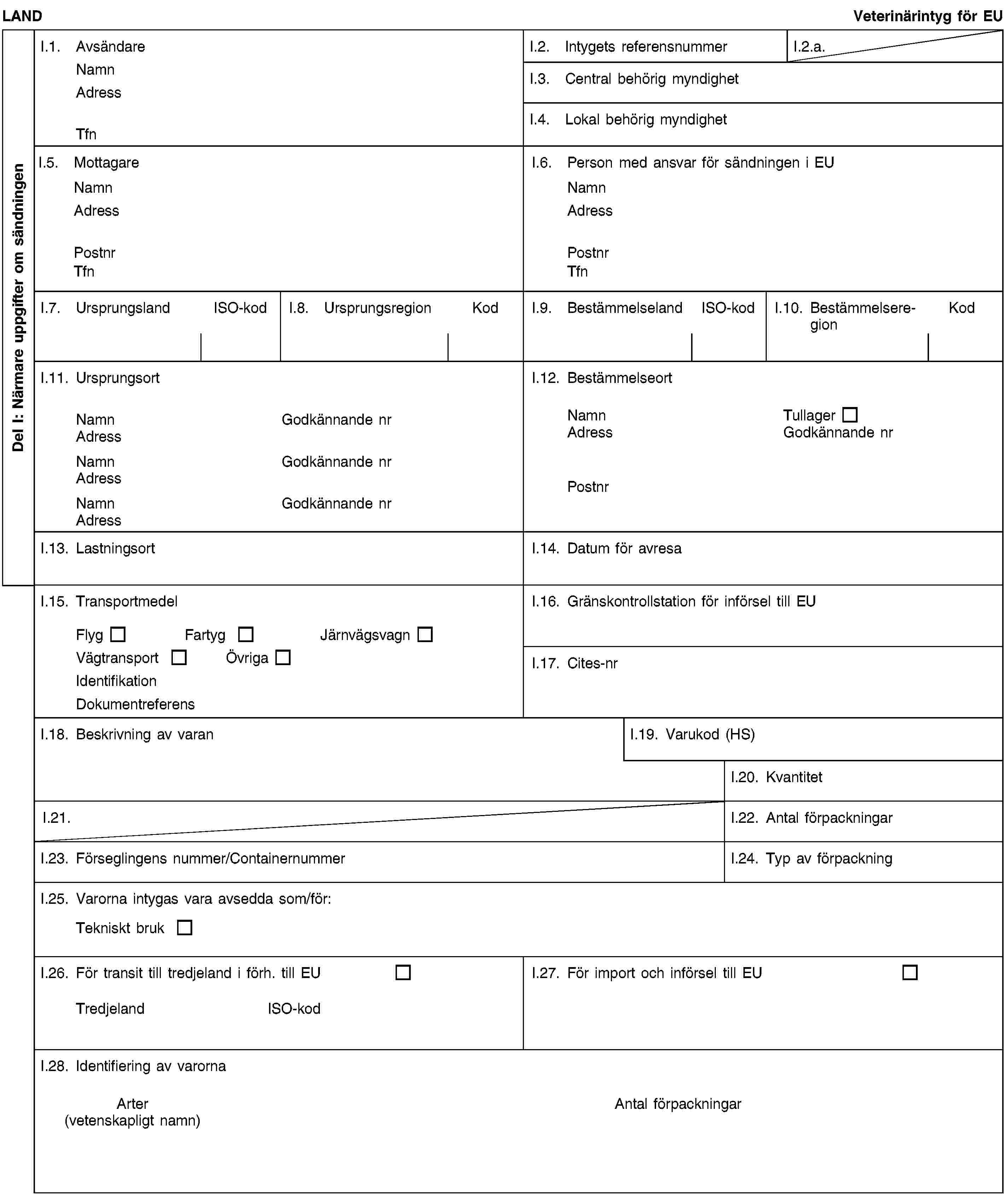 Del I: Närmare uppgifter om sändningenLANDVeterinärintyg för EUI.1. AvsändareNamnAdressTfnI.2. Intygets referensnummerI.2.a.I.3. Central behörig myndighetI.4. Lokal behörig myndighetI.5. MottagareNamnAdressPostnrTfnI.6. Person med ansvar för sändningen i EUNamnAdressPostnrTfnI.7. UrsprungslandISO-kodI.8. UrsprungsregionKodI.9. BestämmelselandISO-kodI.10. BestämmelseregionKodI.11. UrsprungsortNamnGodkännande nrAdressNamnGodkännande nrAdressNamnGodkännande nrAdressI.12. BestämmelseortNamnTullagerAdressGodkännande nrPostnrI.13. LastningsortI.14. Datum för avresaI.15. TransportmedelFlygFartygJärnvägsvagnVägtransportÖvrigaIdentifikationDokumentreferensI.16. Gränskontrollstation för införsel till EUI.17. Cites-nrI.18. Beskrivning av varanI.19. Varukod (HS)I.20. KvantitetI.21.I.22. Antal förpackningarI.23. Förseglingens nummer/ContainernummerI.24. Typ av förpackningI.25. Varorna intygas vara avsedda som/för:Tekniskt brukI.26. För transit till tredjeland i förh. till EUTredjelandISO-kodI.27. För import och införsel till EUI.28. Identifiering av varornaArter(vetenskapligt namn)Antal förpackningar