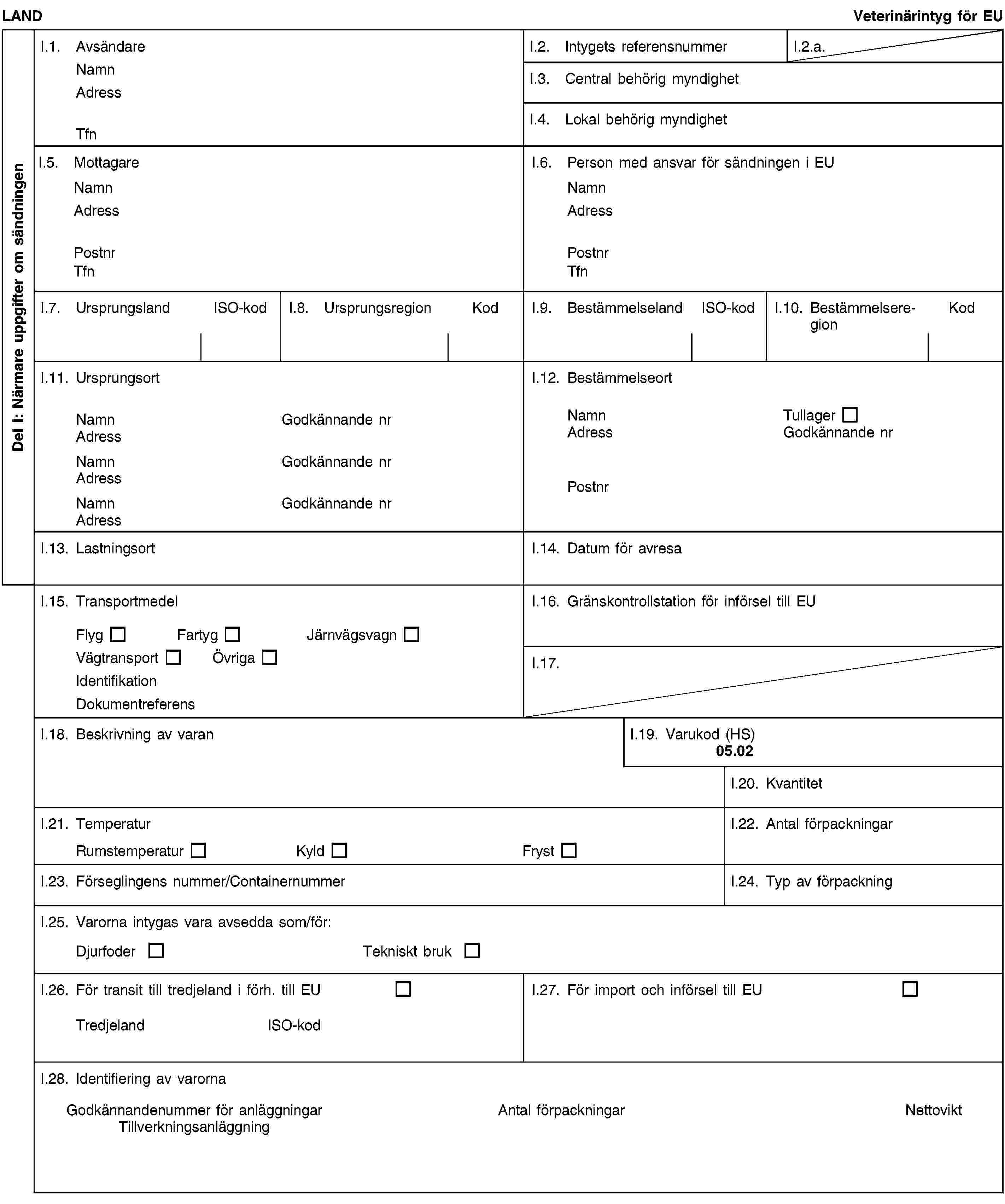 Del I: Närmare uppgifter om sändningenLANDVeterinärintyg för EUI.1. AvsändareNamnAdressTfnI.2. Intygets referensnummerI.2.a.I.3. Central behörig myndighetI.4. Lokal behörig myndighetI.5. MottagareNamnAdressPostnrTfnI.6. Person med ansvar för sändningen i EUNamnAdressPostnrTfnI.7. UrsprungslandISO-kodI.8. UrsprungsregionKodI.9. BestämmelselandISO-kodI.10. BestämmelseregionKodI.11. UrsprungsortNamnGodkännande nrAdressNamnGodkännande nrAdressNamnGodkännande nrAdressI.12. BestämmelseortNamnTullagerAdressGodkännande nrPostnrI.13. LastningsortI.14. Datum för avresaI.15. TransportmedelFlygFartygJärnvägsvagnVägtransportÖvrigaIdentifikationDokumentreferensI.16. Gränskontrollstation för införsel till EUI.17.I.18. Beskrivning av varanI.19. Varukod (HS)05.02I.20. KvantitetI.21. TemperaturRumstemperaturKyldFrystI.22. Antal förpackningarI.23. Förseglingens nummer/ContainernummerI.24. Typ av förpackningI.25. Varorna intygas vara avsedda som/för:DjurfoderTekniskt brukI.26. För transit till tredjeland i förh. till EUTredjelandISO-kodI.27. För import och införsel till EUI.28. Identifiering av varornaGodkännandenummer för anläggningarTillverkningsanläggningAntal förpackningarNettovikt