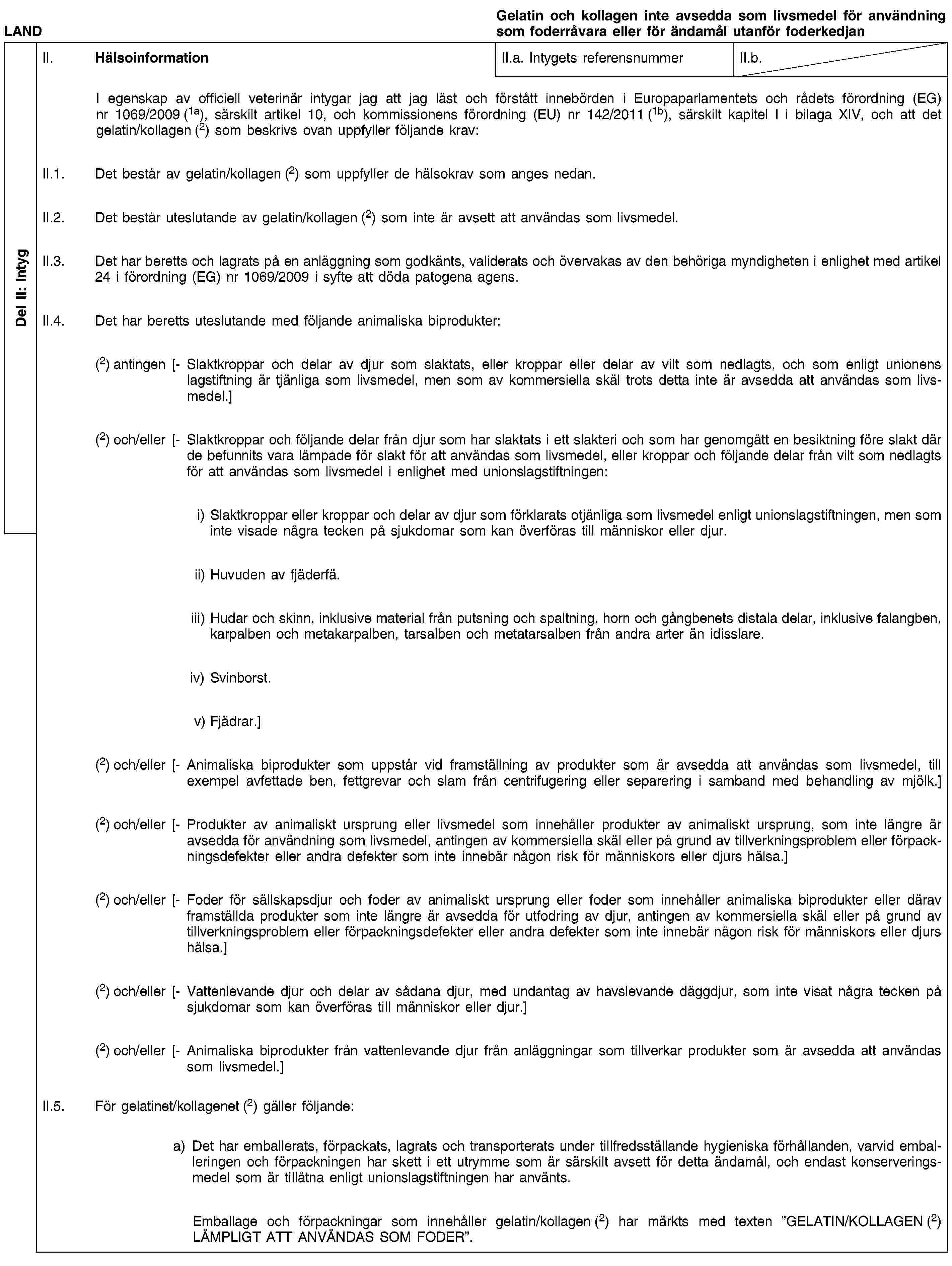 Del II: IntygLANDGelatin och kollagen inte avsedda som livsmedel för användning som foderråvara eller för ändamål utanför foderkedjanII. HälsoinformationII.a. Intygets referensnummerII.b.I egenskap av officiell veterinär intygar jag att jag läst och förstått innebörden i Europaparlamentets och rådets förordning (EG) nr 1069/2009 (1a), särskilt artikel 10, och kommissionens förordning (EU) nr 142/2011 (1b), särskilt kapitel I i bilaga XIV, och att det gelatin/kollagen (2) som beskrivs ovan uppfyller följande krav:II.1. Det består av gelatin/kollagen (2) som uppfyller de hälsokrav som anges nedan.II.2. Det består uteslutande av gelatin/kollagen (2) som inte är avsett att användas som livsmedel.II.3. Det har beretts och lagrats på en anläggning som godkänts, validerats och övervakas av den behöriga myndigheten i enlighet med artikel 24 i förordning (EG) nr 1069/2009 i syfte att döda patogena agens.II.4. Det har beretts uteslutande med följande animaliska biprodukter:(2) antingen [- Slaktkroppar och delar av djur som slaktats, eller kroppar eller delar av vilt som nedlagts, och som enligt unionens lagstiftning är tjänliga som livsmedel, men som av kommersiella skäl trots detta inte är avsedda att användas som livsmedel.](2) och/eller [- Slaktkroppar och följande delar från djur som har slaktats i ett slakteri och som har genomgått en besiktning före slakt där de befunnits vara lämpade för slakt för att användas som livsmedel, eller kroppar och följande delar från vilt som nedlagts för att användas som livsmedel i enlighet med unionslagstiftningen:i) Slaktkroppar eller kroppar och delar av djur som förklarats otjänliga som livsmedel enligt unionslagstiftningen, men som inte visade några tecken på sjukdomar som kan överföras till människor eller djur.ii) Huvuden av fjäderfä.iii) Hudar och skinn, inklusive material från putsning och spaltning, horn och gångbenets distala delar, inklusive falangben, karpalben och metakarpalben, tarsalben och metatarsalben från andra arter än idisslare.iv) Svinborst.v) Fjädrar.](2) och/eller [- Animaliska biprodukter som uppstår vid framställning av produkter som är avsedda att användas som livsmedel, till exempel avfettade ben, fettgrevar och slam från centrifugering eller separering i samband med behandling av mjölk.](2) och/eller [- Produkter av animaliskt ursprung eller livsmedel som innehåller produkter av animaliskt ursprung, som inte längre är avsedda för användning som livsmedel, antingen av kommersiella skäl eller på grund av tillverkningsproblem eller förpackningsdefekter eller andra defekter som inte innebär någon risk för människors eller djurs hälsa.](2) och/eller [- Foder för sällskapsdjur och foder av animaliskt ursprung eller foder som innehåller animaliska biprodukter eller därav framställda produkter som inte längre är avsedda för utfodring av djur, antingen av kommersiella skäl eller på grund av tillverkningsproblem eller förpackningsdefekter eller andra defekter som inte innebär någon risk för människors eller djurs hälsa.](2) och/eller [- Vattenlevande djur och delar av sådana djur, med undantag av havslevande däggdjur, som inte visat några tecken på sjukdomar som kan överföras till människor eller djur.](2) och/eller [- Animaliska biprodukter från vattenlevande djur från anläggningar som tillverkar produkter som är avsedda att användas som livsmedel.]II.5. För gelatinet/kollagenet (2) gäller följande:a) Det har emballerats, förpackats, lagrats och transporterats under tillfredsställande hygieniska förhållanden, varvid emballeringen och förpackningen har skett i ett utrymme som är särskilt avsett för detta ändamål, och endast konserveringsmedel som är tillåtna enligt unionslagstiftningen har använts.Emballage och förpackningar som innehåller gelatin/kollagen (2) har märkts med texten ”GELATIN/KOLLAGEN (2) LÄMPLIGT ATT ANVÄNDAS SOM FODER”.