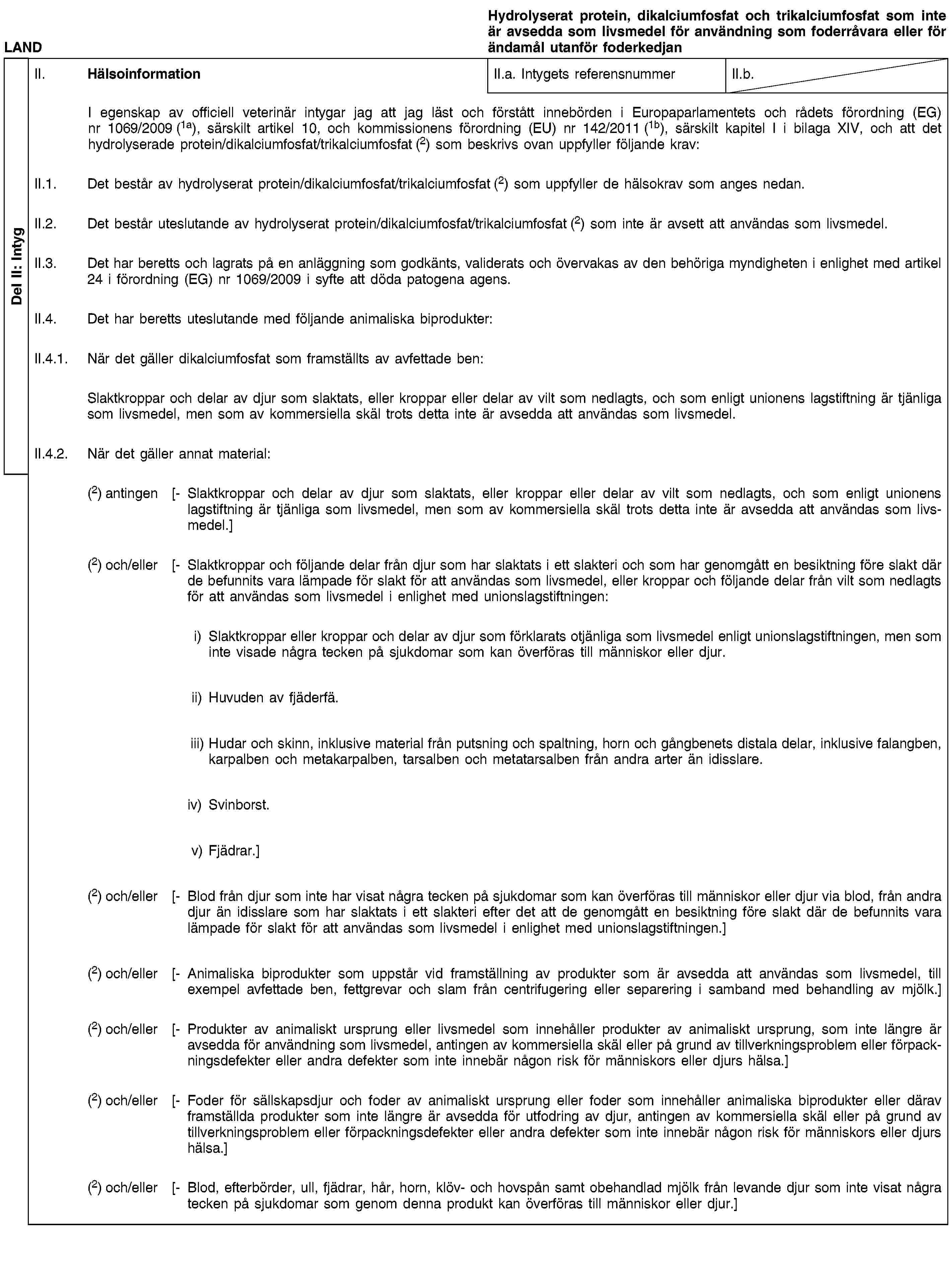 Del II: IntygLANDHydrolyserat protein, dikalciumfosfat och trikalciumfosfat som inte är avsedda som livsmedel för användning som foderråvara eller för ändamål utanför foderkedjanII. HälsoinformationII.a. Intygets referensnummerII.b.I egenskap av officiell veterinär intygar jag att jag läst och förstått innebörden i Europaparlamentets och rådets förordning (EG) nr 1069/2009 (1a), särskilt artikel 10, och kommissionens förordning (EU) nr 142/2011 (1b), särskilt kapitel I i bilaga XIV, och att det hydrolyserade protein/dikalciumfosfat/trikalciumfosfat (2) som beskrivs ovan uppfyller följande krav:II.1. Det består av hydrolyserat protein/dikalciumfosfat/trikalciumfosfat (2) som uppfyller de hälsokrav som anges nedan.II.2. Det består uteslutande av hydrolyserat protein/dikalciumfosfat/trikalciumfosfat (2) som inte är avsett att användas som livsmedel.II.3. Det har beretts och lagrats på en anläggning som godkänts, validerats och övervakas av den behöriga myndigheten i enlighet med artikel 24 i förordning (EG) nr 1069/2009 i syfte att döda patogena agens.II.4. Det har beretts uteslutande med följande animaliska biprodukter:II.4.1. När det gäller dikalciumfosfat som framställts av avfettade ben:Slaktkroppar och delar av djur som slaktats, eller kroppar eller delar av vilt som nedlagts, och som enligt unionens lagstiftning är tjänliga som livsmedel, men som av kommersiella skäl trots detta inte är avsedda att användas som livsmedel.II.4.2. När det gäller annat material:(2) antingen [- Slaktkroppar och delar av djur som slaktats, eller kroppar eller delar av vilt som nedlagts, och som enligt unionens lagstiftning är tjänliga som livsmedel, men som av kommersiella skäl trots detta inte är avsedda att användas som livsmedel.](2) och/eller [- Slaktkroppar och följande delar från djur som har slaktats i ett slakteri och som har genomgått en besiktning före slakt där de befunnits vara lämpade för slakt för att användas som livsmedel, eller kroppar och följande delar från vilt som nedlagts för att användas som livsmedel i enlighet med unionslagstiftningen:i) Slaktkroppar eller kroppar och delar av djur som förklarats otjänliga som livsmedel enligt unionslagstiftningen, men som inte visade några tecken på sjukdomar som kan överföras till människor eller djur.ii) Huvuden av fjäderfä.iii) Hudar och skinn, inklusive material från putsning och spaltning, horn och gångbenets distala delar, inklusive falangben, karpalben och metakarpalben, tarsalben och metatarsalben från andra arter än idisslare.iv) Svinborst.v) Fjädrar.](2) och/eller [- Blod från djur som inte har visat några tecken på sjukdomar som kan överföras till människor eller djur via blod, från andra djur än idisslare som har slaktats i ett slakteri efter det att de genomgått en besiktning före slakt där de befunnits vara lämpade för slakt för att användas som livsmedel i enlighet med unionslagstiftningen.](2) och/eller [- Animaliska biprodukter som uppstår vid framställning av produkter som är avsedda att användas som livsmedel, till exempel avfettade ben, fettgrevar och slam från centrifugering eller separering i samband med behandling av mjölk.](2) och/eller [- Produkter av animaliskt ursprung eller livsmedel som innehåller produkter av animaliskt ursprung, som inte längre är avsedda för användning som livsmedel, antingen av kommersiella skäl eller på grund av tillverkningsproblem eller förpackningsdefekter eller andra defekter som inte innebär någon risk för människors eller djurs hälsa.](2) och/eller [- Foder för sällskapsdjur och foder av animaliskt ursprung eller foder som innehåller animaliska biprodukter eller därav framställda produkter som inte längre är avsedda för utfodring av djur, antingen av kommersiella skäl eller på grund av tillverkningsproblem eller förpackningsdefekter eller andra defekter som inte innebär någon risk för människors eller djurs hälsa.](2) och/eller [- Blod, efterbörder, ull, fjädrar, hår, horn, klöv- och hovspån samt obehandlad mjölk från levande djur som inte visat några tecken på sjukdomar som genom denna produkt kan överföras till människor eller djur.]