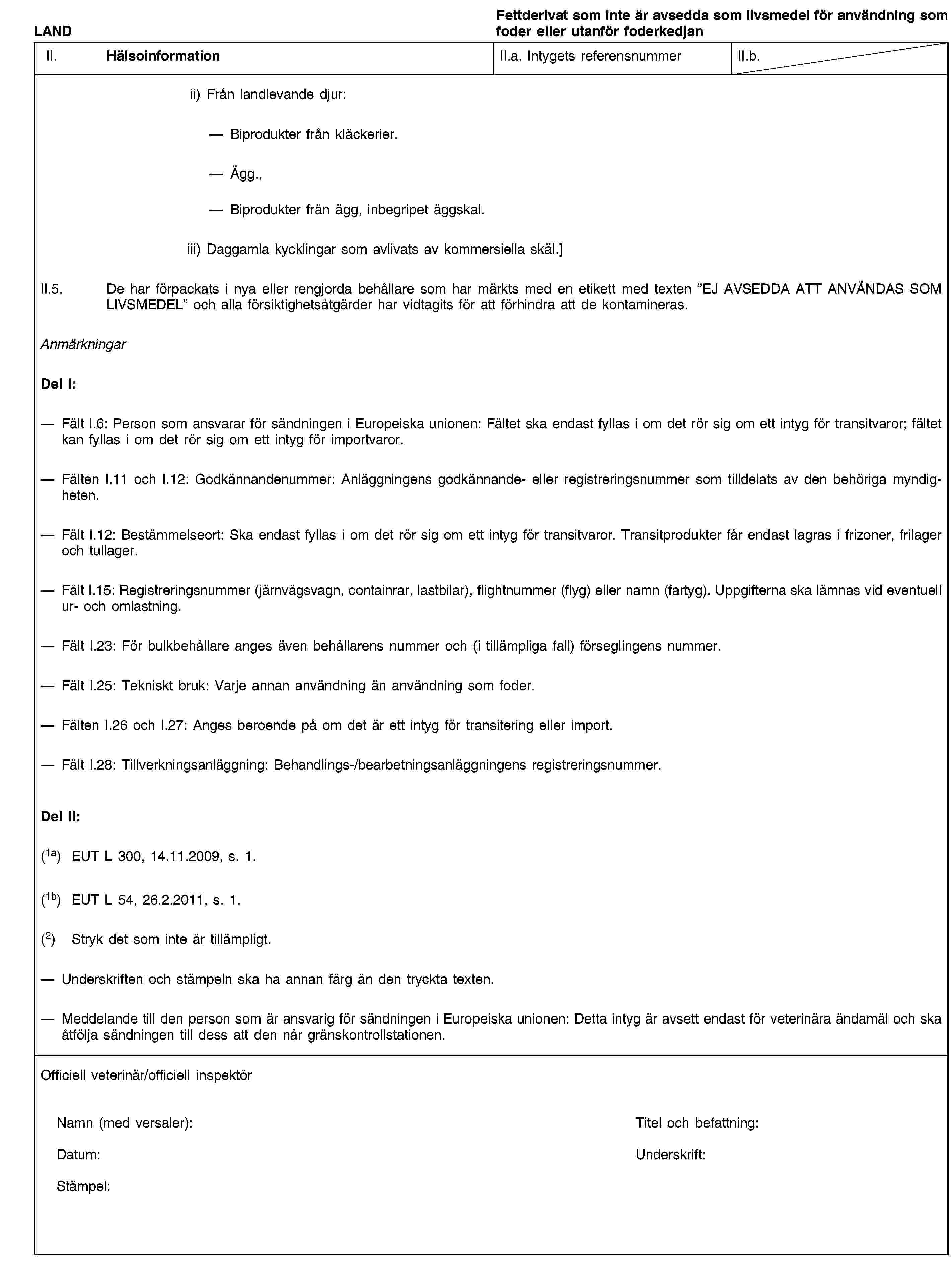 LANDFettderivat som inte är avsedda som livsmedel för användning som foder eller utanför foderkedjanII. HälsoinformationII.a. Intygets referensnummerII.b.ii) Från landlevande djur:Biprodukter från kläckerier.Ägg.,Biprodukter från ägg, inbegripet äggskal.iii) Daggamla kycklingar som avlivats av kommersiella skäl.]II.5. De har förpackats i nya eller rengjorda behållare som har märkts med en etikett med texten ”EJ AVSEDDA ATT ANVÄNDAS SOM LIVSMEDEL” och alla försiktighetsåtgärder har vidtagits för att förhindra att de kontamineras.AnmärkningarDel I:Fält I.6: Person som ansvarar för sändningen i Europeiska unionen: Fältet ska endast fyllas i om det rör sig om ett intyg för transitvaror; fältet kan fyllas i om det rör sig om ett intyg för importvaror.Fälten I.11 och I.12: Godkännandenummer: Anläggningens godkännande- eller registreringsnummer som tilldelats av den behöriga myndigheten.Fält I.12: Bestämmelseort: Ska endast fyllas i om det rör sig om ett intyg för transitvaror. Transitprodukter får endast lagras i frizoner, frilager och tullager.Fält I.15: Registreringsnummer (järnvägsvagn, containrar, lastbilar), flightnummer (flyg) eller namn (fartyg). Uppgifterna ska lämnas vid eventuell ur- och omlastning.Fält I.23: För bulkbehållare anges även behållarens nummer och (i tillämpliga fall) förseglingens nummer.Fält I.25: Tekniskt bruk: Varje annan användning än användning som foder.Fälten I.26 och I.27: Anges beroende på om det är ett intyg för transitering eller import.Fält I.28: Tillverkningsanläggning: Behandlings-/bearbetningsanläggningens registreringsnummer.Del II:(1a) EUT L 300, 14.11.2009, s. 1.(1b) EUT L 54, 26.2.2011, s. 1.(2) Stryk det som inte är tillämpligt.Underskriften och stämpeln ska ha annan färg än den tryckta texten.Meddelande till den person som är ansvarig för sändningen i Europeiska unionen: Detta intyg är avsett endast för veterinära ändamål och ska åtfölja sändningen till dess att den når gränskontrollstationen.Officiell veterinär/officiell inspektörNamn (med versaler):Titel och befattning:Datum:Underskrift:Stämpel: