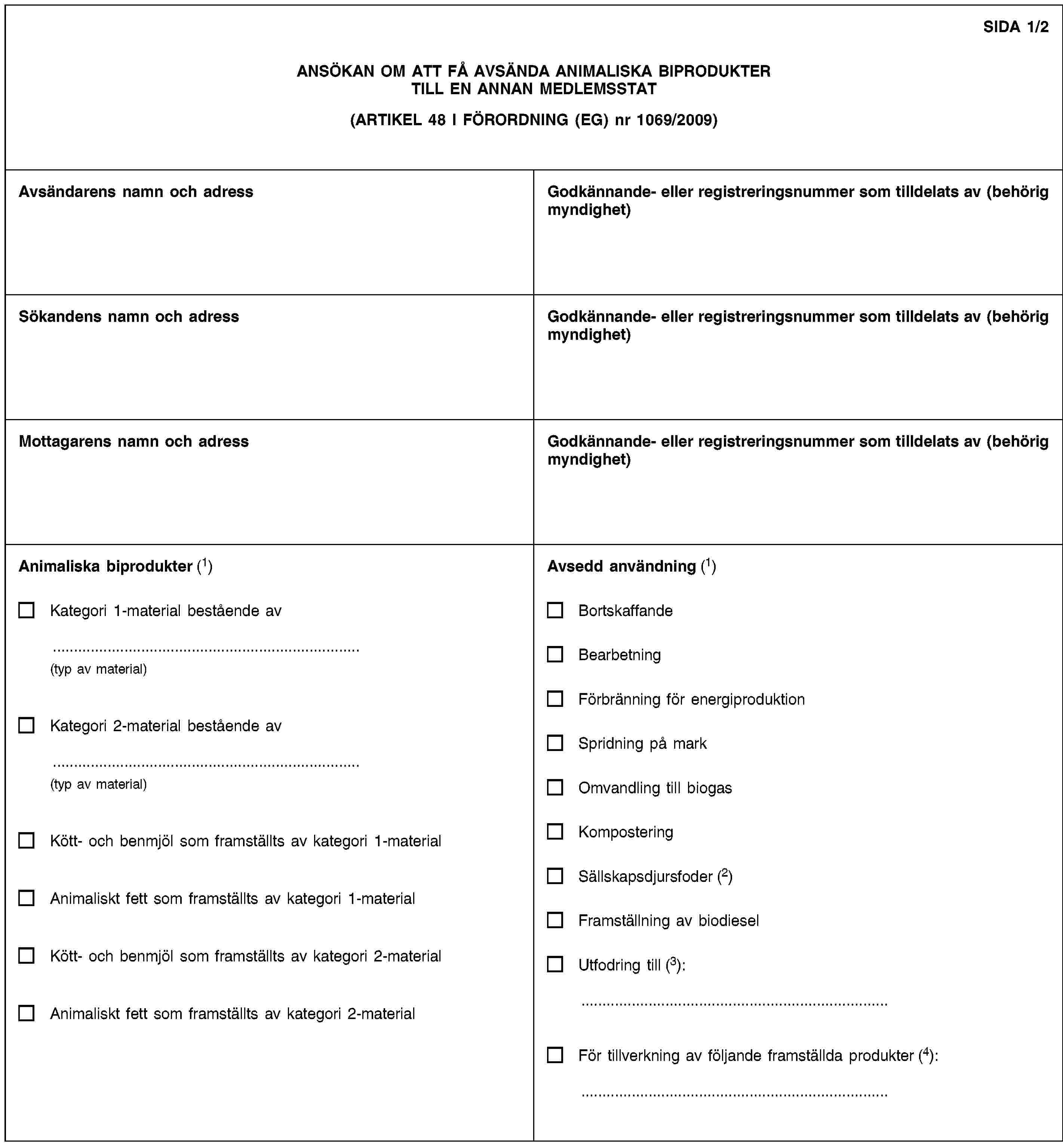SIDA 1/2ANSÖKAN OM ATT FÅ AVSÄNDA ANIMALISKA BIPRODUKTER TILL EN ANNAN MEDLEMSSTAT(ARTIKEL 48 I FÖRORDNING (EG) nr 1069/2009)Avsändarens namn och adressGodkännande- eller registreringsnummer som tilldelats av (behörig myndighet)Sökandens namn och adressGodkännande- eller registreringsnummer som tilldelats av (behörig myndighet)Mottagarens namn och adressGodkännande- eller registreringsnummer som tilldelats av (behörig myndighet)Animaliska biprodukter (1)Kategori 1-material bestående av(typ av material)Kategori 2-material bestående av(typ av material)Kött- och benmjöl som framställts av kategori 1-materialAnimaliskt fett som framställts av kategori 1-materialKött- och benmjöl som framställts av kategori 2-materialAnimaliskt fett som framställts av kategori 2-materialAvsedd användning (1)BortskaffandeBearbetningFörbränning för energiproduktionSpridning på markOmvandling till biogasKomposteringSällskapsdjursfoder (2)Framställning av biodieselUtfodring till (3):För tillverkning av följande framställda produkter (4):