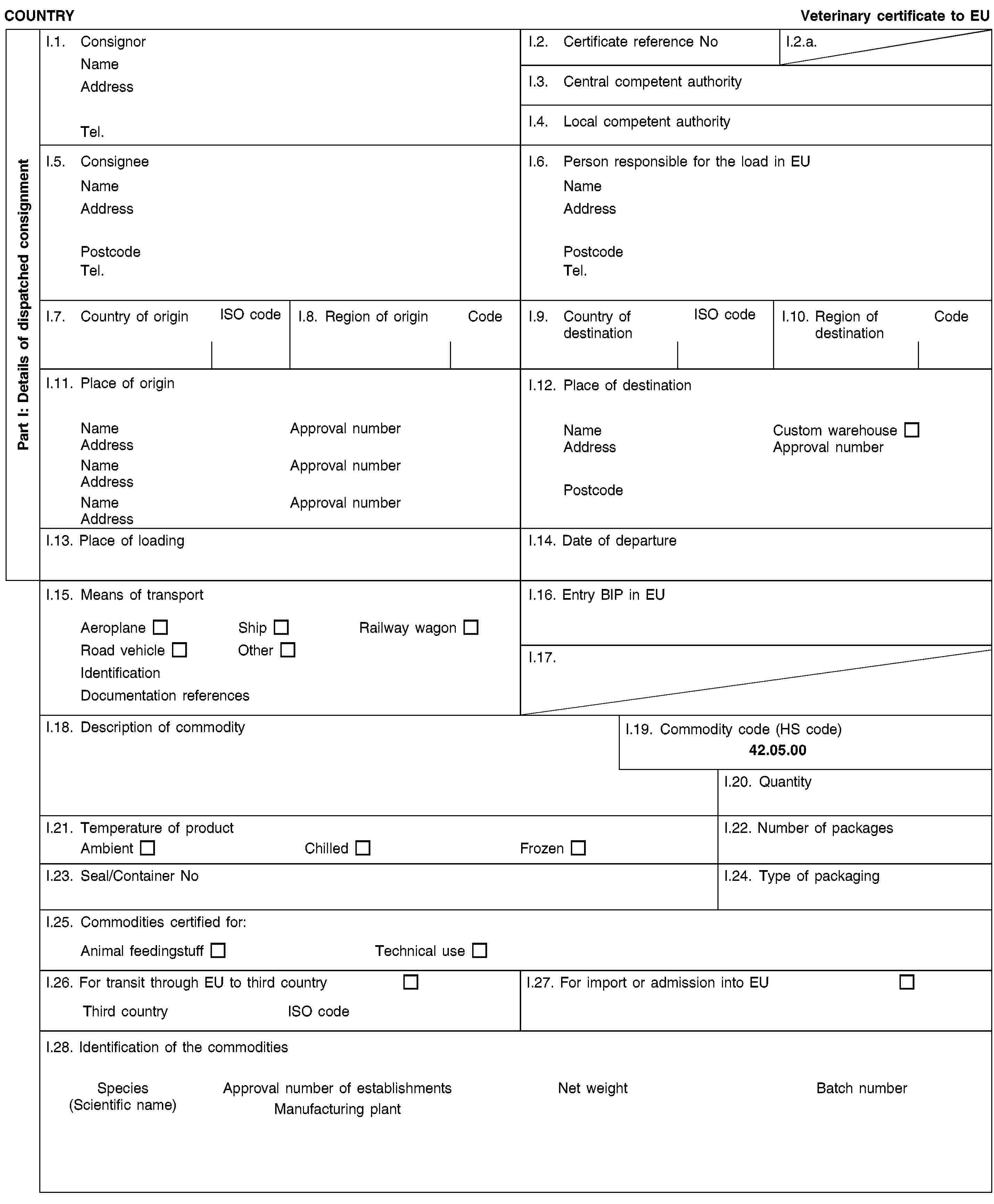 Part I: Details of dispatched consignmentCOUNTRYVeterinary certificate to EUI.1. ConsignorNameAddressTel.I.2. Certificate reference NoI.2.a.I.3. Central competent authorityI.4. Local competent authorityI.5. ConsigneeNameAddressPostcodeTel.I.6. Person responsible for the load in EUNameAddressPostcodeTel.I.7. Country of originISO codeI.8. Region of originCodeI.9. Country of destinationISO codeI.10. Region of destinationCodeI.11. Place of originNameApproval numberAddressNameApproval numberAddressNameApproval numberAddressI.12. Place of destinationNameCustom warehouseAddressApproval numberPostcodeI.13. Place of loadingI.14. Date of departureI.15. Means of transportAeroplaneShipRailway wagonRoad vehicleOtherIdentificationDocumentation referencesI.16. Entry BIP in EUI.17.I.18. Description of commodityI.19. Commodity code (HS code)42.05.00I.20. QuantityI.21. Temperature of productAmbientChilledFrozenI.22. Number of packagesI.23. Seal/Container NoI.24. Type of packagingI.25. Commodities certified for:Animal feedingstuffTechnical useI.26. For transit through EU to third countryThird countryISO codeI.27. For import or admission into EUI.28. Identification of the commoditiesSpecies(Scientific name)Approval number of establishmentsManufacturing plantNet weightBatch number