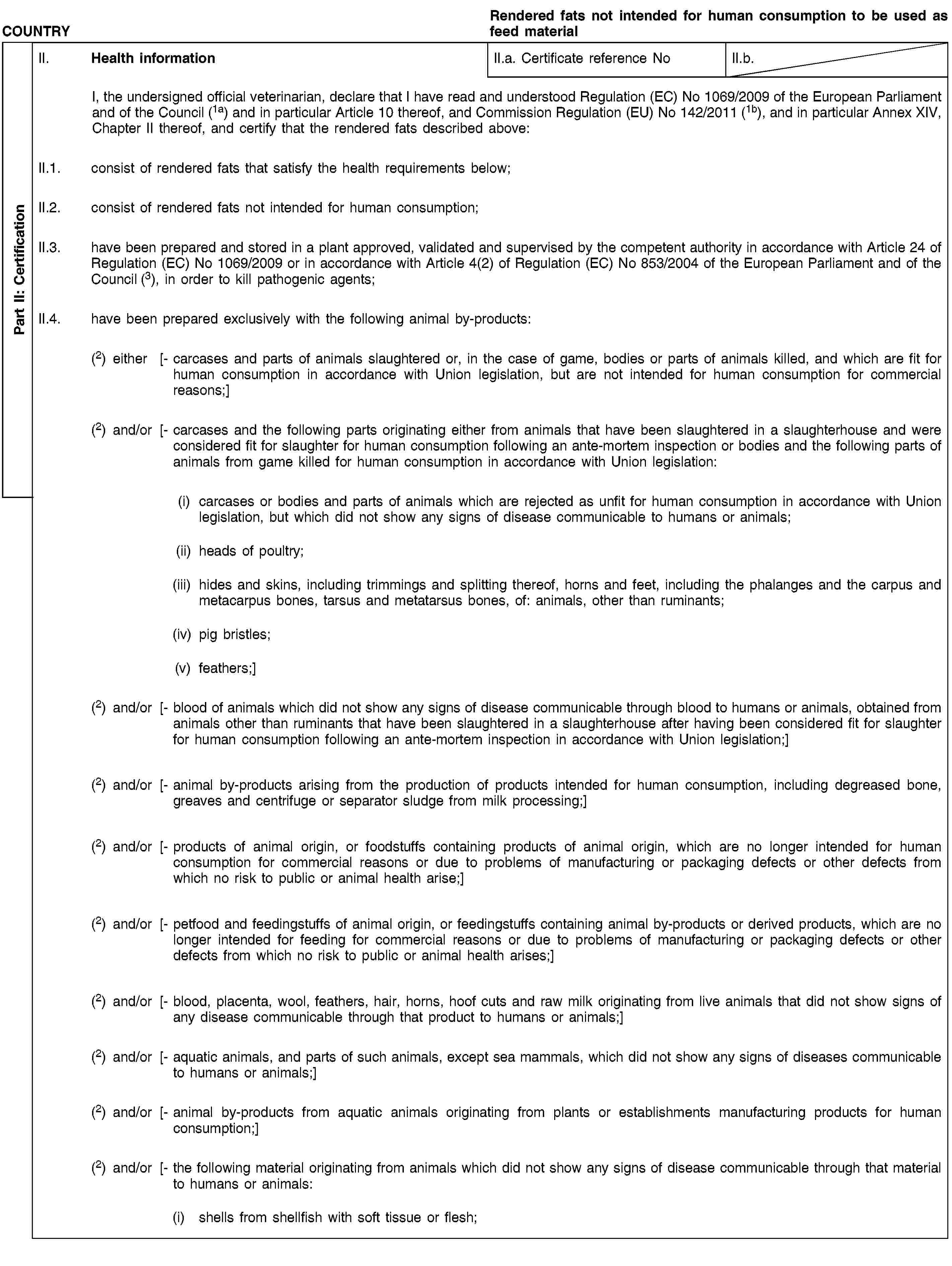 Part II: CertificationCOUNTRYRendered fats not intended for human consumption to be used as feed materialII. Health informationII.a. Certificate reference NoII.b.I, the undersigned official veterinarian, declare that I have read and understood Regulation (EC) No 1069/2009 of the European Parliament and of the Council (1a) and in particular Article 10 thereof, and Commission Regulation (EU) No 142/2011 (1b), and in particular Annex XIV, Chapter II thereof, and certify that the rendered fats described above:II.1. consist of rendered fats that satisfy the health requirements below;II.2. consist of rendered fats not intended for human consumption;II.3. have been prepared and stored in a plant approved, validated and supervised by the competent authority in accordance with Article 24 of Regulation (EC) No 1069/2009 or in accordance with Article 4(2) of Regulation (EC) No 853/2004 of the European Parliament and of the Council (3), in order to kill pathogenic agents;II.4. have been prepared exclusively with the following animal by-products:(2) either [- carcases and parts of animals slaughtered or, in the case of game, bodies or parts of animals killed, and which are fit for human consumption in accordance with Union legislation, but are not intended for human consumption for commercial reasons;](2) and/or [- carcases and the following parts originating either from animals that have been slaughtered in a slaughterhouse and were considered fit for slaughter for human consumption following an ante-mortem inspection or bodies and the following parts of animals from game killed for human consumption in accordance with Union legislation:(i) carcases or bodies and parts of animals which are rejected as unfit for human consumption in accordance with Union legislation, but which did not show any signs of disease communicable to humans or animals;(ii) heads of poultry;(iii) hides and skins, including trimmings and splitting thereof, horns and feet, including the phalanges and the carpus and metacarpus bones, tarsus and metatarsus bones, of: animals, other than ruminants;(iv) pig bristles;(v) feathers;](2) and/or [- blood of animals which did not show any signs of disease communicable through blood to humans or animals, obtained from animals other than ruminants that have been slaughtered in a slaughterhouse after having been considered fit for slaughter for human consumption following an ante-mortem inspection in accordance with Union legislation;](2) and/or [- animal by-products arising from the production of products intended for human consumption, including degreased bone, greaves and centrifuge or separator sludge from milk processing;](2) and/or [- products of animal origin, or foodstuffs containing products of animal origin, which are no longer intended for human consumption for commercial reasons or due to problems of manufacturing or packaging defects or other defects from which no risk to public or animal health arise;](2) and/or [- petfood and feedingstuffs of animal origin, or feedingstuffs containing animal by-products or derived products, which are no longer intended for feeding for commercial reasons or due to problems of manufacturing or packaging defects or other defects from which no risk to public or animal health arises;](2) and/or [- blood, placenta, wool, feathers, hair, horns, hoof cuts and raw milk originating from live animals that did not show signs of any disease communicable through that product to humans or animals;](2) and/or [- aquatic animals, and parts of such animals, except sea mammals, which did not show any signs of diseases communicable to humans or animals;](2) and/or [- animal by-products from aquatic animals originating from plants or establishments manufacturing products for human consumption;](2) and/or [- the following material originating from animals which did not show any signs of disease communicable through that material to humans or animals:(i) shells from shellfish with soft tissue or flesh;