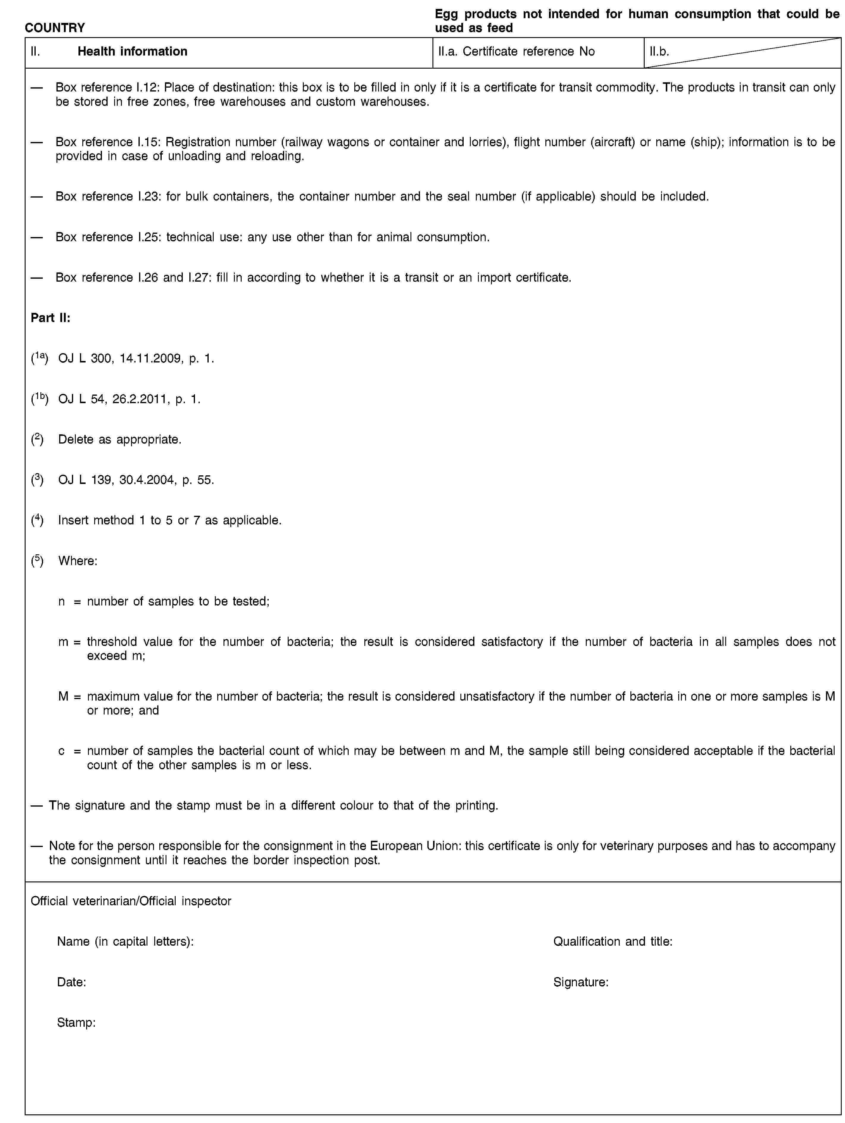 COUNTRYEgg products not intended for human consumption that could be used as feedII. Health informationII.a. Certificate reference NoII.b.Box reference I.12: Place of destination: this box is to be filled in only if it is a certificate for transit commodity. The products in transit can only be stored in free zones, free warehouses and custom warehouses.Box reference I.15: Registration number (railway wagons or container and lorries), flight number (aircraft) or name (ship); information is to be provided in case of unloading and reloading.Box reference I.23: for bulk containers, the container number and the seal number (if applicable) should be included.Box reference I.25: technical use: any use other than for animal consumption.Box reference I.26 and I.27: fill in according to whether it is a transit or an import certificate.Part II:(1a) OJ L 300, 14.11.2009, p. 1.(1b) OJ L 54, 26.2.2011, p. 1.(2) Delete as appropriate.(3) OJ L 139, 30.4.2004, p. 55.(4) Insert method 1 to 5 or 7 as applicable.(5) Where:n = number of samples to be tested;m = threshold value for the number of bacteria; the result is considered satisfactory if the number of bacteria in all samples does not exceed m;M = maximum value for the number of bacteria; the result is considered unsatisfactory if the number of bacteria in one or more samples is M or more; andc = number of samples the bacterial count of which may be between m and M, the sample still being considered acceptable if the bacterial count of the other samples is m or less.The signature and the stamp must be in a different colour to that of the printing.Note for the person responsible for the consignment in the European Union: this certificate is only for veterinary purposes and has to accompany the consignment until it reaches the border inspection post.Official veterinarian/Official inspectorName (in capital letters):Qualification and title:Date:Signature:Stamp: