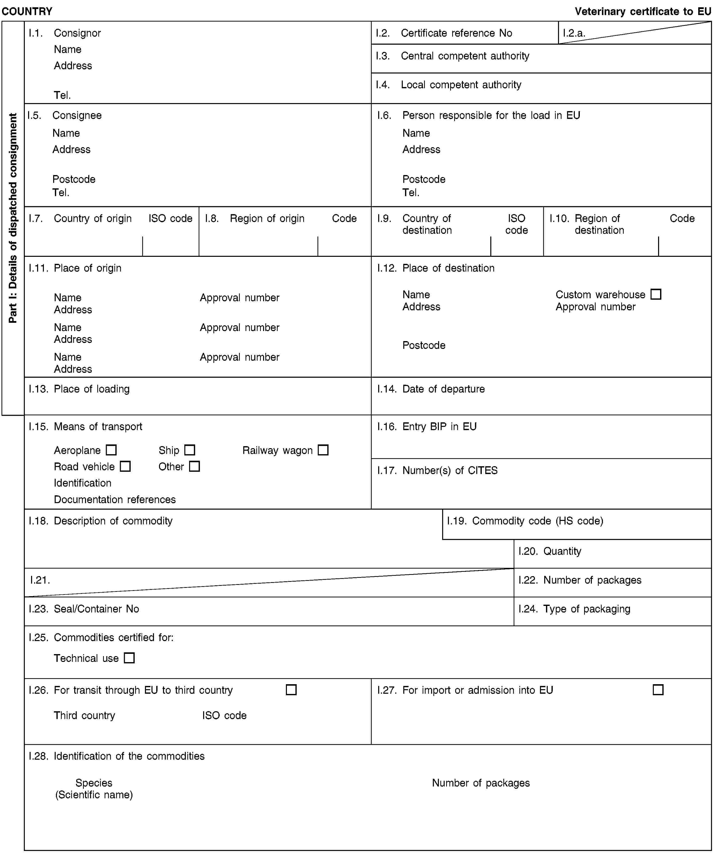 Part I: Details of dispatched consignmentCOUNTRYVeterinary certificate to EUI.1. ConsignorNameAddressTel.I.2. Certificate reference NoI.2.a.I.3. Central competent authorityI.4. Local competent authorityI.5. ConsigneeNameAddressPostcodeTel.I.6. Person responsible for the load in EUNameAddressPostcodeTel.I.7. Country of originISO codeI.8. Region of originCodeI.9. Country of destinationISO codeI.10. Region of destinationCodeI.11. Place of originNameApproval numberAddressNameApproval numberAddressNameApproval numberAddressI.12. Place of destinationNameCustom warehouseAddressApproval numberPostcodeI.13. Place of loadingI.14. Date of departureI.15. Means of transportAeroplaneShipRailway wagonRoad vehicleOtherIdentificationDocumentation referencesI.16. Entry BIP in EUI.17. Number(s) of CITESI.18. Description of commodityI.19. Commodity code (HS code)I.20. QuantityI.21.I.22. Number of packagesI.23. Seal/Container NoI.24. Type of packagingI.25. Commodities certified for:Technical useI.26. For transit through EU to third countryThird countryISO codeI.27. For import or admission into EUI.28. Identification of the commoditiesSpecies(Scientific name)Number of packages