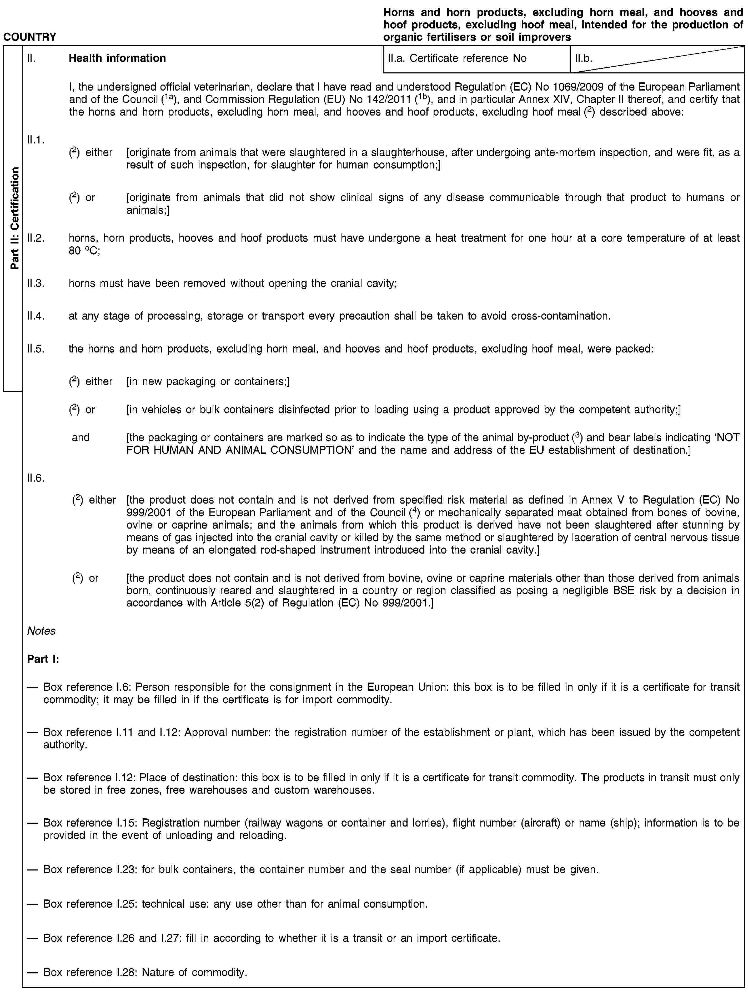 Part II: CertificationCOUNTRYHorns and horn products, excluding horn meal, and hooves and hoof products, excluding hoof meal, intended for the production of organic fertilisers or soil improversII. Health informationII.a. Certificate reference NoII.b.I, the undersigned official veterinarian, declare that I have read and understood Regulation (EC) No 1069/2009 of the European Parliament and of the Council (1a), and Commission Regulation (EU) No 142/2011 (1b), and in particular Annex XIV, Chapter II thereof, and certify that the horns and horn products, excluding horn meal, and hooves and hoof products, excluding hoof meal (2) described above:II.1. (2) either [originate from animals that were slaughtered in a slaughterhouse, after undergoing ante-mortem inspection, and were fit, as a result of such inspection, for slaughter for human consumption;](2) or [originate from animals that did not show clinical signs of any disease communicable through that product to humans or animals;]II.2. horns, horn products, hooves and hoof products must have undergone a heat treatment for one hour at a core temperature of at least 80 oC;II.3. horns must have been removed without opening the cranial cavity;II.4. at any stage of processing, storage or transport every precaution shall be taken to avoid cross-contamination.II.5. the horns and horn products, excluding horn meal, and hooves and hoof products, excluding hoof meal, were packed:(2) either [in new packaging or containers;](2) or [in vehicles or bulk containers disinfected prior to loading using a product approved by the competent authority;]and [the packaging or containers are marked so as to indicate the type of the animal by-product (3) and bear labels indicating ‘NOT FOR HUMAN AND ANIMAL CONSUMPTION’ and the name and address of the EU establishment of destination.]II.6.(2) either [the product does not contain and is not derived from specified risk material as defined in Annex V to Regulation (EC) No 999/2001 of the European Parliament and of the Council (4) or mechanically separated meat obtained from bones of bovine, ovine or caprine animals; and the animals from which this product is derived have not been slaughtered after stunning by means of gas injected into the cranial cavity or killed by the same method or slaughtered by laceration of central nervous tissue by means of an elongated rod-shaped instrument introduced into the cranial cavity.](2) or [the product does not contain and is not derived from bovine, ovine or caprine materials other than those derived from animals born, continuously reared and slaughtered in a country or region classified as posing a negligible BSE risk by a decision in accordance with Article 5(2) of Regulation (EC) No 999/2001.]NotesPart I:Box reference I.6: Person responsible for the consignment in the European Union: this box is to be filled in only if it is a certificate for transit commodity; it may be filled in if the certificate is for import commodity.Box reference I.11 and I.12: Approval number: the registration number of the establishment or plant, which has been issued by the competent authority.Box reference I.12: Place of destination: this box is to be filled in only if it is a certificate for transit commodity. The products in transit must only be stored in free zones, free warehouses and custom warehouses.Box reference I.15: Registration number (railway wagons or container and lorries), flight number (aircraft) or name (ship); information is to be provided in the event of unloading and reloading.Box reference I.23: for bulk containers, the container number and the seal number (if applicable) must be given.Box reference I.25: technical use: any use other than for animal consumption.Box reference I.26 and I.27: fill in according to whether it is a transit or an import certificate.Box reference I.28: Nature of commodity.