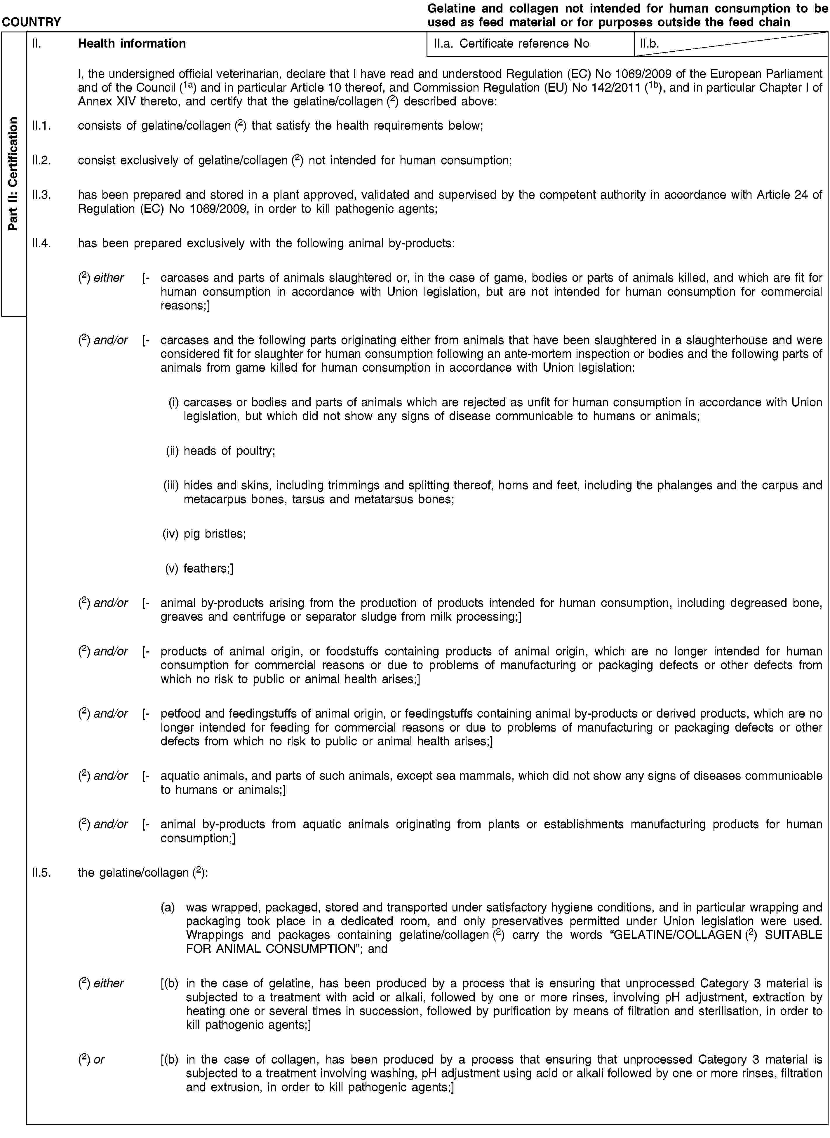 Part II: CertificationCOUNTRYGelatine and collagen not intended for human consumption to be used as feed material or for purposes outside the feed chainII. Health informationII.a. Certificate reference NoII.b.I, the undersigned official veterinarian, declare that I have read and understood Regulation (EC) No 1069/2009 of the European Parliament and of the Council (1a) and in particular Article 10 thereof, and Commission Regulation (EU) No 142/2011 (1b), and in particular Chapter I of Annex XIV thereto, and certify that the gelatine/collagen (2) described above:II.1. consists of gelatine/collagen (2) that satisfy the health requirements below;II.2. consist exclusively of gelatine/collagen (2) not intended for human consumption;II.3. has been prepared and stored in a plant approved, validated and supervised by the competent authority in accordance with Article 24 of Regulation (EC) No 1069/2009, in order to kill pathogenic agents;II.4. has been prepared exclusively with the following animal by-products:(2) either [- carcases and parts of animals slaughtered or, in the case of game, bodies or parts of animals killed, and which are fit for human consumption in accordance with Union legislation, but are not intended for human consumption for commercial reasons;](2) and/or [- carcases and the following parts originating either from animals that have been slaughtered in a slaughterhouse and were considered fit for slaughter for human consumption following an ante-mortem inspection or bodies and the following parts of animals from game killed for human consumption in accordance with Union legislation:(i) carcases or bodies and parts of animals which are rejected as unfit for human consumption in accordance with Union legislation, but which did not show any signs of disease communicable to humans or animals;(ii) heads of poultry;(iii) hides and skins, including trimmings and splitting thereof, horns and feet, including the phalanges and the carpus and metacarpus bones, tarsus and metatarsus bones;(iv) pig bristles;(v) feathers;](2) and/or [- animal by-products arising from the production of products intended for human consumption, including degreased bone, greaves and centrifuge or separator sludge from milk processing;](2) and/or [- products of animal origin, or foodstuffs containing products of animal origin, which are no longer intended for human consumption for commercial reasons or due to problems of manufacturing or packaging defects or other defects from which no risk to public or animal health arises;](2) and/or [- petfood and feedingstuffs of animal origin, or feedingstuffs containing animal by-products or derived products, which are no longer intended for feeding for commercial reasons or due to problems of manufacturing or packaging defects or other defects from which no risk to public or animal health arises;](2) and/or [- aquatic animals, and parts of such animals, except sea mammals, which did not show any signs of diseases communicable to humans or animals;](2) and/or [- animal by-products from aquatic animals originating from plants or establishments manufacturing products for human consumption;]II.5. the gelatine/collagen (2):(a) was wrapped, packaged, stored and transported under satisfactory hygiene conditions, and in particular wrapping and packaging took place in a dedicated room, and only preservatives permitted under Union legislation were used.Wrappings and packages containing gelatine/collagen (2) carry the words “GELATINE/COLLAGEN (2) SUITABLE FOR ANIMAL CONSUMPTION”; and(2) either [(b) in the case of gelatine, has been produced by a process that is ensuring that unprocessed Category 3 material is subjected to a treatment with acid or alkali, followed by one or more rinses, involving pH adjustment, extraction by heating one or several times in succession, followed by purification by means of filtration and sterilisation, in order to kill pathogenic agents;](2) or [(b) in the case of collagen, has been produced by a process that ensuring that unprocessed Category 3 material is subjected to a treatment involving washing, pH adjustment using acid or alkali followed by one or more rinses, filtration and extrusion, in order to kill pathogenic agents;]