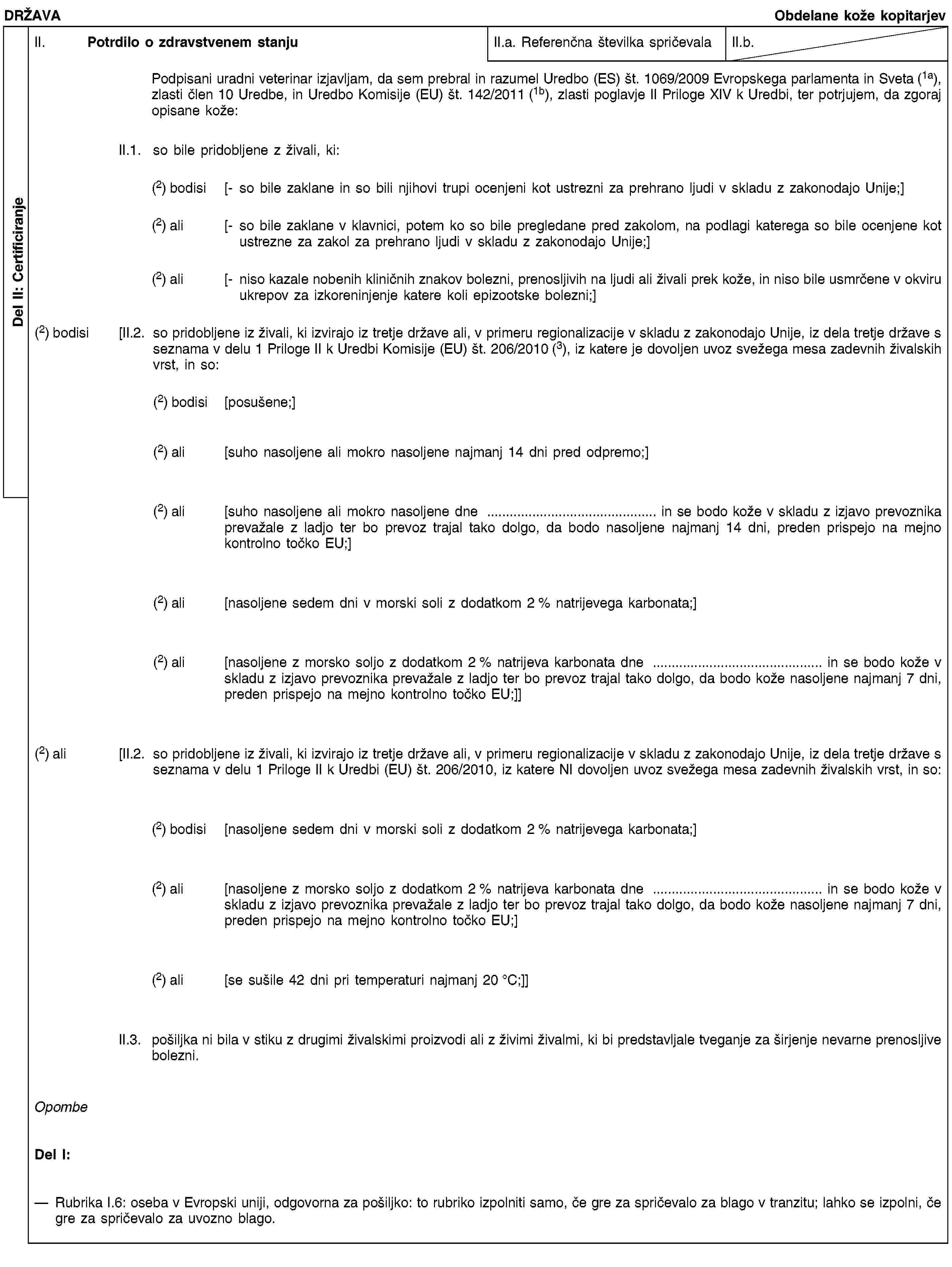 Del II: CertificiranjeDRŽAVAObdelane kože kopitarjevII. Potrdilo o zdravstvenem stanjuII.a. Referenčna številka spričevalaII.b.Podpisani uradni veterinar izjavljam, da sem prebral in razumel Uredbo (ES) št. 1069/2009 Evropskega parlamenta in Sveta (1a), zlasti člen 10 Uredbe, in Uredbo Komisije (EU) št. 142/2011 (1b), zlasti poglavje II Priloge XIV k Uredbi, ter potrjujem, da zgoraj opisane kože:II.1. so bile pridobljene z živali, ki:(2) bodisi [- so bile zaklane in so bili njihovi trupi ocenjeni kot ustrezni za prehrano ljudi v skladu z zakonodajo Unije;](2) ali [- so bile zaklane v klavnici, potem ko so bile pregledane pred zakolom, na podlagi katerega so bile ocenjene kot ustrezne za zakol za prehrano ljudi v skladu z zakonodajo Unije;](2) ali [- niso kazale nobenih kliničnih znakov bolezni, prenosljivih na ljudi ali živali prek kože, in niso bile usmrčene v okviru ukrepov za izkoreninjenje katere koli epizootske bolezni;](2) bodisi [II.2. so pridobljene iz živali, ki izvirajo iz tretje države ali, v primeru regionalizacije v skladu z zakonodajo Unije, iz dela tretje države s seznama v delu 1 Priloge II k Uredbi Komisije (EU) št. 206/2010 (3), iz katere je dovoljen uvoz svežega mesa zadevnih živalskih vrst, in so:(2) bodisi [posušene;](2) ali [suho nasoljene ali mokro nasoljene najmanj 14 dni pred odpremo;](2) ali [suho nasoljene ali mokro nasoljene dne … in se bodo kože v skladu z izjavo prevoznika prevažale z ladjo ter bo prevoz trajal tako dolgo, da bodo nasoljene najmanj 14 dni, preden prispejo na mejno kontrolno točko EU;](2) ali [nasoljene sedem dni v morski soli z dodatkom 2 % natrijevega karbonata;](2) ali [nasoljene z morsko soljo z dodatkom 2 % natrijeva karbonata dne … in se bodo kože v skladu z izjavo prevoznika prevažale z ladjo ter bo prevoz trajal tako dolgo, da bodo kože nasoljene najmanj 7 dni, preden prispejo na mejno kontrolno točko EU;]](2) ali [II.2. so pridobljene iz živali, ki izvirajo iz tretje države ali, v primeru regionalizacije v skladu z zakonodajo Unije, iz dela tretje države s seznama v delu 1 Priloge II k Uredbi (EU) št. 206/2010, iz katere NI dovoljen uvoz svežega mesa zadevnih živalskih vrst, in so:(2) bodisi [nasoljene sedem dni v morski soli z dodatkom 2 % natrijevega karbonata;](2) ali [nasoljene z morsko soljo z dodatkom 2 % natrijeva karbonata dne … in se bodo kože v skladu z izjavo prevoznika prevažale z ladjo ter bo prevoz trajal tako dolgo, da bodo kože nasoljene najmanj 7 dni, preden prispejo na mejno kontrolno točko EU;](2) ali [se sušile 42 dni pri temperaturi najmanj 20 °C;]]II.3. pošiljka ni bila v stiku z drugimi živalskimi proizvodi ali z živimi živalmi, ki bi predstavljale tveganje za širjenje nevarne prenosljive bolezni.OpombeDel I:Rubrika I.6: oseba v Evropski uniji, odgovorna za pošiljko: to rubriko izpolniti samo, če gre za spričevalo za blago v tranzitu; lahko se izpolni, če gre za spričevalo za uvozno blago.