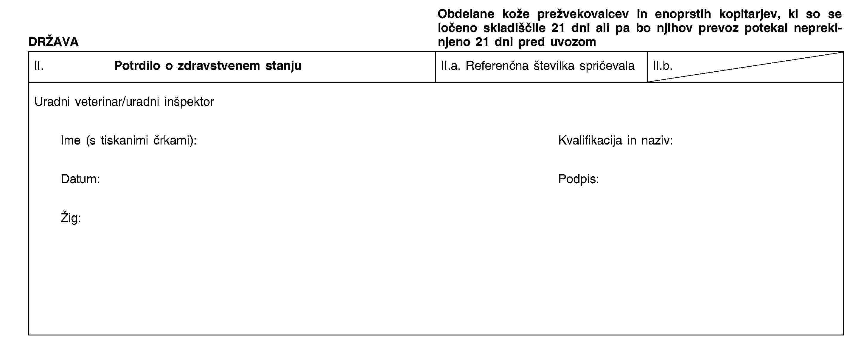 DRŽAVAObdelane kože prežvekovalcev in enoprstih kopitarjev, ki so se ločeno skladiščile 21 dni ali pa bo njihov prevoz potekal neprekinjeno 21 dni pred uvozomII. Potrdilo o zdravstvenem stanjuII.a. Referenčna številka spričevalaII.b.Uradni veterinar/uradni inšpektorIme (s tiskanimi črkami):Kvalifikacija in naziv:Datum:Podpis:Žig: