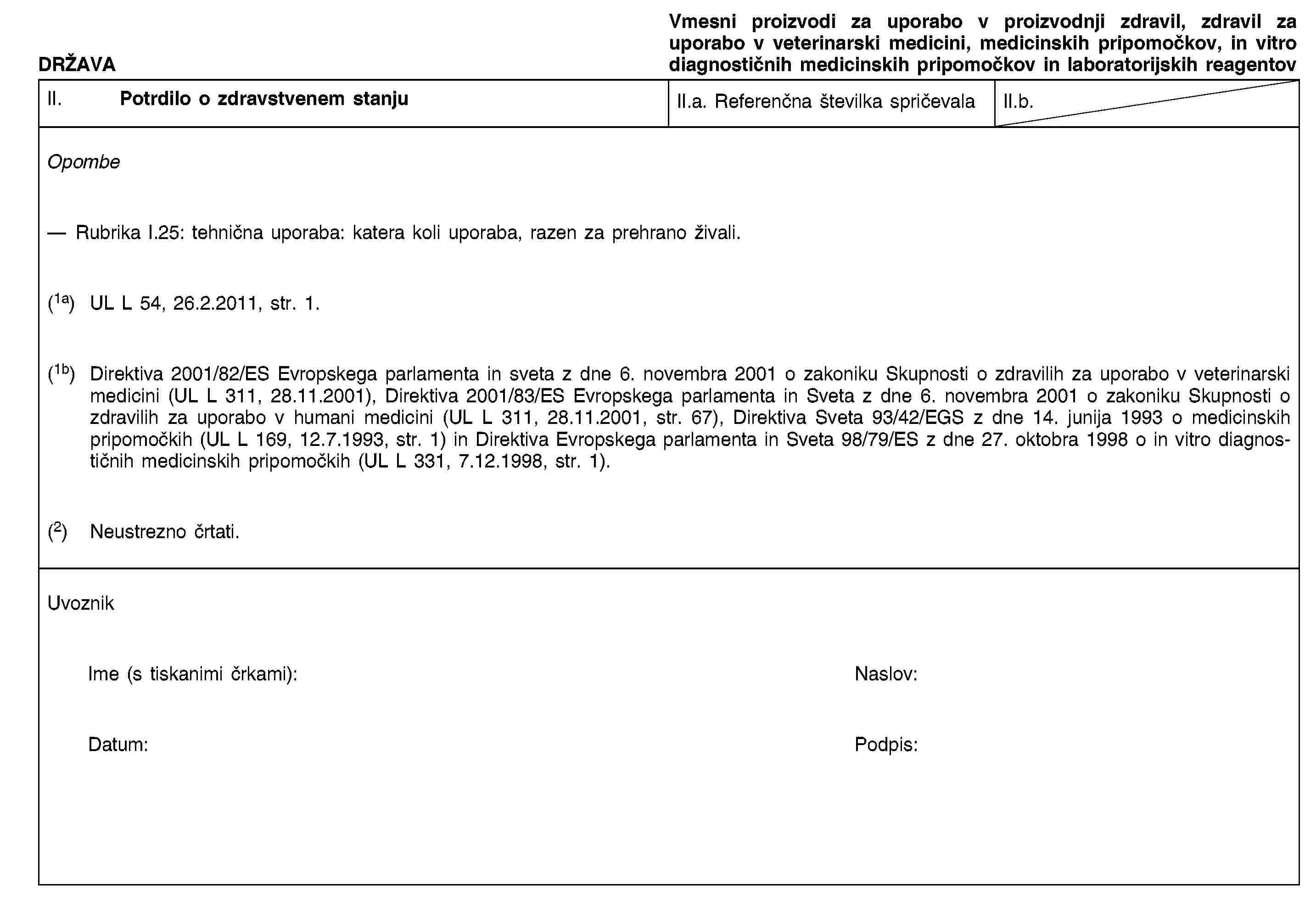 DRŽAVAVmesni proizvodi za uporabo v proizvodnji zdravil, zdravil za uporabo v veterinarski medicini, medicinskih pripomočkov, in vitro diagnostičnih medicinskih pripomočkov in laboratorijskih reagentovII. Potrdilo o zdravstvenem stanjuII.a. Referenčna številka spričevalaII.b.OpombeRubrika I.25: tehnična uporaba: katera koli uporaba, razen za prehrano živali.(1a) UL L 54, 26.2.2011, str. 1.(1b) Direktiva 2001/82/ES Evropskega parlamenta in sveta z dne 6. novembra 2001 o zakoniku Skupnosti o zdravilih za uporabo v veterinarski medicini (UL L 311, 28.11.2001), Direktiva 2001/83/ES Evropskega parlamenta in Sveta z dne 6. novembra 2001 o zakoniku Skupnosti o zdravilih za uporabo v humani medicini (UL L 311, 28.11.2001, str. 67), Direktiva Sveta 93/42/EGS z dne 14. junija 1993 o medicinskih pripomočkih (UL L 169, 12.7.1993, str. 1) in Direktiva Evropskega parlamenta in Sveta 98/79/ES z dne 27. oktobra 1998 o in vitro diagnostičnih medicinskih pripomočkih (UL L 331, 7.12.1998, str. 1).(2) Neustrezno črtati.UvoznikIme (s tiskanimi črkami):Naslov:Datum:Podpis: