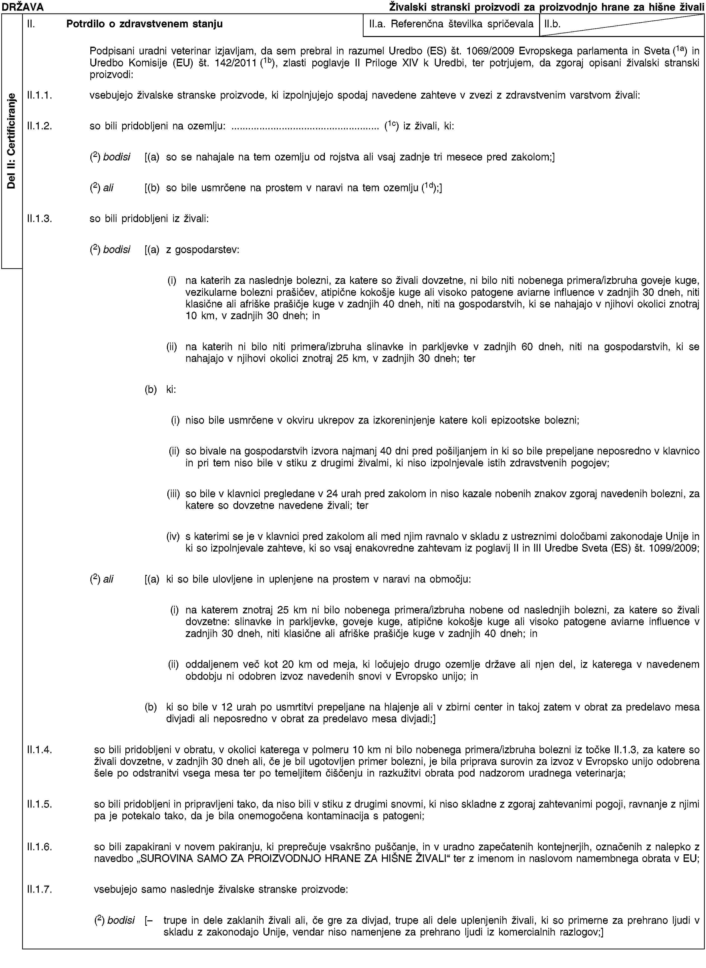 Del II: CertificiranjeDRŽAVAŽivalski stranski proizvodi za proizvodnjo hrane za hišne živaliII. Potrdilo o zdravstvenem stanjuII.a. Referenčna številka spričevalaII.b.Podpisani uradni veterinar izjavljam, da sem prebral in razumel Uredbo (ES) št. 1069/2009 Evropskega parlamenta in Sveta (1a) in Uredbo Komisije (EU) št. 142/2011 (1b), zlasti poglavje II Priloge XIV k Uredbi, ter potrjujem, da zgoraj opisani živalski stranski proizvodi:II.1.1. vsebujejo živalske stranske proizvode, ki izpolnjujejo spodaj navedene zahteve v zvezi z zdravstvenim varstvom živali:II.1.2. so bili pridobljeni na ozemlju: … (1c) iz živali, ki:(2) bodisi [(a) so se nahajale na tem ozemlju od rojstva ali vsaj zadnje tri mesece pred zakolom;](2) ali [(b) so bile usmrčene na prostem v naravi na tem ozemlju (1d);]II.1.3. so bili pridobljeni iz živali:(2) bodisi [(a) z gospodarstev:(i) na katerih za naslednje bolezni, za katere so živali dovzetne, ni bilo niti nobenega primera/izbruha goveje kuge, vezikularne bolezni prašičev, atipične kokošje kuge ali visoko patogene aviarne influence v zadnjih 30 dneh, niti klasične ali afriške prašičje kuge v zadnjih 40 dneh, niti na gospodarstvih, ki se nahajajo v njihovi okolici znotraj 10 km, v zadnjih 30 dneh; in(ii) na katerih ni bilo niti primera/izbruha slinavke in parkljevke v zadnjih 60 dneh, niti na gospodarstvih, ki se nahajajo v njihovi okolici znotraj 25 km, v zadnjih 30 dneh; ter(b) ki:(i) niso bile usmrčene v okviru ukrepov za izkoreninjenje katere koli epizootske bolezni;(ii) so bivale na gospodarstvih izvora najmanj 40 dni pred pošiljanjem in ki so bile prepeljane neposredno v klavnico in pri tem niso bile v stiku z drugimi živalmi, ki niso izpolnjevale istih zdravstvenih pogojev;(iii) so bile v klavnici pregledane v 24 urah pred zakolom in niso kazale nobenih znakov zgoraj navedenih bolezni, za katere so dovzetne navedene živali; ter(iv) s katerimi se je v klavnici pred zakolom ali med njim ravnalo v skladu z ustreznimi določbami zakonodaje Unije in ki so izpolnjevale zahteve, ki so vsaj enakovredne zahtevam iz poglavij II in III Uredbe Sveta (ES) št. 1099/2009;(2) ali [(a) ki so bile ulovljene in uplenjene na prostem v naravi na območju:(i) na katerem znotraj 25 km ni bilo nobenega primera/izbruha nobene od naslednjih bolezni, za katere so živali dovzetne: slinavke in parkljevke, goveje kuge, atipične kokošje kuge ali visoko patogene aviarne influence v zadnjih 30 dneh, niti klasične ali afriške prašičje kuge v zadnjih 40 dneh; in(ii) oddaljenem več kot 20 km od meja, ki ločujejo drugo ozemlje države ali njen del, iz katerega v navedenem obdobju ni odobren izvoz navedenih snovi v Evropsko unijo; in(b) ki so bile v 12 urah po usmrtitvi prepeljane na hlajenje ali v zbirni center in takoj zatem v obrat za predelavo mesa divjadi ali neposredno v obrat za predelavo mesa divjadi;]II.1.4. so bili pridobljeni v obratu, v okolici katerega v polmeru 10 km ni bilo nobenega primera/izbruha bolezni iz točke II.1.3, za katere so živali dovzetne, v zadnjih 30 dneh ali, če je bil ugotovljen primer bolezni, je bila priprava surovin za izvoz v Evropsko unijo odobrena šele po odstranitvi vsega mesa ter po temeljitem čiščenju in razkužitvi obrata pod nadzorom uradnega veterinarja;II.1.5. so bili pridobljeni in pripravljeni tako, da niso bili v stiku z drugimi snovmi, ki niso skladne z zgoraj zahtevanimi pogoji, ravnanje z njimi pa je potekalo tako, da je bila onemogočena kontaminacija s patogeni;II.1.6. so bili zapakirani v novem pakiranju, ki preprečuje vsakršno puščanje, in v uradno zapečatenih kontejnerjih, označenih z nalepko z navedbo „SUROVINA SAMO ZA PROIZVODNJO HRANE ZA HIŠNE ŽIVALI“ ter z imenom in naslovom namembnega obrata v EU;II.1.7. vsebujejo samo naslednje živalske stranske proizvode:(2) bodisi [– trupe in dele zaklanih živali ali, če gre za divjad, trupe ali dele uplenjenih živali, ki so primerne za prehrano ljudi v skladu z zakonodajo Unije, vendar niso namenjene za prehrano ljudi iz komercialnih razlogov;]
