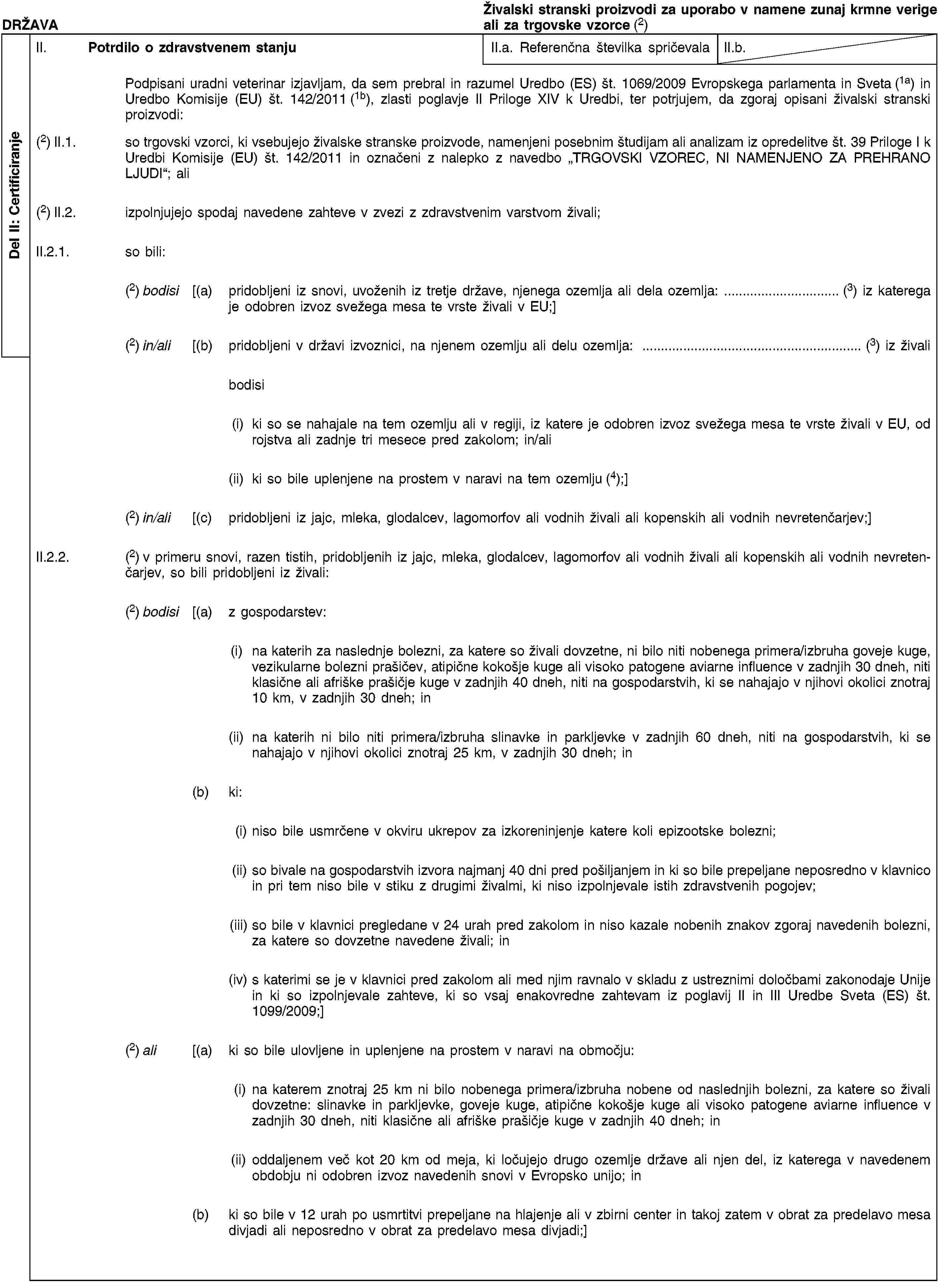 Del II: CertificiranjeDRŽAVAŽivalski stranski proizvodi za uporabo v namene zunaj krmne verige ali za trgovske vzorce (2)II. Potrdilo o zdravstvenem stanjuII.a. Referenčna številka spričevalaII.b.Podpisani uradni veterinar izjavljam, da sem prebral in razumel Uredbo (ES) št. 1069/2009 Evropskega parlamenta in Sveta (1a) in Uredbo Komisije (EU) št. 142/2011 (1b), zlasti poglavje II Priloge XIV k Uredbi, ter potrjujem, da zgoraj opisani živalski stranski proizvodi:(2) II.1. so trgovski vzorci, ki vsebujejo živalske stranske proizvode, namenjeni posebnim študijam ali analizam iz opredelitve št. 39 Priloge I k Uredbi Komisije (EU) št. 142/2011 in označeni z nalepko z navedbo „TRGOVSKI VZOREC, NI NAMENJENO ZA PREHRANO LJUDI“; ali(2) II.2. izpolnjujejo spodaj navedene zahteve v zvezi z zdravstvenim varstvom živali;II.2.1. so bili:(2) bodisi [(a) pridobljeni iz snovi, uvoženih iz tretje države, njenega ozemlja ali dela ozemlja: … (3) iz katerega je odobren izvoz svežega mesa te vrste živali v EU;](2) in/ali [(b) pridobljeni v državi izvoznici, na njenem ozemlju ali delu ozemlja: … (3) iz živalibodisi(i) ki so se nahajale na tem ozemlju ali v regiji, iz katere je odobren izvoz svežega mesa te vrste živali v EU, od rojstva ali zadnje tri mesece pred zakolom; in/ali(ii) ki so bile uplenjene na prostem v naravi na tem ozemlju (4);](2) in/ali [(c) pridobljeni iz jajc, mleka, glodalcev, lagomorfov ali vodnih živali ali kopenskih ali vodnih nevretenčarjev;]II.2.2. (2) v primeru snovi, razen tistih, pridobljenih iz jajc, mleka, glodalcev, lagomorfov ali vodnih živali ali kopenskih ali vodnih nevretenčarjev, so bili pridobljeni iz živali:(2) bodisi [(a) z gospodarstev:(i) na katerih za naslednje bolezni, za katere so živali dovzetne, ni bilo niti nobenega primera/izbruha goveje kuge, vezikularne bolezni prašičev, atipične kokošje kuge ali visoko patogene aviarne influence v zadnjih 30 dneh, niti klasične ali afriške prašičje kuge v zadnjih 40 dneh, niti na gospodarstvih, ki se nahajajo v njihovi okolici znotraj 10 km, v zadnjih 30 dneh; in(ii) na katerih ni bilo niti primera/izbruha slinavke in parkljevke v zadnjih 60 dneh, niti na gospodarstvih, ki se nahajajo v njihovi okolici znotraj 25 km, v zadnjih 30 dneh; in(b) ki:(i) niso bile usmrčene v okviru ukrepov za izkoreninjenje katere koli epizootske bolezni;(ii) so bivale na gospodarstvih izvora najmanj 40 dni pred pošiljanjem in ki so bile prepeljane neposredno v klavnico in pri tem niso bile v stiku z drugimi živalmi, ki niso izpolnjevale istih zdravstvenih pogojev;(iii) so bile v klavnici pregledane v 24 urah pred zakolom in niso kazale nobenih znakov zgoraj navedenih bolezni, za katere so dovzetne navedene živali; in(iv) s katerimi se je v klavnici pred zakolom ali med njim ravnalo v skladu z ustreznimi določbami zakonodaje Unije in ki so izpolnjevale zahteve, ki so vsaj enakovredne zahtevam iz poglavij II in III Uredbe Sveta (ES) št. 1099/2009;](2) ali [(a) ki so bile ulovljene in uplenjene na prostem v naravi na območju:(i) na katerem znotraj 25 km ni bilo nobenega primera/izbruha nobene od naslednjih bolezni, za katere so živali dovzetne: slinavke in parkljevke, goveje kuge, atipične kokošje kuge ali visoko patogene aviarne influence v zadnjih 30 dneh, niti klasične ali afriške prašičje kuge v zadnjih 40 dneh; in(ii) oddaljenem več kot 20 km od meja, ki ločujejo drugo ozemlje države ali njen del, iz katerega v navedenem obdobju ni odobren izvoz navedenih snovi v Evropsko unijo; in(b) ki so bile v 12 urah po usmrtitvi prepeljane na hlajenje ali v zbirni center in takoj zatem v obrat za predelavo mesa divjadi ali neposredno v obrat za predelavo mesa divjadi;]