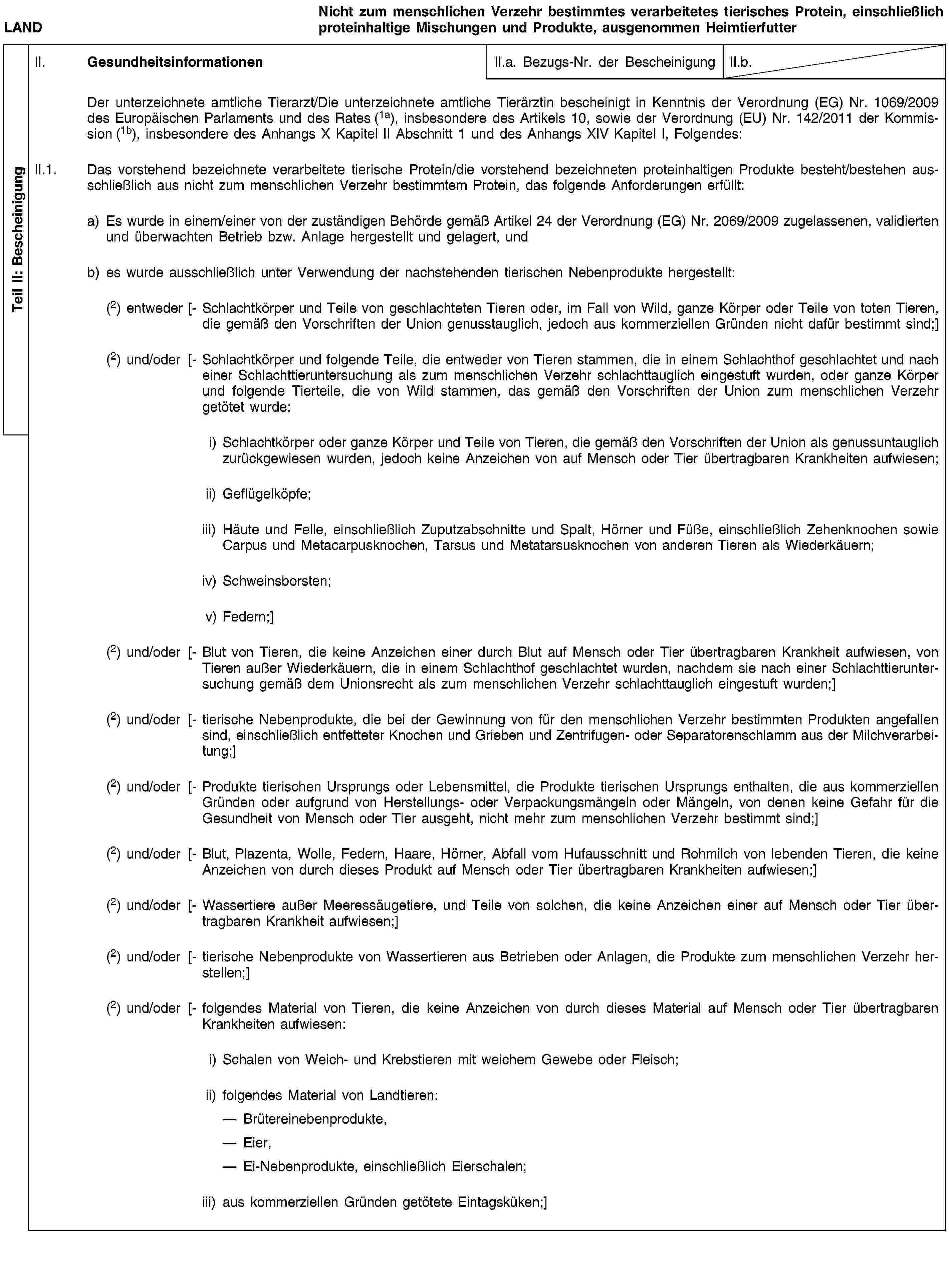 Teil II: BescheinigungLANDNicht zum menschlichen Verzehr bestimmtes verarbeitetes tierisches Protein, einschließlich proteinhaltige Mischungen und Produkte, ausgenommen HeimtierfutterII. GesundheitsinformationenII.a. Bezugs-Nr. der BescheinigungII.b.Der unterzeichnete amtliche Tierarzt/Die unterzeichnete amtliche Tierärztin bescheinigt in Kenntnis der Verordnung (EG) Nr. 1069/2009 des Europäischen Parlaments und des Rates (1a), insbesondere des Artikels 10, sowie der Verordnung (EU) Nr. 142/2011 der Kommission (1b), insbesondere des Anhangs X Kapitel II Abschnitt 1 und des Anhangs XIV Kapitel I, Folgendes:II.1. Das vorstehend bezeichnete verarbeitete tierische Protein/die vorstehend bezeichneten proteinhaltigen Produkte besteht/bestehen ausschließlich aus nicht zum menschlichen Verzehr bestimmtem Protein, das folgende Anforderungen erfüllt:a) Es wurde in einem/einer von der zuständigen Behörde gemäß Artikel 24 der Verordnung (EG) Nr. 2069/2009 zugelassenen, validierten und überwachten Betrieb bzw. Anlage hergestellt und gelagert, undb) es wurde ausschließlich unter Verwendung der nachstehenden tierischen Nebenprodukte hergestellt:(2) entweder [- Schlachtkörper und Teile von geschlachteten Tieren oder, im Fall von Wild, ganze Körper oder Teile von toten Tieren, die gemäß den Vorschriften der Union genusstauglich, jedoch aus kommerziellen Gründen nicht dafür bestimmt sind;](2) und/oder [- Schlachtkörper und folgende Teile, die entweder von Tieren stammen, die in einem Schlachthof geschlachtet und nach einer Schlachttieruntersuchung als zum menschlichen Verzehr schlachttauglich eingestuft wurden, oder ganze Körper und folgende Tierteile, die von Wild stammen, das gemäß den Vorschriften der Union zum menschlichen Verzehr getötet wurde:i) Schlachtkörper oder ganze Körper und Teile von Tieren, die gemäß den Vorschriften der Union als genussuntauglich zurückgewiesen wurden, jedoch keine Anzeichen von auf Mensch oder Tier übertragbaren Krankheiten aufwiesen;ii) Geflügelköpfe;iii) Häute und Felle, einschließlich Zuputzabschnitte und Spalt, Hörner und Füße, einschließlich Zehenknochen sowie Carpus und Metacarpusknochen, Tarsus und Metatarsusknochen von anderen Tieren als Wiederkäuern;iv) Schweinsborsten;v) Federn;](2) und/oder [- Blut von Tieren, die keine Anzeichen einer durch Blut auf Mensch oder Tier übertragbaren Krankheit aufwiesen, von Tieren außer Wiederkäuern, die in einem Schlachthof geschlachtet wurden, nachdem sie nach einer Schlachttieruntersuchung gemäß dem Unionsrecht als zum menschlichen Verzehr schlachttauglich eingestuft wurden;](2) und/oder [- tierische Nebenprodukte, die bei der Gewinnung von für den menschlichen Verzehr bestimmten Produkten angefallen sind, einschließlich entfetteter Knochen und Grieben und Zentrifugen- oder Separatorenschlamm aus der Milchverarbeitung;](2) und/oder [- Produkte tierischen Ursprungs oder Lebensmittel, die Produkte tierischen Ursprungs enthalten, die aus kommerziellen Gründen oder aufgrund von Herstellungs- oder Verpackungsmängeln oder Mängeln, von denen keine Gefahr für die Gesundheit von Mensch oder Tier ausgeht, nicht mehr zum menschlichen Verzehr bestimmt sind;](2) und/oder [- Blut, Plazenta, Wolle, Federn, Haare, Hörner, Abfall vom Hufausschnitt und Rohmilch von lebenden Tieren, die keine Anzeichen von durch dieses Produkt auf Mensch oder Tier übertragbaren Krankheiten aufwiesen;](2) und/oder [- Wassertiere außer Meeressäugetiere, und Teile von solchen, die keine Anzeichen einer auf Mensch oder Tier übertragbaren Krankheit aufwiesen;](2) und/oder [- tierische Nebenprodukte von Wassertieren aus Betrieben oder Anlagen, die Produkte zum menschlichen Verzehr herstellen;](2) und/oder [- folgendes Material von Tieren, die keine Anzeichen von durch dieses Material auf Mensch oder Tier übertragbaren Krankheiten aufwiesen:i) Schalen von Weich- und Krebstieren mit weichem Gewebe oder Fleisch;ii) folgendes Material von Landtieren:Brütereinebenprodukte,Eier,Ei-Nebenprodukte, einschließlich Eierschalen;iii) aus kommerziellen Gründen getötete Eintagsküken;]