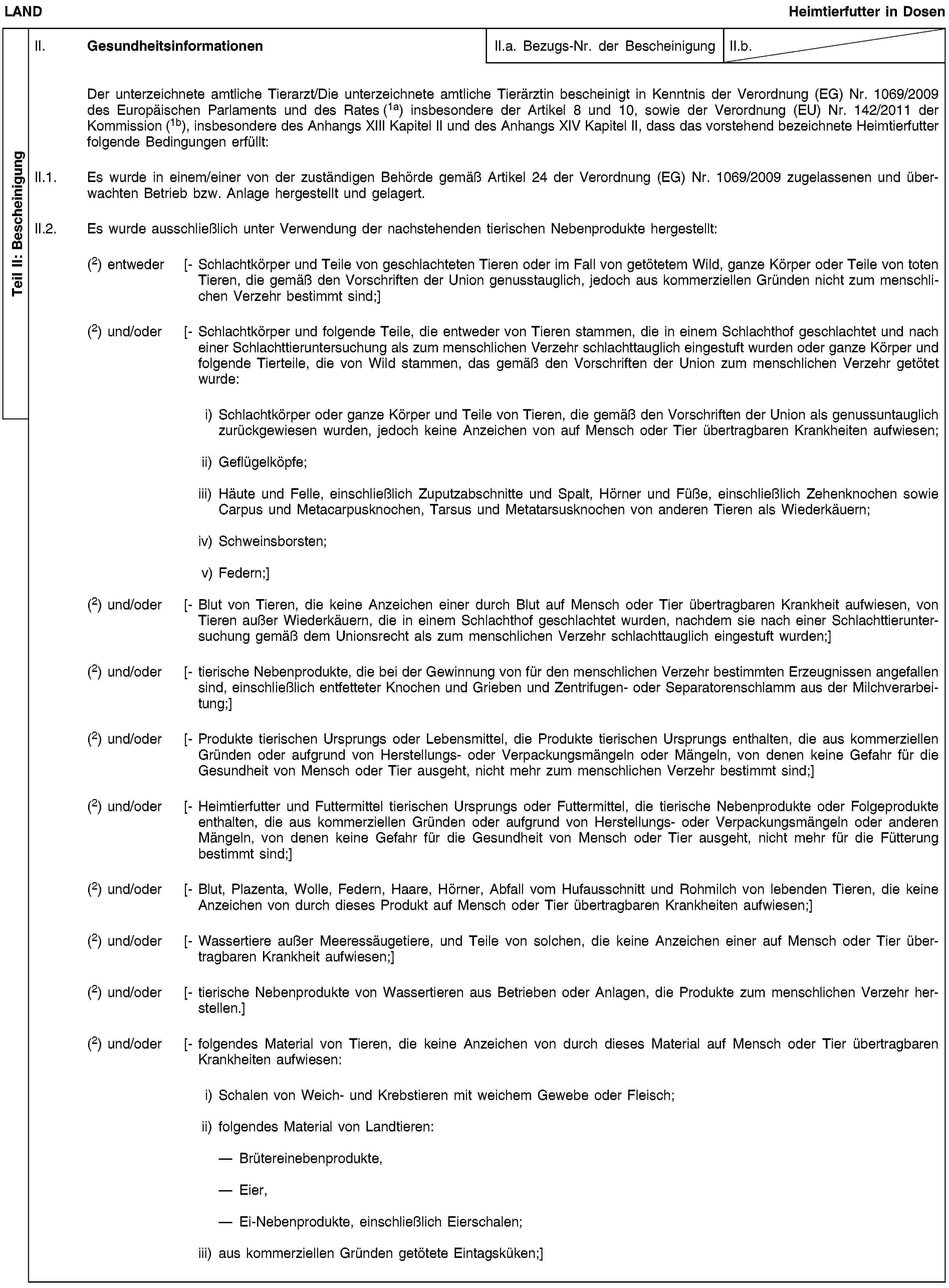 Teil II: BescheinigungLANDHeimtierfutter in DosenII. GesundheitsinformationenII.a. Bezugs-Nr. der BescheinigungII.b.Der unterzeichnete amtliche Tierarzt/Die unterzeichnete amtliche Tierärztin bescheinigt in Kenntnis der Verordnung (EG) Nr. 1069/2009 des Europäischen Parlaments und des Rates (1a) insbesondere der Artikel 8 und 10, sowie der Verordnung (EU) Nr. 142/2011 der Kommission (1b), insbesondere des Anhangs XIII Kapitel II und des Anhangs XIV Kapitel II, dass das vorstehend bezeichnete Heimtierfutter folgende Bedingungen erfüllt:II.1. Es wurde in einem/einer von der zuständigen Behörde gemäß Artikel 24 der Verordnung (EG) Nr. 1069/2009 zugelassenen und überwachten Betrieb bzw. Anlage hergestellt und gelagert.II.2. Es wurde ausschließlich unter Verwendung der nachstehenden tierischen Nebenprodukte hergestellt:(2) entweder [- Schlachtkörper und Teile von geschlachteten Tieren oder im Fall von getötetem Wild, ganze Körper oder Teile von toten Tieren, die gemäß den Vorschriften der Union genusstauglich, jedoch aus kommerziellen Gründen nicht zum menschlichen Verzehr bestimmt sind;](2) und/oder [- Schlachtkörper und folgende Teile, die entweder von Tieren stammen, die in einem Schlachthof geschlachtet und nach einer Schlachttieruntersuchung als zum menschlichen Verzehr schlachttauglich eingestuft wurden oder ganze Körper und folgende Tierteile, die von Wild stammen, das gemäß den Vorschriften der Union zum menschlichen Verzehr getötet wurde:i) Schlachtkörper oder ganze Körper und Teile von Tieren, die gemäß den Vorschriften der Union als genussuntauglich zurückgewiesen wurden, jedoch keine Anzeichen von auf Mensch oder Tier übertragbaren Krankheiten aufwiesen;ii) Geflügelköpfe;iii) Häute und Felle, einschließlich Zuputzabschnitte und Spalt, Hörner und Füße, einschließlich Zehenknochen sowie Carpus und Metacarpusknochen, Tarsus und Metatarsusknochen von anderen Tieren als Wiederkäuern;iv) Schweinsborsten;v) Federn;](2) und/oder [- Blut von Tieren, die keine Anzeichen einer durch Blut auf Mensch oder Tier übertragbaren Krankheit aufwiesen, von Tieren außer Wiederkäuern, die in einem Schlachthof geschlachtet wurden, nachdem sie nach einer Schlachttieruntersuchung gemäß dem Unionsrecht als zum menschlichen Verzehr schlachttauglich eingestuft wurden;](2) und/oder [- tierische Nebenprodukte, die bei der Gewinnung von für den menschlichen Verzehr bestimmten Erzeugnissen angefallen sind, einschließlich entfetteter Knochen und Grieben und Zentrifugen- oder Separatorenschlamm aus der Milchverarbeitung;](2) und/oder [- Produkte tierischen Ursprungs oder Lebensmittel, die Produkte tierischen Ursprungs enthalten, die aus kommerziellen Gründen oder aufgrund von Herstellungs- oder Verpackungsmängeln oder Mängeln, von denen keine Gefahr für die Gesundheit von Mensch oder Tier ausgeht, nicht mehr zum menschlichen Verzehr bestimmt sind;](2) und/oder [- Heimtierfutter und Futtermittel tierischen Ursprungs oder Futtermittel, die tierische Nebenprodukte oder Folgeprodukte enthalten, die aus kommerziellen Gründen oder aufgrund von Herstellungs- oder Verpackungsmängeln oder anderen Mängeln, von denen keine Gefahr für die Gesundheit von Mensch oder Tier ausgeht, nicht mehr für die Fütterung bestimmt sind;](2) und/oder [- Blut, Plazenta, Wolle, Federn, Haare, Hörner, Abfall vom Hufausschnitt und Rohmilch von lebenden Tieren, die keine Anzeichen von durch dieses Produkt auf Mensch oder Tier übertragbaren Krankheiten aufwiesen;](2) und/oder [- Wassertiere außer Meeressäugetiere, und Teile von solchen, die keine Anzeichen einer auf Mensch oder Tier übertragbaren Krankheit aufwiesen;](2) und/oder [- tierische Nebenprodukte von Wassertieren aus Betrieben oder Anlagen, die Produkte zum menschlichen Verzehr herstellen.](2) und/oder [- folgendes Material von Tieren, die keine Anzeichen von durch dieses Material auf Mensch oder Tier übertragbaren Krankheiten aufwiesen:i) Schalen von Weich- und Krebstieren mit weichem Gewebe oder Fleisch;ii) folgendes Material von Landtieren:Brütereinebenprodukte,Eier,Ei-Nebenprodukte, einschließlich Eierschalen;iii) aus kommerziellen Gründen getötete Eintagsküken;]